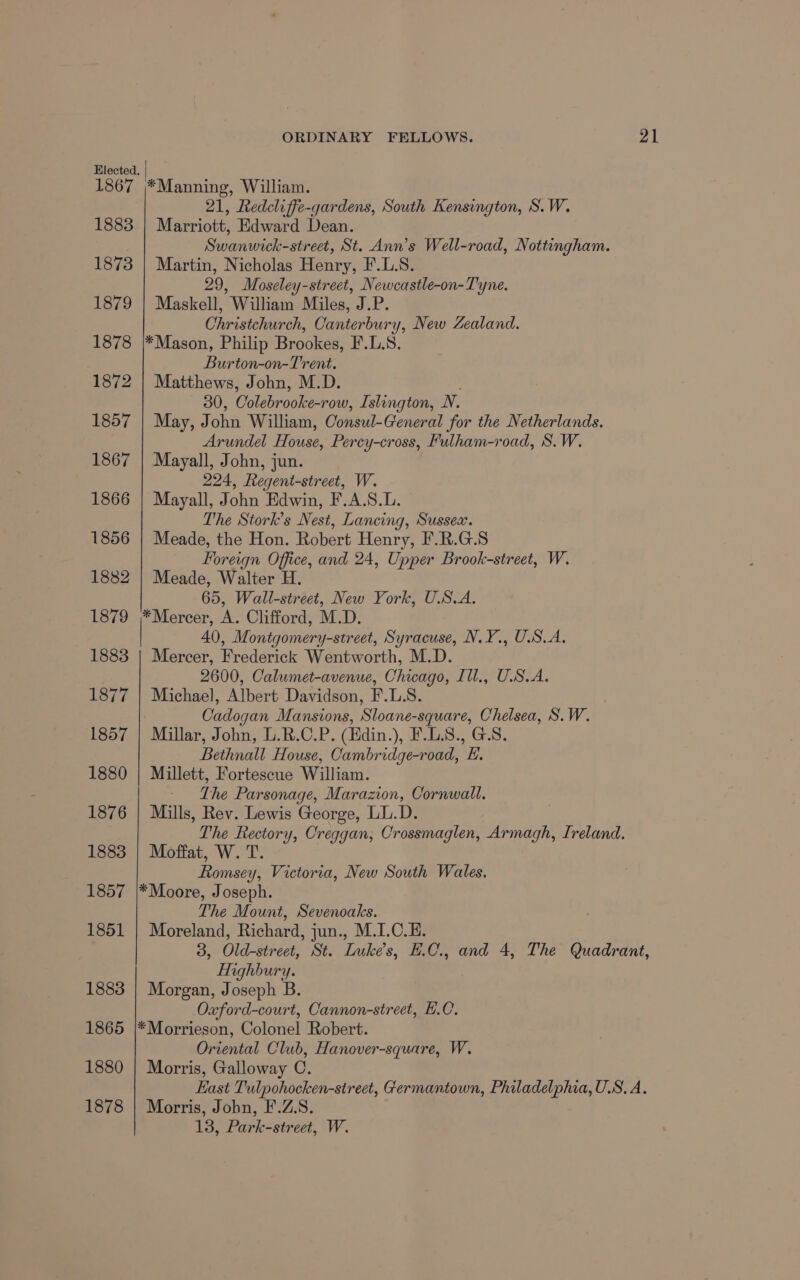 Elected. | 1883 1873 1879 1878 1872 1857 1867 1866 1856 1882 1879 1883 21, Redcliffe-gardens, South Kensington, S.W. Marriott, Edward Dean. Martin, Nicholas Henry, F.L.S. 29, Moseley-street, Newcastle-on-Tyne. Maskell, William Miles, J.P. Christchurch, Canterbury, New Zealand. Burton-on-Trent. Matthews, John, M.D. 30, Colebrooke-row, Islington, N. Arundel House, Percy-cross, Fulham-road, S.W. Mayall, John, jun. 224, Regent-street, W. Mayall, John Edwin, F.A.S.L. The Stork’s Nest, Lancing, Sussea. Meade, the Hon. Robert Henry, F.R.G.S Foreign Office, and 24, Upper Brook-street, W. Meade, Walter H. 65, Wall-street, New York, U.S.A. 40, Montgomery-street, Syracuse, N.Y., U.S.A. Mercer, Frederick Wentworth, M.D. 2600, Calumet-avenue, Chicago, Ill., USA. Michael, Albert Davidson, F.L.S. Cadogan Mansions, Sloane-square, Chelsea, S.W. Millar, John, U.R.C.P. (Edin.), F.L.8., G.S. Bethnall House, Cambridge-road, E. Millett, Fortescue William. The Parsonage, Marazion, Cornwall. Mills, Rev. Lewis George, LL.D. Moftat, W. T. Romsey, Victoria, New South Wales. The Mount, Sevenoaks. Moreland, Richard, jun., M.I.C.E. Highbury. Morgan, Joseph B. Oxford-court, Cannon-street, £.C. Oriental Club, Hanover-square, W. Morris, Galloway C. Morris, John, F.Z.S. 13, Park-street, W.