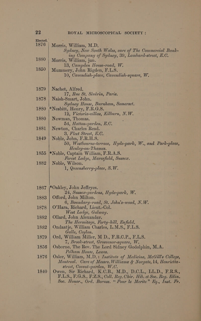 Elected. | 1876 | Morris, William, M.D. Sydney, New South Wales, care of The Commercial Bank- ing Company of Sydney, 39, Lombard-street, E.C. 1880 | Morris, William, jun. 13, Campden House-road, W. 1850 | Mummery, John Rigden, F.L.S. 10, Cavendish-place, Cavendish-square, W. 1879 | Nachet, Alfred. 17, Rue St. Sévérin, Paris. 1878 | Naish-Smart, John. Sydney House, Burnham, Somerset. 1880 *Nesbitt, Henry, F.R.GS. 12, Victoria-villas, Kilburn, N.W. 1880 | Newman, Thomas. 54, Hatton-garden, E.C. 1881 | Newton, Charles Read. 3, Fleet Street, E.C. 1849 | Noble, John, F.R.H.S. 50, Westbourne-terrace, Hyde-park, W., and Park-place, Henley-on-Thames. 1855 |*Noble, Captain William, F.R.A.S. Forest Lodge, Maresfield, Sussea. 1882 | Noble, Wilson. 1, Queensberry-place, S.W. 1867 |*Oakley, John Jeffryes. 24, Sussex-gardens, Hyde-park, W. 1883 | Offord, John Milton. 6, Boundary-road, St. John’s-wood, N.W. 1878 | O’Hara, Richard, Lieut.-Col. West Lodge, Galway. 1882 | Ollard, John Alexander. The Hermitage, Forty-hill, Enfield. 1882 | Ondaatje, William Charles, L.M.S., F.L.S. Galle, Ceylon. 1879 | Ord, William Miller, M D., F.R.C.P., F.L.S. 7, Brook-street, Grosvenor-square, W. 1856 | Osborne, The Rev. The Lord Sidney Godolphin, M.A. Pelham House, Lewes. 1876 | Osler, William, M.D.: Institute of Medicine, McGill’s College, Montreal. Care of Messrs.Williams &amp; Norgate, 14, Henrietta- street, Covent-garden, W.C. 1840 | Owen, Sir Richard, K.C.B., M.D., D.C.L., LL.D., F.R.S., F.LS., F.G.S., F:Z.S., Coll. Reg. Chir. Hib. et Soc. Reg. Edin. Soc. Honor., Ord. Boruss. “ Pour le Merite” Kq., Inst. Fr.