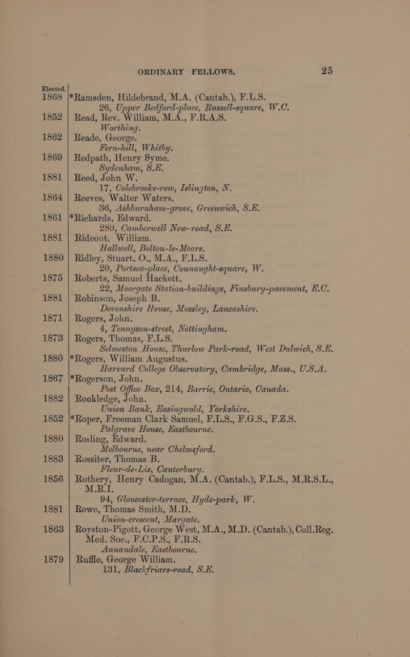 Elected 1868 1852 1862 1869 1881 1864 1861 1881 1880 1875 1881 1871 1873 1880 1867 1882 1852 1880 1883 ORDINARY FELLOWS. 25 26, Upper Bedford-place, Russell-square, W.C. Read, Rev. William, M.A., F.R.A.S. Worthing. Reade, George. Fern-hill, Whitby. Redpath, Henry Syme. Sydenham, S.. Reed, John W. 17, Colebrooke-row, Islington, NV. Reeves, Walter Waters. 36, Ashburnham-grove, Greenwich, S.E. 289, Camberwell New-road, S.E. Rideout, William. Hallwell, Bolton-le-Moors. Ridley, Stuart, O., M.A., F.LS. 20, Portsea-place, Connaught-square, W. Roberts, Samuel Hackett. 22, Moorgate Station-buildings, Finsbury-pavement, E.C. Devonshire House, Mossley, Lancashire. Rogers, John. 4, Tennyson-street, Nottingham. Rogers, Thomas, F.L.S. Selmeston House, Thurlow Park-road, West Dulwich, S.E. Harvard College Observatory, Cambridge, Mass., U.S.A. Post Office Bow, 214, Barrie, Ontario, Canada. Rookledge, John. Union Bank, Hasingwold, Yorkshire. Palgrave House, Eastbourne. Rosling, Edward. Melbourne, near Chelmsford. Rossiter, Thomas B. Pleur-de-Lis, Canterbury. Rothery, Henry Cadogan, M.A. (Cantab.), F.L.S., M.R.S.L., M.R.I. 94, Gloucester-terrace, Hyde-park, W. Rowe, Thomas Smith, M.D. Union-crescent, Margate. Royston-Pigott, George West, M.A., M.D. (Cantab.), Coll. Reg. Med. Soc., F.C.P.S., F.R.S. Annandale, Eastbourne. Ruffle, George William. 131, Blackfriars-road, S.E.