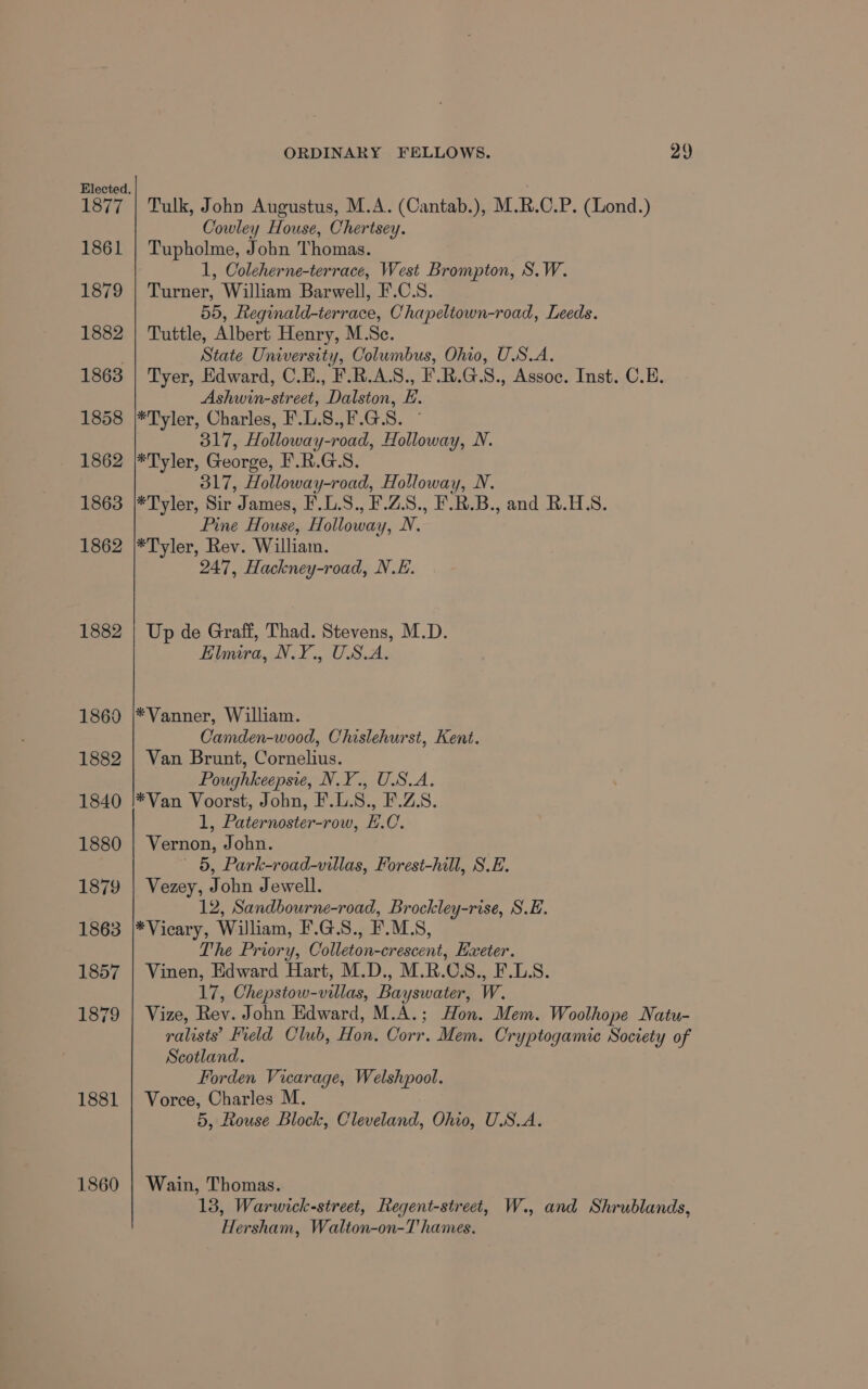 1861 1879 1882 1863 1858 1862 1863 1862 1882 1860 1882 1840 1880 1879 1863 1857 1879 18381 1860 ORDINARY FELLOWS. 29 Cowley House, Chertsey. Tupholme, John Thomas. 1, Coleherne-terrace, West Brompton, S.W. Turner, William Barwell, F.C.S. 55, Reginald-terrace, Chapeltown-road, Leeds. Tuttle, Albert Henry, M.Sc. State University, Columbus, Ohio, U.S.A. Tyer, Edward, C.E., F.R.A.S., F.R.G.S., Assoc. Inst. C.E. Ashwin-street, Dalston, E. *Tyler, Charles, F.L.8.,F.G.S. ° 317, Holloway-road, Holloway, N. *Tyler, George, F.R.G.S. 317, Holloway-road, Holloway, N. *Tyler, Sir James, F.L.S., F.Z.S., F.R.B., and R.HS. Pine House, Holloway, N. *Tyler, Rev. William. 247, Hackney-road, N.E. Up de Graff, Thad. Stevens, M.D. Elmira, N.Y, USA, *Vanner, William. Camden-wood, Chislehurst, Kent. Van Brunt, Cornelius. Poughkeepsie, N.Y., USA. *Van Voorst, John, F.L.S., F.Z.S. 1, Paternoster-row, H.C. Vernon, John. 5, Park-road-villas, Forest-hill, S.E. Vezey, John Jewell. 12, Sandbourne-road, Brockley-rise, S.E. *Vicary, William, F.G.S., F.M.S, The Priory, Colleton-crescent, Exeter. Vinen, Edward Hart, M.D., M.R.CS., F.L.S. 17, Chepstow-villas, Bayswater, W. Vize, Rev. John Edward, M.A.; Hon. Mem. Woolhope Natu- ralists’ Feld Club, Hon. Corr. Mem. Cryptogamie Society of Scotland. Forden Vicarage, Welshpool. Vorce, Charles M. 5, Rouse Block, Cleveland, Ohio, U.S.A. Wain, Thomas. 13, Warwick-street, Regent-street, W., and Shrublands, Hersham, Walton-on-Thames.