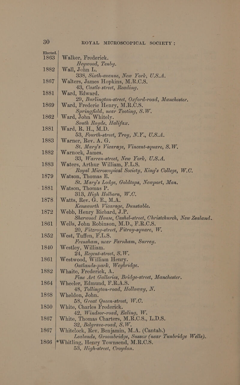 1863 1882 1867 1881 1869 1862 1881 1883 1882 1883 1879 1881 1878 1872 1861 1852 1840 1861 1882 1864 1868 1850 1867 1867 1866 - ROYAL MICROSCOPICAL SOCIETY: Walker, Frederick. Heywood, Tenby. Wall, Jobn L. 338, Stxth-avenue, New York, USA. Walters, James Hopkins, M.R.C.S. 43, Castle- street, Reading. Ward, Edward. 29, Burlington-street, Oxford-road, Manchester. Ward, Frederic Henry, M.R.C.S. Springfield, near Tooting, S.W. Ward, John Whitely. South Royde, Halifax. Ward, R. H., M.D. 53, Fourth-street, Troy, N.Y., U.S.A. ‘Warner, Rev. A. G St. Mary’s Vicarage, Vincent-square, S.W. Warnock, James. 33, Warren-street, New York, U.S.A. Waters, Arthur William, F.L.S. Royal Microscopical Society, King’s College, W.C. Watson, Thomas E. St. Mary’s Lodge, Goldtops, Newport, Mon. ‘Watson, Thomas P. 313, High Holborn, W.C. Watts, Rev. G. E., M.A. Kensworth Vicarage, Dunstable. Webb, Henry Richard, J.P. Sherwood House, Cashel-street, Christchurch, New Zealand.. Wells, John Robinson, M.D., F.R.C.S. 20, Fitzroy-street, Fitroy-square, W. West, Tuffen, F.L.S. Frensham, near Farnham, Surrey. Westley, William. 24, Regent-street, S.W. Westwood, William Henry. Oatlands-park, Weybridge. Whaite, Frederick, A. Fine Art Galleries, Bridge-street, Manchester. Wheeler, Edmund, F.R.A.S. 48, Tollington-road, Holloway, N. Wheldon, John. 58, Great Queen-street, W.C. White, Charles Frederick. 42, Windsor-road, Haling, W. White, Thomas Charters, M.R.C.S., L.D.S. 32, Belgrave-road, S.W. Whitelock, Rey. Benjamin, M.A. (Cantab.) Lealands, Groombridge, Sussex (near Tunbridge Wells). *Whitling, Henry Townsend, M.R.C.S. 53, High-street, Croydon.