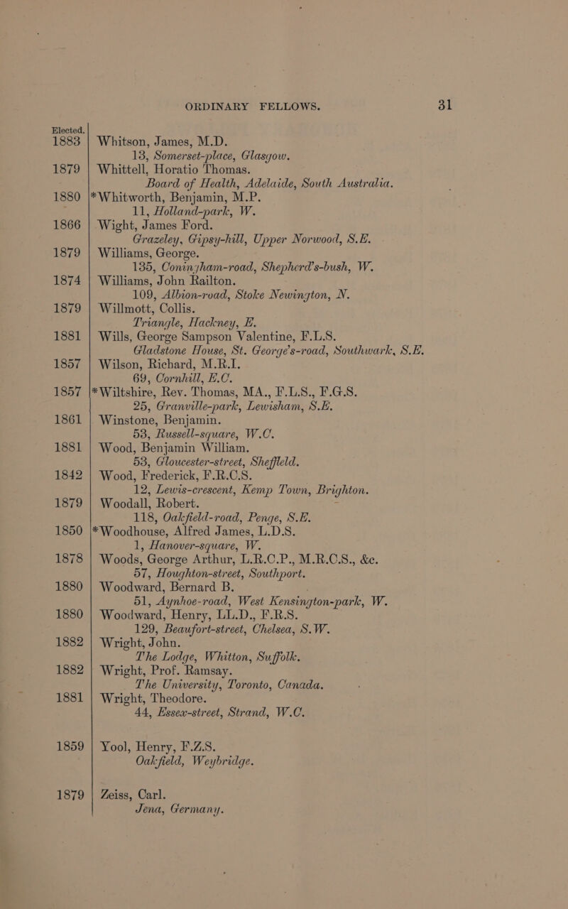 1883 1879 1880 1866 1879 1874 1879 1881 1859 1879 Whitson, James, M.D. 13, Somerset-place, Glasgow. Whittell, Horatio Thomas. Board of Health, Adelaide, South Australia. *Whitworth, Benjamin, M.P. 11, Holland-park, W. Wight, James Ford. Grazeley, Gipsy-hill, Upper Norwood, S.E. Williams, George. 135, Coninyham-road, Shepherd’s-bush, W. Williams, John Railton. 109, Albion-rvad, Stoke Newington, N. Willmott, Collis. Triangle, Hackney, E. Wills, George Sampson Valentine, F.L.S. Wilson, Richard, M.R.I. 69, Cornhill, E.C. * Wiltshire, Rev. Thomas, MA., F.L.S., F.G.S. 25, Granville-park, Lewisham, S.E. Winstone, Benjamin. 53, Russell-square, W.C. Wood, Benjamin William. 53, Gloucester-street, Sheffleld. Wood, Frederick, F.R.C.S. 12, Lewis-crescent, Kemp Town, Brig gion. Woodall, Robert. 118, Oakfield-road, Penge, S.E. * Woodhouse, Alfred James, L.D.S. 1, Hanover-square, W. Woods, George Arthur, L.R.C.P., M.R.CSS., &amp;e. 57, Houghton-street, Southport. Woodward, Bernard B. 51, Aynhoe- road, West Kensing gton-park, W. Woodward, Henry, LL.D., F.R.S. 129, Beaufort-street, epee S.W. Wright, John. The Lodge, Whitton, Suffolk. Wright, Prof. Ramsay. The Unwersity, Toronto, Canada. Wright, Theodore. 44, Essex-street, Strand, W.C. Yool, Henry, F.Z.S. Oakfield, Weybridge. Zeiss, Carl. Jena, Germany.