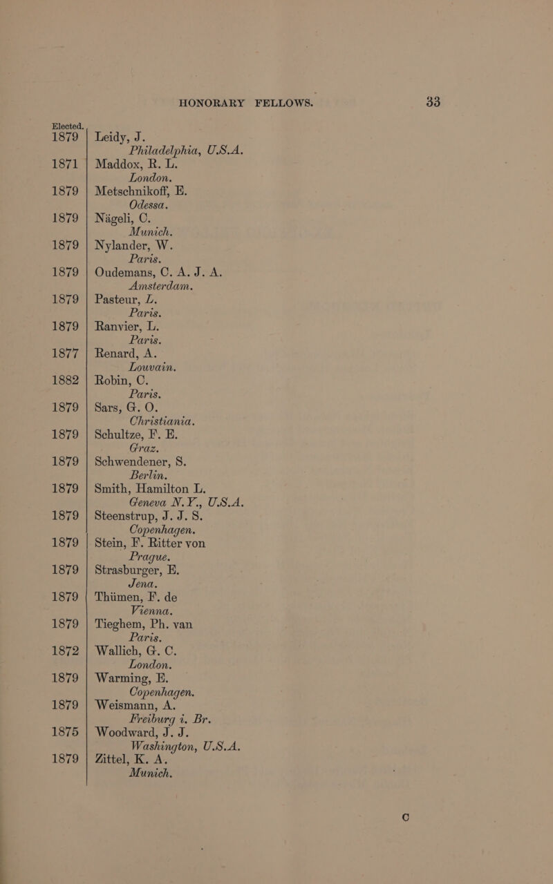 1879 1879 1879 1879 1879 1879 1879 1877 1882 1879 1879 1879 1879 1879 1879 1879 1879 1879 1872 1879 1879 1875 1879 Leidy, J. Philadelphia, U.S.A. Maddox, R. L. London. Metschnikoff, E. Odessa. Nigeli, C. Munich. Nylander, W. Paris. Oudemans, C. A. J. A. Amsterdam. Pasteur, L. Paris. Ranvier, L. Paris. Renard, A. Louvain. Robin, C. Paris. Sars, G. O. Christiania. Schultze, F. E. Graz. Schwendener, S. Berlin. Smith, Hamilton L. Geneva N.Y., USA. Steenstrup, J. J. 8. Copenhagen. Stein, EF’. Ritter von Prague. Strasburger, E. Jena. Thimen, F. de Vienna. Tieghem, Ph. van Paris. Wallich, G. C. London. Warming, E. Copenhagen. Weismann, A. Freiburg i. Br. Woodward, J. J. Washington, U.S.A. Zittel, K. A. Munich.