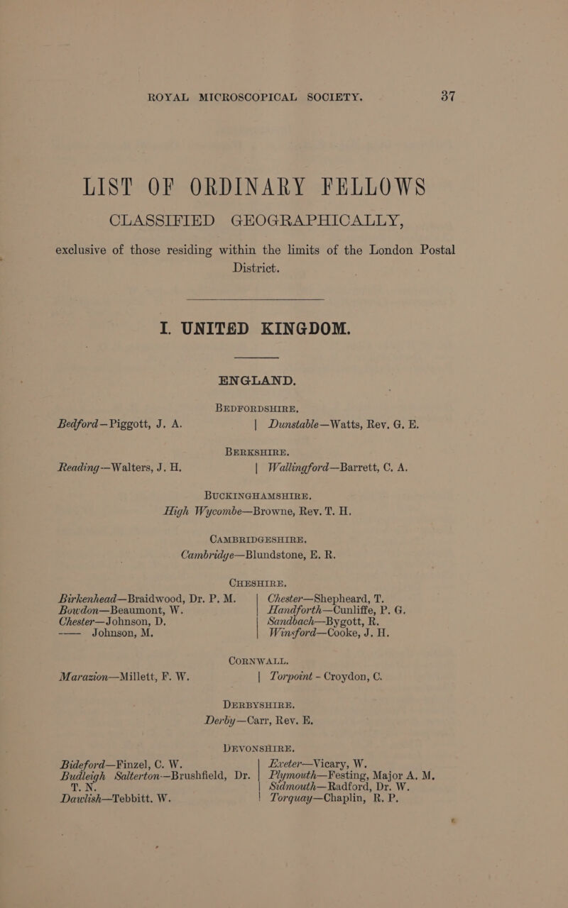 LIST OF ORDINARY FELLOWS CLASSIFIED GEOGRAPHICALLY, exclusive of those residing within the limits of the London Postal District. I UNITED KINGDOM. ENGLAND. BEDFORDSHIRE, Bedford —Piggott, J, A. | Dunstable—Watts, Rev. G. E. BERKSHIRE, Reading-—Walters, J. H. | Walhingford—Barrett, C, A. BUCKINGHAMSHIRE, Ihigh Wycombe—Browne, Rey. T. H. CAMBRIDGESHIRE. Cambridye—Blundstone, E, R. CHESHIRE. Birkenhead—Braidwood, Dr. P. M. Chester—Shepheard, T. Bowdon—Beaumont, W. Handforth—Cuniliffe, P. G. Chester—Johnson, D, Sandbach—Bygott, R. -— Johnson, M Winsford—Cooke, J, H. CORNWALL, Marazon—Millett, F. W. | Torpoint - Croydon, C. DERBYSHIRE. Derby—Carr, Rev. E. DEVONSHIRE, Bideford—Finzel, C. W. Exeter—Vicary, W. Sige Salterton-—Brushfield, Dr. | Plymouth—Festing, Major A. M. TD | Sidmouth—Radford, Dr. W. Dawlish—Tebbitt. W. | Torquay—Chaplin, R. P.