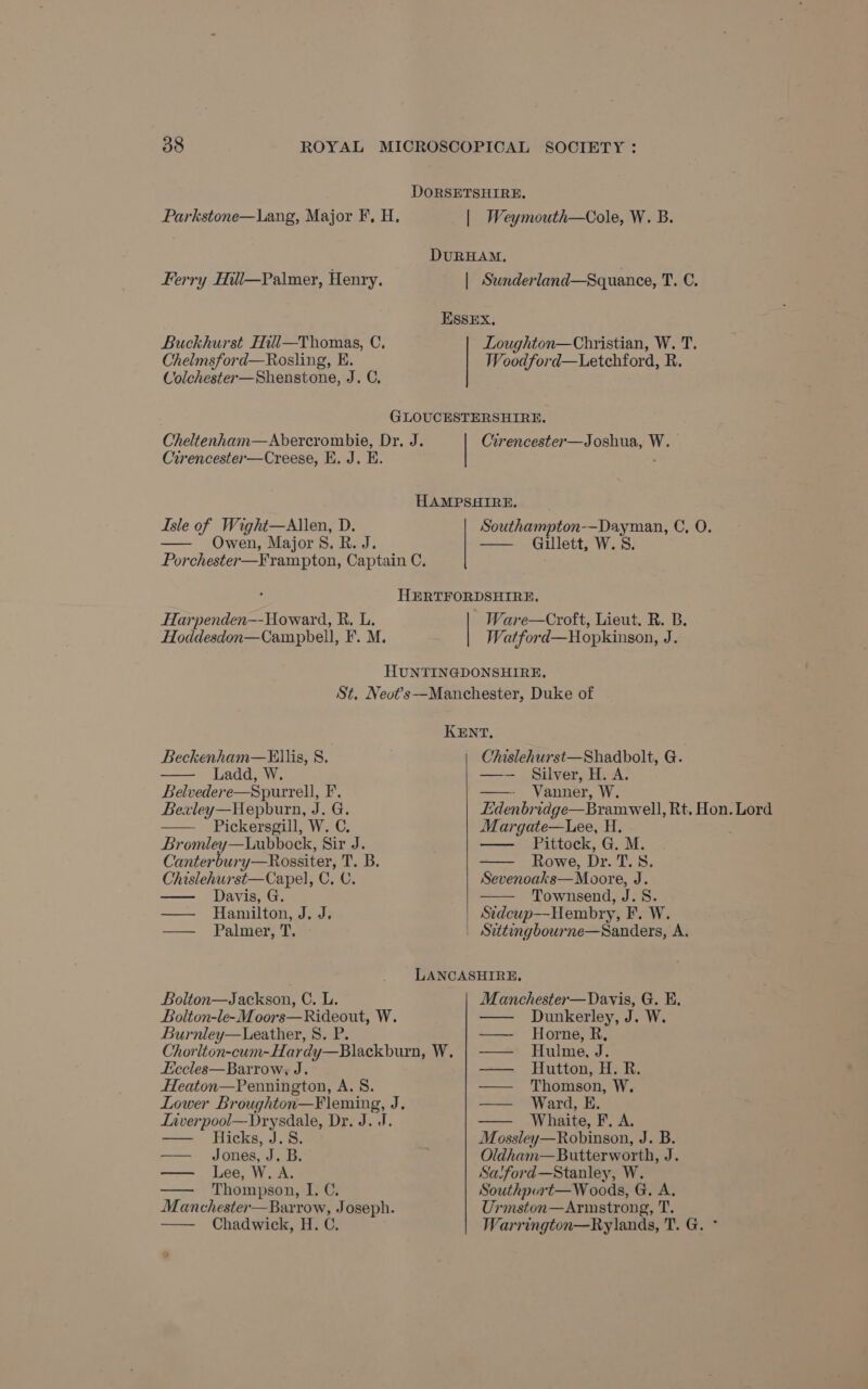 DORSETSHIRE. Parkstone—Lang, Major F. H. | Weymouth—Cole, W. B. DURHAM, | Ferry Hill—Palmer, Henry. | Sunderland—Squance, T. C. ESSEX. Buckhurst Hill—Thomas, C,. Chelmsford—Rosling, E. Colchester—Shenstone, J.C, Loughton—Christian, W. T. Woodford—Letchford, R. GLOUCESTERSHIRE. Cheltenham—Abercrombie, Dr. J. Cirencester—Joshua, W.- Cirencester—Creese, E. J. E. HAMPSHIRE, Isle of Wight—Allen, D. — Owen, Majors. R. J. Porchester—Frampton, Captain C. Southampton-——Dayman, C, O. — Gillett, W.S. ‘ HERTFORDSHIRE. Harpenden—-Howard, R. L. - Ware—Croft, Lieut. R. B. Hoddesdon—Campbell, F. M. Watford—Hopkinson, J. HUNTINGDONSHIRE. St, Nevts—Manchester, Duke of KENT, Beckenham—Kllis, 8. Chislehurst—Shadbolt, G. Ladd, W. —— Silver, H. A. Belvedere—Spurrell, F. —- Vanner, W. Bexley—Hepburn, J. G. LEdenbridge—Bramwell, Rt. Hon. Lord Pickersgill, W. C, Margate—Lee, H. Bromley—Uubbock, Sir J. — Pittock, G. M. Canterbury—Rossiter, Paids: Rowe, Dr. T. 8. Chislehurst—Capel, C. C. Sevenoaks—Moore, J. — Davis, G. Townsend, J. S. — Hamilton, J. J; Sidcup—Hembry, F. W. — Palmer, T. — Suttingbourne—Sanders, A. LANCASHIRE, Bolton—Jackson, C. L. Manchester—Davis, G. E. Bolton-le-M oors— Rideout, W. — Dunkerley, J. W. Burnley—Leather, 8. P. —- Horne, R, Choriton-cum-Hardy—Blackburn, W. Hulme, J. Liccles—Barrow, J. Heaton—Pennington, A. S. Lower Broughton—Fleming, J. Liverpool—Drysdale, Dr. J. J. Hutton, H. R. Thomson, W. Ward, E. Whaite, F. A. AT | — Hicks, J.S. Mossley—Robinson, J. B. —— Jones, J. B. Oldham—Butterworth, J. — Lee, W. A. Salford—Stanley, W. —— Thompson, I. C. Southport—W oods, G. A. Manchester—Barrow, Joseph. Urmston—Armstrong, T. —— Chadwick, H. C. Warrington—Ry lands, T. G. ° a