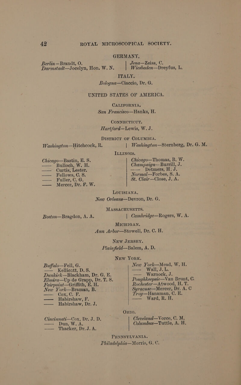 GERMANY, Berlin—Brandt, O. Jena—Zeiss, C. Darmstadt—Jocelyn, Hon, W. N. Wiesbaden—Dreyfus, L. ITALY, Bologna—Ciaccio, Dr. G. UNITED STATES OF AMERICA. CALIFORNIA, San Francisco—Hanks, H. CONNECTICUT, Hartford—Lewis, W. J. DISTRICT OF COLUMBIA. Washington—Hitchcock, R. | Washington—Sternberg, Dr. G. M. ILLINOIs. Chicago—Thomas, B. W. Champaign— Burrill, J. —-— Detmers, H: J. Normal—Forbes, 8. A. St. Clair —Close, J. A. Chicago—Bastin, E. 8. Bulloch, W. H. Curtis, Lester. Fellows, C. 8. Fuller, C. G. Mercer, Dr. F. W. aan LOUISIANA, New Orleans—Devron, Dr. G. MASSACHUSETTS. Boston—Bragdon, A. A. | Cambridge—Rogers, W. A. MICHIGAN. Ann Arbor—Stowell, Dr. C. H. NEw JERSEY. Plainfield—Balem, A. D. New YorK. Buffalo—Fell, G. New York—Mead, W. H. — Kellicott, D.S. Wall, J. L. Dunkirk —Blackham, Dr. G. E. —— ~Warnock, J. Elmira—Up de Grapp, Dr. T.S. Poughkeepsie—Van Brunt, C. Fairpoint—Griffith, E. H. Rochester—Atwood, H. T. New York—Braman, B. Syracuse—Mercer, Dr. A. C — Cox, C. F. Troy—Hanaman, C. E. —— Habirshaw, F. Ward, R. H. —— Habirshaw, Dr. J. ; OHIO. Cincinnati—Cox, Dr. J. D. Cleveland—V orce, C. M. Dun, W. A. Columbus—Tuttle, A. H. ——- Thacker, Dr. J. A, PENNSYLVANIA. Philadelphia—Morris, G. C.
