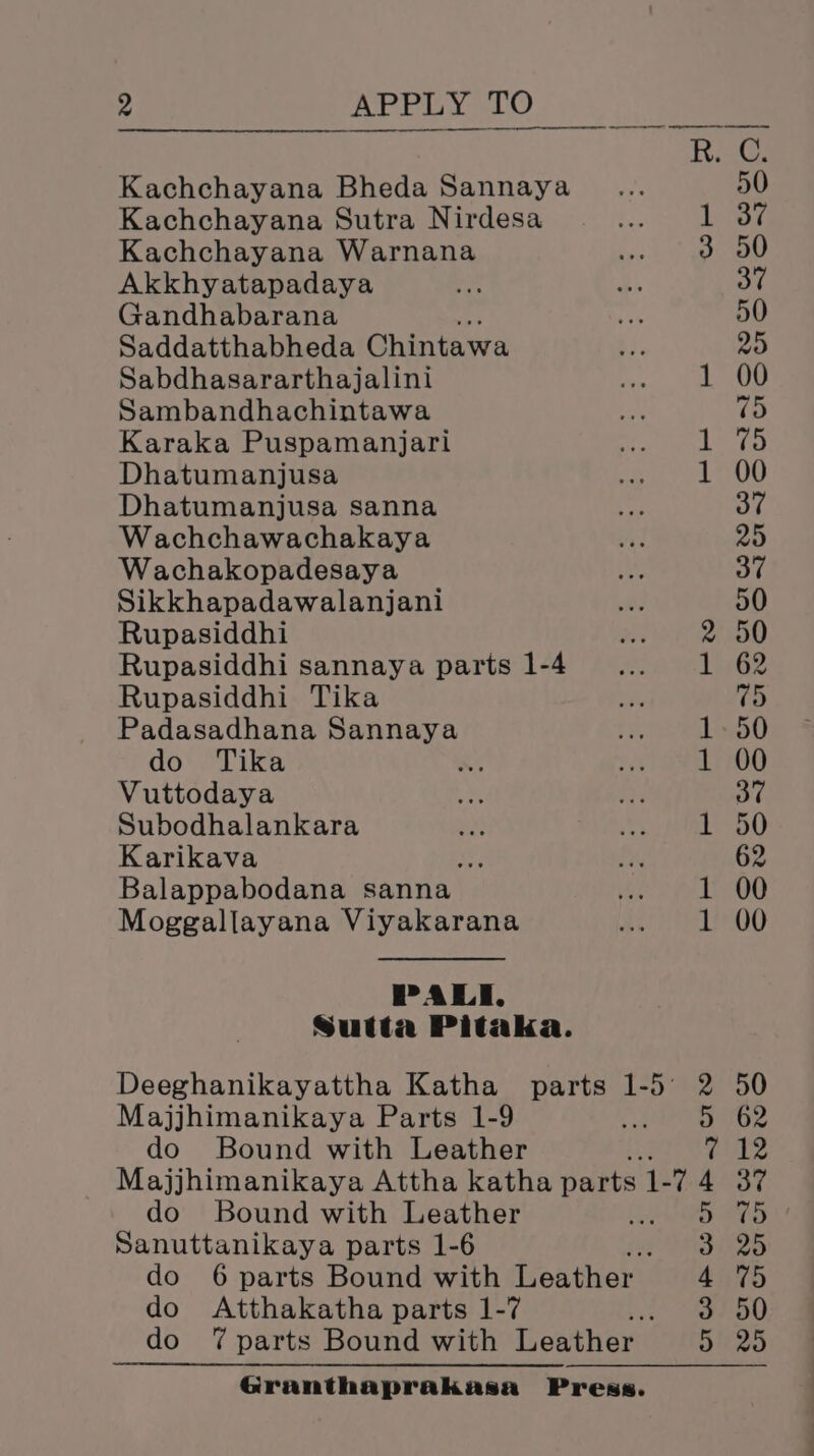 Kachchayana Bheda Sannaya Kachchayana Sutra Nirdesa Kachchayana Warnana Akkhyatapadaya Gandhabarana Saddatthabheda Chintawa Sabdhasararthajalini Sambandhachintawa Karaka Puspamanjari Dhatumanjusa Dhatumanjusa sanna Wachchawachakaya Wachakopadesaya Sikkhapadawalanjani Rupasiddhi Rupasiddhi sannaya parts 1-4 Rupasiddhi Tika Padasadhana Sannaya do Tika Vuttodaya Subodhalankara Karikava . Balappabodana sanna Moggallayana Viyakarana PALIT, Sutta Pitaka. Majjhimanikaya Parts 1-9 do Bound with Leather do Bound with Leather Sanuttanikaya parts 1-6 do Atthakatha parts 1-7 Re Re Fx a so 5 3 4 3 4)