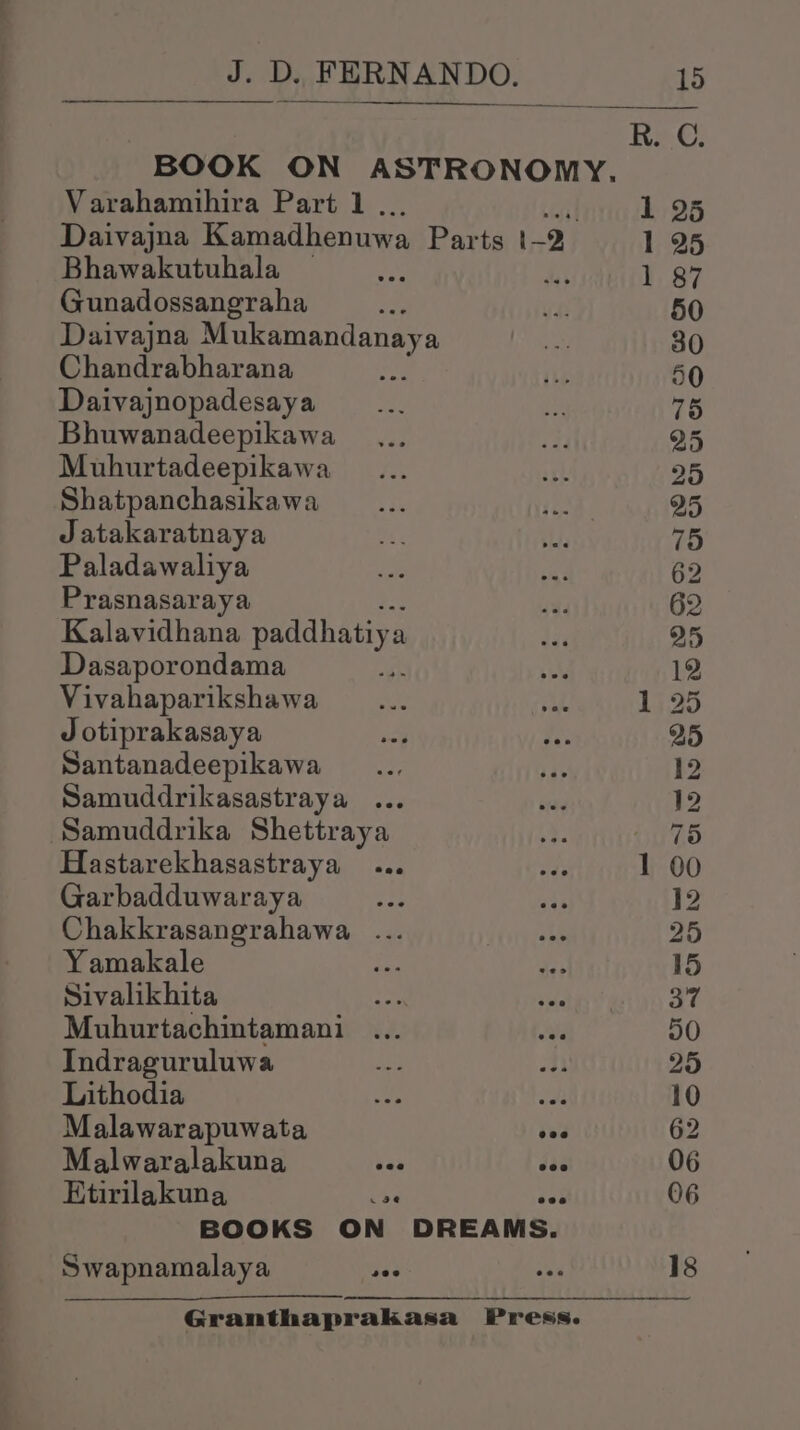 Varahamihira Part 1 . Daivajna Kamadhenuwa Parts 1-2. Bhawakutuhala : Gunadossangraha : Daivajna Mukamandanaya Chandrabharana Daivajnopadesaya Bhuwanadeepikawa Muhurtadeepikawa Shatpanchasikawa Jatakaratnaya Paladawaliya Prasnasaraya Kalavidhana paddhatiya a Dasaporondama Vivahaparikshawa J otiprakasaya Santanadeepikawa Samuddrikasastraya ... Samuddrika Shettraya Hastarekhasastraya ... Garbadduwaraya Py Chakkrasangrahawa ... Yamakale oe Sivalikhita Muhurtachintamani Indraguruluwa Lithodia as Malawarapuwata see Malwaralakuna Wa dae Ktirilakuna a ee BOOKS ON DREAMS. Swapnamalaya dae 1 1 ]