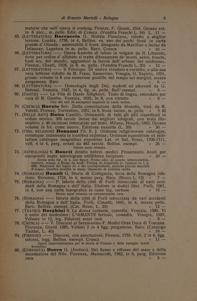 materie che nell’ opera si conteng. Firenze, F. Giunti, 1594. Grosso vol. in 8 picc., m. pelle. Ediz. di Crusca. (Vendita Franchi L. 18) L. 11 — (LETTERATURA) Boceaceio G. Ninfale Fiesolano, ridotto a miglior lezione. Londra, 1778, in 4, Belliss. es. uno dei pochi tirati in carta grande d’ Olanda: ammirabile il front. disegnato da Marillier e inciso da Delaunay. Legatura in m. pelle. Raro. Crusca » 10 — (LETTERATURA) —— Opera tradotta di latino in volgare da N. Liburnio, dove per ordine d’ alfabeto si tratta difusamente de’ monti, selve, boschi, fonti ecc. del mondo, aggiuntovi la favola dell’ urbano del medesimo. . Firenze, Giunti, 1598, in 8, m. pelle. (Vendita Franchi L. 20) » 12 — (LETTERATURA) —— Il Filocopo. Di nuovo riveduto e corretto, e alla sua vera lettione ridotto da M. Franc. Sansovino. Vinegia, G. Rapirio, 1551, grosso volume in 8 con numerose postille del tempo nei margini, mezza pergamena. Raro » — (LETTERATURA) —— Geneologia degli Dei, tradotti ed adornati da G. Betussi. Venezia, 1547, in 4, fig. m. pelle. Bell’ esempl. » 8 — (DANTE) —— La Vita di Dante Allighieri. Testo di lingua, emendato per cura di B. Gamba. Venezia, 1825, in 8, con ritratto » 8 — Uno dei soli 24 esemplari impressi in carta velina. (CRUSCA) Boezio Sev. Della consolazione della filosofia, trad. da B. Varchi. Firenze, Torrentino, 1551, in 8, front. inciso, m. pelle » 5 40 (BELLE ARTI) Boito Camillo. Ornamenti di tutti gli stili classificati in ordine storico. 300 tavole incise dai migliori silografi, con testo illu- strativo e 46 incisioni intercalate nel testo. Milano, Hoepli, 1882. Grosso volume in fol. come nuovo. Edizione esaurita (L. 50) » 30 — (ORD. RELIGIOSI) Bonanni Fil. S. J. Ordinum religiosorum catalogus, eorumque indumenta in iconibus expressa; Ordinum equestrium et mili- tarium catalogus imaginibus expositus Lat. et Ital. Roma, 1706-1711, voll. 4 in 4, perg. ornati da 483 tavole. Belliss. esempl. » 26 — Opera assai stimata. (ASTROLOGIA) € Boneti delatis hebrei medici Prouenzalis Anuli per eucopositi super astrologiam utililitates Incipiunt. » 30— Senza nota tip., in 4, con figure. Prima ediz. di questo interessantiss. trattato, stamp. a Roma da Andr. Freitag de Argentina (v. Graesse to. I. p. 486). Mancante del foglio Al e del corrispondente, qualche piccola macchia d’ acqua. Quattro postille in marg. Opuscolo di estrema rarita. (ROMAGNA) Bonoli G. Storia di Cottignola, terra della Romagna infe- riore. Ravenna, 1734, in 4, mezza perg. Raro. (BoccaL. 12) » 7 — (ROMAGNA) —— P. Istorie della citta di Forli intrecciate di varii acci- denti della Romagna e dell’ Italia. Distinte in dodici libri. Forli, 1661, in 4, con una carta topografica in rame leg. cartone me] _ Storia assai stimata ed estremamente rara. (ROMAGNA) —— Istoria della citta di Forli intrecciata da vari accidenti della Romagna e dell’ Italia. Forli, Cimatti, 1661, in 4, mezza pelle. Raro. Belliss. esempl. (Cat. Rossi, L. 25) » 12 — (TEATRO) Borghini R. La donna costante, comedia. Venezia, 1589. Vi e unito del medesimo: L’**AMANTE furioso, comedia. Vinegia, 1597, Volume in 12, leg. Edizioni assai rare » 8— (CRuscA) —— V. Discorsi al Serenissimo F. Medici Gran Duca di Toscana. Fiorenza, Giunti 1585. Volumi 2 in 4 figg. pergamena. Raro. (Catalogo Taddei, L. 40) » 18 — (FIRENZE) —— Discorsi, con annotazioni. Firenze, 1755. Voll. 2 in 4, figg. intonsi, legg. Belliss. esempl. Crusca » ll — A Sle importantissima per la storia di Firenze e delle famiglie nobili 1orentine. (CURIOSITA) Borro G. (Aretino). Del flusso e riflusso del mare e della inondazione del Nilo. Fiorenza, Marescotti, 1582, in 8, perg. Edizione fafa » —
