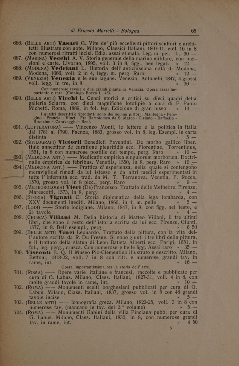 tetti illustrate con note. Milano, Classici Italiani, 1807-11, voll. 16 in 8 con numerosi ritratti incisi. Ediz. assai stimata. Leg. m. pel. L. 30 — 687. (MARINA) Veeehi A. V. Storia generale della marina militare, con inci- sioni e carte. Livorno, 1895, voll. 3 in 8, figg., ben legati » 12 — 688. (MODENA) Vedriani L. Historia dell’ antichissima citta di Modona. Modena, 1666, voll. 2 in 4, legg. m. perg. Raro » 12 — voll. legg. in tre, in 8 » 30 — Con numerose tavole e due grandi piante di Venezia. Opera assai im- portante e rara. (Catalogo Bocca L. 45). 690. (BELLE ARTI) Vieehi L. Cenni storici e critici su dieci quadri della galleria Sciarra, con dieci magnifiche fototipie.a cura di F. Paolo Michetti. Roma, 1889, in fol. leg. Edizione di gran lusso » 14—. I quadri descritti e riprodotti sono dei sommi pittori: Mantegna - Peru- gino - Francia - Vinci - Fra Bartolomeo da S. Marco - Tiziano - Raffaello - Bronzino - Caravaggio - Reni. dal 1781 al 1790. Faenza, 1883, grosso vol. in 8, leg. Esempl. in carta distinta » F— 692. (SIFILOGRAFI) Vietorii-Benedicti Faventini. De morbo gallico liber. Huic annectitur de curatione pleuritidis ecc. Florentiae, Torrentinus, ' 1551, in 8 con numerose postille del tempo, perg. Raro » 10 — gud is , &gt; ‘ ~~ nalis empirica de febribus. Venetiis, 1550, in 8, perg. Raro » 10 — 694. (MEDICINA ANT.) —— Prattica d’ esperienza, nella quale si contengono _ meravigliosi rimedi da lui istesso e da altri medici esperimentati in 1570, grosso vol. in 8 picc., perg. Raro » GQ — 695. (METEOROLOGIA) Vieri (De) Francesco. Trattato delle Metheore. Firenze, Marescotti, 1573, in 8, perg, » 4— 696. (STORIA) Wigmati C. Storia diplomatica della lega lombarda, con XXV documenti inediti. Milano, 1866, in 4, m. pelle » 5F— 697. (LopI) —— Storie lodigiane. Milano, 1847, in 8, con figg. nel testo, e 21 tavole » 4— 7 &gt; yA 5 e — ik siete. ji 7 Pa ERR eee ee ee ae Pom ee ee —. PRT ribs sn! re rer 3 Ag os; ie ate aa . ; « x \ . \ o° - a =. . ; = ae ar va m aera libri, che sono il resto dell’ istoria scritta da lui ecc. Firenze, Giunti, 1577, in 8. Bell’ esempl., perg. » 6 50 699. (BELLE ARTI) Wimei Leonardo. Trattato della pittura, con la vita del- l’ autore scritta da R. Du Fresne. Si sono giunti i tre libri della pittura, . e il trattato della statua di Leon Batista Alberti ecc. Parigi, 1651, in ; fol., leg. perg., crusca. Con numerose e belle figg. Assai raro » 35 — 700. Visconti E. Q. Il Museo Pio-Clementino illustrato e descritto. Milano, Bettoni, 1818-22, voll. 7 in 8 con ritr. e numerose grandi tav. in rame, int. » 16 — : Opera importantissima per la storia dell’ arte. cura di G. Labus. Milano, Class. Italiani, 1827-31, voll. 4 in 8, con molte grandi tavole in rame, int. » 10 — 702. (ROMA) —— Monumenti scelti borghesiani pubblicati per cura di G. Labus. Milano, Class. Italiani, 1837, grosso vol. in 8 con 48 grandi tavole incise 2) Br 703. (BELLE ARTI) —— Iconografia greca. Milano, 1823-25, voll. 3 in 8 con numercose tav. (mancano le tav. del 2.° volume) &gt;» 5— G. Labus. Milano, Class. Italiani, 1835, in 8, con numerose grandi tav. in rame, int. » 450 5