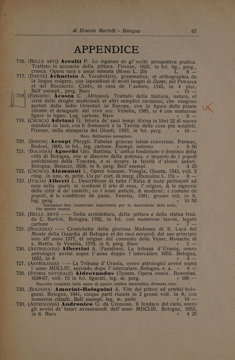 716. : 719. 720. 721. t22. di Ernesto Martelli - Bologna 67 APPENDICE — (BELLE ARTI) Accolti P. Lo inganno de gl’ occhi prospettiva pratica. Trattato in acconcio della pittura. Firenze, 1625, in fol. fig., perg., crusca. Opera rara e assai stimata (Rossi L. 20) L 8 — (DANTE) Acharisio A. Vocabolario, grammatica, et orthographia de la lingua volgare, con ispositioni di molti luoghi di Dante, del Petrarca et del Boccaccio. Cento, in casa de |’ autore, 1543, in 4 pice. Bell’ esempl., perg. Raro : » 10 — (ERBARIO) Acosta C. (Africano). Trattato della historia, natura, et virti delle droghe medicinali et altri semplici rarissimi, che vengono - portati dalle Indie Orientali in Europa, con le figure delle piante ritratte et desegnate dal vivo ecc. Venetia, 1585, in 4 con numerose figure in legno, Leg. cartone. Raro » 8— (CRuSCA) Adriami G. Istoria de’ suoi tempi divisa in libri 22 di nuovo mandata in luce, con li Sommarii e la Tavola delle cose pit notabili. Firenze, nella stamperia dei Giunti, 1583, in fol. perg. » 16 — Raro. Bellissimo esemplare. (BODON!) Aesopi Phrygii. Fabulae graecae latine conversae. Parmae, Bodoni, 1800, in fol., leg. cartone. Esempl. intonso » 28) 50 (BOLOGNA) Agoecehi Gio. Battista. L’ antica fondatione e dominio della citta di Bologna, ove si discorre della potenza, e imperio de i popoli antichissimi della Toscana, e si scopre la falsita d’ alcuni autori. Bologna, Benacci, 1638, in 8, perg. Bell’ esempl. » 425 (CRuscA) Alamanmni L. Opere toscane. Vinegia, Giunta, 1542, voll. 2 rileg. in uno, m. pelle. Un po’ cort. di marg. (RazzoliniL. 15)» 8 — (ITALIA) Allberti L. Descrittione di tutta |’ Italia &amp; isole pertinenti ad essa nella quale si contiene il sito di essa, |’ origine, &amp; le signorie delle citta &amp; de’ castelli; co i nomi antichi, &amp; moderni; i costumi de popoli, &amp; le conditioni de paesi. Venetia, 1581, grosso vol. in 8, leg. perg. » 10 50 Esemplare ben conservato importante per la descrizione delle isole, che spesso manca. da C. Bartoli. Bologna, 1782, in fol. con numerose tavole, legato cartone &gt;» f(s Monte della Guardia di Bologna et dei suoi miracoli dal suo principio sino all’ anno 1577, et origine del convento delle Vener. Monache di s. Mattia. In Venetia, 1579, in 8, perg. Raro » 5 — astrologici avvisi sopra |’ anno doppo Il’ intercalare 1653. Bologna, 1652, in 8 » 4 — l anno MDCLIV, secondo dopo I’ intercalare. Bologna, s.a. » 4 — 1638-67, voll. 13 in fol. figurati, leg. m. perg. » 180 — Raccolta completa delle opere di questo celebre naturalista, divenuta tara. (BOLOGNA) Amorini-Bolognini A. Vite dei pittori ed artefici bolo- gnesi. Bologna, 1841, cinque parti riunite in 2 grossi voll. in 8, con numerosi ritratti. Bell’? esempl. leg. m. pelle » 10 — (ASTROLOGIA) Andronico G. da Cremona. Il fondaco del cielo, overo gli avvisi de’ futuri avvenimenti dell’ anno MDCLIII. Bologna, 1652,