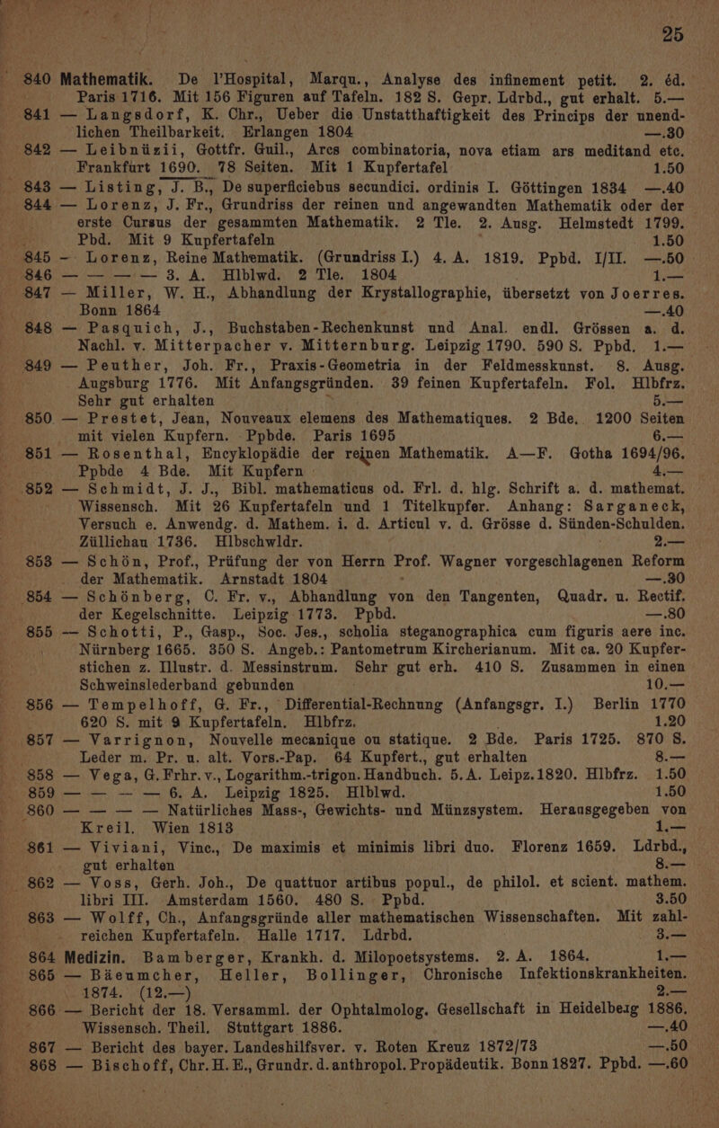 He Paris 1716. Mit 156 Figuren auf Tafeln. 1828. Gepr. Ldrbd., gut erhalt. 5.— $41 — Langsdorf, K. Chr., Ueber die Unstatthaftigkeit des Princips der unend- lichen Theilbarkeit. Erlangen 1804 —.30 842 — Leibniizii, Gottfr. Guil., Arcs combinatoria, nova etiam ars meditend etc. Frankfurt 1690. 78 Seiten. Mit 1 Kupfertafel 1.50 $43 — Listing, J. B., De superficiebus secundici. ordinis I. Gottingen 1834 —.40 844 — Lorenz, J. Fr. Grundriss der reinen und angewandten Mathematik oder der | erste Oursus der gesammten Mathematik. 2 Tle. 2. Ausg. Helmstedt 1799. y Phd. Mit 9 Kupfertafeln 1.50 : 845 —. Lorenz, Reine Mathematik. (GrundrissI.) 4. A. 1819. Ppbd. I/II. —.50 846 — — — — 3. A. Hiblwd. 2 Tle. 1804 pee $47 — Miller, W. H., Abhandlung der Krystallographie, iibersetzt von Joerres. a Bonn 1864 —.40 848 — Pasquich, J., Buchstaben-Rechenkunst und Anal. endl. Gréssen a. d. Nachl. v. Mitterpacher v. Mitternburg. Leipzig 1790. 590S. Ppbd. 1.— 849 — Peuther, Joh. Fr., Praxis-Geometria in der Feldmesskunst. 8. Ausg. Augsburg 1776. Mit Anfangsgriinden. 39 feinen Kupfertafeln. Fol. Hlbfrz. Sehr gut erhalten 5.— 850. — Prestet, Jean, Nouveaux elemens des Mathematiques. 2 Bde.. 1200 Seiten fe mit vielen Kupfern. _Ppbde. Paris 1695 6.— _ 851 — Rosenthal, Encyklopadie der rejnen Mathematik. A—F. Gotha 1694/96. Ppbde 4 Bde. Mit Kupfern » 4,— s 852 — Schmidt, J. J., Bibl. mathematicus od. Fri. d. hlg. Schrift a. d. mathemat. : Wissensch. Mit 26 Kupfertafeln und 1 Titelkupfer. Anhang: Sarganeck, Versuch e. Anwendg. d. Mathem. i. d. Articul v. d. Grosse d. Stinden-Schuldem, ‘Zillichau 1736. Hilbschwldr. 2.— 853 — Schon, Prof., Priifung der von Herrn Prof. Wagner vorgeschlagenen Reform der Mathematik. Arnstadt 1804 ; —.30 854 — Schénberg, C. Fr. v., Abhandlung von den Tangenten, Quadr. u. Rectif. der Kegelschnitte. Leipzig 1773. Ppbd. —.80 855 -——- Schotti, P., Gasp., Soc. Jes., scholia steganographica cum figuris aere inc. Nirnberg 1665. 3505S. Angeb.: Pantometrum Kircherianum. Mit ca. 20 Kupfer- stichen z. Illustr. d. Messinstrum. Sehr gut erh. 410 S. Zusammen in einen ie Schweinslederband gebunden 10.— - 856 — Tempelhoff, G. Fr., Differential-Rechnung (Anfangsgr. I.) Berlin 1770 620 S. mit 9 Kupfertafeln. Hlbfrz. 1.20 _ 857 — Varrignon, Nouvelle mecanique ou statique. 2 Bde. Paris 1725. 870 8S. Be Leder m. Pr. u. alt. Vors.-Pap. 64 Kupfert., gut erhalten 8.— - $58 — Vega, G.Frhr.v., Logarithm.-trigon. Handbuch. 5.A. Leipz.1820. Hlbfrz. 1.50 859 — — — — 6. A. Leipzig 1825. Hlblwd. 1.50 860 — — — — Natiirliches Mass-, Gewichts- und Miinzsystem. Heransgegeben von | Kreil. Wien 1813 1.— $61 — Viviani, Vince., De maximis et minimis libri duo. Florenz 1659. Ldrbd., gut erhalten 8.— - 862 — Voss, Gerh. Joh., De quattuor artibus popul., de philol. et scient. mathem. . libri III. Amsterdam 1560. 480 8. Ppbd. 3.50 - 863 — Wolff, Ch., Anfangsgriinde aller mathematischen Wissenschaften, Mit zahl- See - reichen Kupfertafeln. Halle 1717. Ldrbd. 3.— - $64 Medizin. Bamberger, Krankh. d. Milopoetsystems. 2. A. 1864. 1.— 865 — Baeumcher, Heller, Bollinger, Chronische Infektionskrankheiten. 1874. (12.—) 2.— Ee 866. — Bericht der 18. Versamml. der Ophtalmolog. Gesellschaft in Heidelberg 1886, — ne Wissensch. Theil. Stuttgart 1886. —.40 _ 867 — Bericht des bayer. Landeshilfsver. y. Roten Kreuz 1872/73 —.50 Ps68 — Bischoff, Chr. H.E., Grundr. d.anthropol. Propaideutik. Bonn 1827. Ppbd. laren Ve yee Se ee