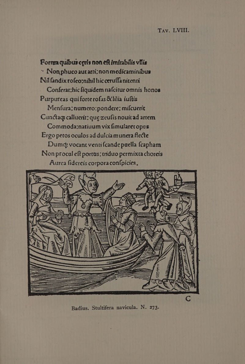 Tav. LVIII. Pornra quibus ceris non eft imitabilis vilis * Non phuco aut arti;non medicaminibus Nil fandix rofeo:nihil hic ceruffa nitenti Conferat:hic fiquidem nafcitur omnis honos Purpureas qui forte rofas &amp;lilia tuftis Menfura: numero: pondere: mifcuerit Cunctag calluerit: que zeufis nouicad arrem Commoda:natiuum vix fimularetopos Ergo petos oculos ad dulcia munera flecte Dumg¢ vocant venti fcande paella {capham Non procal eft portus: triduo permixta choreis Autea fidereis corporacon(picies, x =, ? : ae) WS a) — — —9