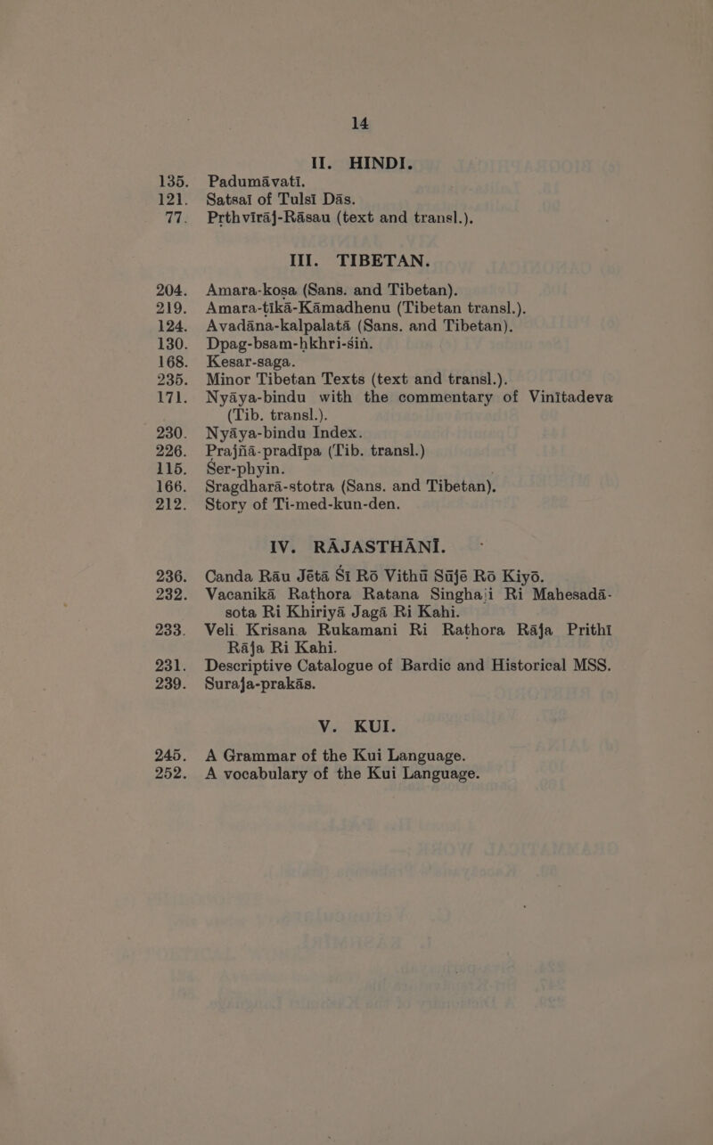 II. HINDI. Padumavati. Satsai of Tulsi Das. Prthviraj-Rasau (text and transl.). Ill. TIBETAN. Amara-kosa (Sans. and Tibetan). Amara-tika-Kamadhenu (Tibetan transl.). Avadana-kalpalata (Sans. and Tibetan). Dpag-bsam-hkhri-sin. Kesar-saga. Minor Tibetan Texts (text and transl.). Nyaya-bindu with the commentary of Vinitadeva (Tib. transl.). Nyaya-bindu Index. Prajiia-pradipa (‘Tib. transl.) Ser-phyin. | Sragdhara-stotra (Sans. and Tibetan). Story of Ti-med-kun-den. IV. RAJASTHANI. Canda Rau Jéta Si Ro Vithi Saje Ro Kiyo. Vacanika Rathora Ratana Singhaji Ri Mahesada- sota Ri Khiriya Jaga Ri Kahi. Veli. Krisana Rukamani Ri Rathora Raja Prithi Raja Ri Kabhi. | Descriptive Catalogue of Bardic and Historical MSS. Suraja-prakas. V. KUI. A Grammar of the Kui Language. A vocabulary of the Kui Language.