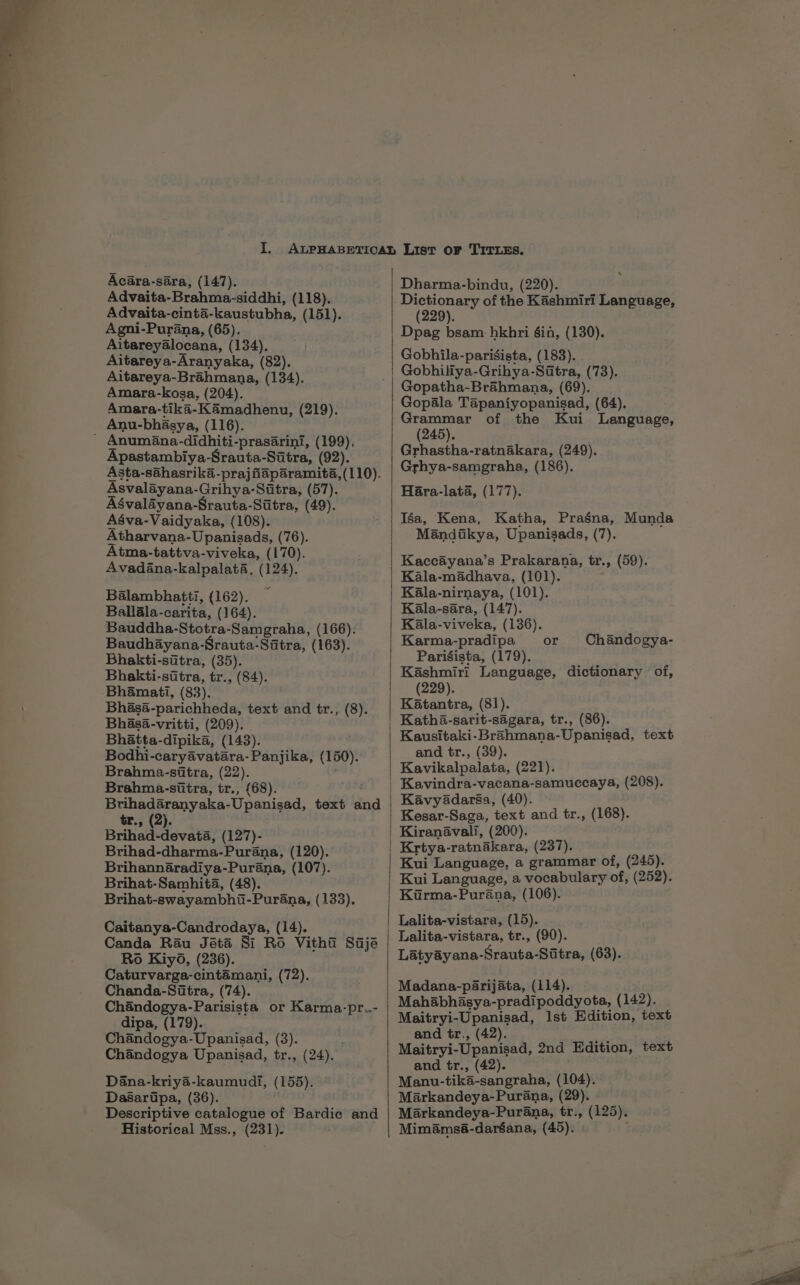 Advaita-Brahma-siddhi, (118). Advaita-cinta-kaustubha, (151). Agni-Purana, (65). Aitareyalocana, (134). Aitareya-Aranyaka, (82). Aitareya-Brahmana, (134). Amara-koga, (204). Amara-tika-Kamadhenu, (219). Anu-bhasya, (116). ' Anuméana-didhiti-prasarini, (199), Apastambiya-Srauta-Sitra, (92). Asta-sahasrika-prajfiaparamita,(110). Asvalayana-Grihya-Sitra, (57). Agvalayana-Srauta-Sitra, (49). Agva-Vaidyaka, (108). Atharvana-Upanisads, (76). Atma-tattva-viveka, (170). Avadiana-kalpalata, (124). Balambhatti, (162). Ballala-carita, (164). Bauddha-Stotra-Samgraha, (166). Baudhayana-Srauta-Sitra, (163). Bhakti-siitra, (35). Bhakti-sitra, tr., (84). Bhamati, (83). Bhasa&amp;-parichheda, text and tr., (8). Bhasa-vritti, (209). Bhatta-dipika, (143). Bodhi-caryavatara-Panjika, (150). Brahma-sitra, (22). Brahma-sitra, tr., (68). Brihadaranyaka-Upanisad, text and tr., (2). Brihad-devata, (127)- Brihad-dharma-Purana, (120). Brihannaradiya-Purana, (107). Brihat-Samhita, (48). Brihat-swayambhi-Purana, (133). Caitanya-Candrodaya, (14). Canda Rau Jéta Si Ro Vithi Saje Ro Kiyéd, (236). Caturvarga-cintamani, (72). Chanda-Sitra, (74). Chandogya-Parisista or Karma-pr..- dipa, (179). Chandogya-Upanisad, (3). Chandogya Upanisad, tr., (24). Dana-kriya-kaumudi, (155). Dasartipa, (36). Descriptive catalogue of Bardic and Historical Mss., (231). Dictionary of the Kashmiri Language, (229). Dpag bsam hkhri gin, (130). Gobhila-parisista, (183). Gobhiliya-Grihya-Sitra, (73). Gopatha-Brahmana, (69). Gopala Tapaniyopanisad, (64). Grammar of the Kui Language, (245). Grhastha-ratnakara, (249). Grhya-samgraha, (186). Hara-lata, (177). Iga, Kena, Katha, Pragna, Munda Mandikya, Upanisads, (7). Kaccayana’s Prakarana, tr., (59). Kala-madhava, (101). Kala-nirnaya, (101). Kala-sara, (147). Kala-viveka, (136). Karma-pradipa Parigista, (179). Kashmiri Language, dictionary of, (229). Katantra, (81). Katha-sarit-sagara, tr., (86). Kausitaki-Brahmana-Upanisad, text and tr., (39). Kavikalpalata, (221). Kavindra-vacana-samuccaya, (208). KavyadarSa, (40). Kesar-Saga, text and tr., (168). or Chandogya- Krtya-ratnakara, (237). Kui Language, a grammar of, (245). Kui Language, a vocabulary of, (252). Kirma-Purana, (106). Lalita-vistara, (15). Lalita-vistara, tr., (90). Latyayana-Srauta-Sitra, (63). Madana-parijata, (114). Mahabhasya-pradipoddyota, (142). Maitryi-Upanisad, lst Edition, text and tr., (42). : Maitryi-Upanisad, 2nd Edition, text and tr., (42). Manu-tika-sangraha, (104). Markandeya-Purana, (29). Markandeya-Purana, tr., (125). Mimamsa-darana, (45).