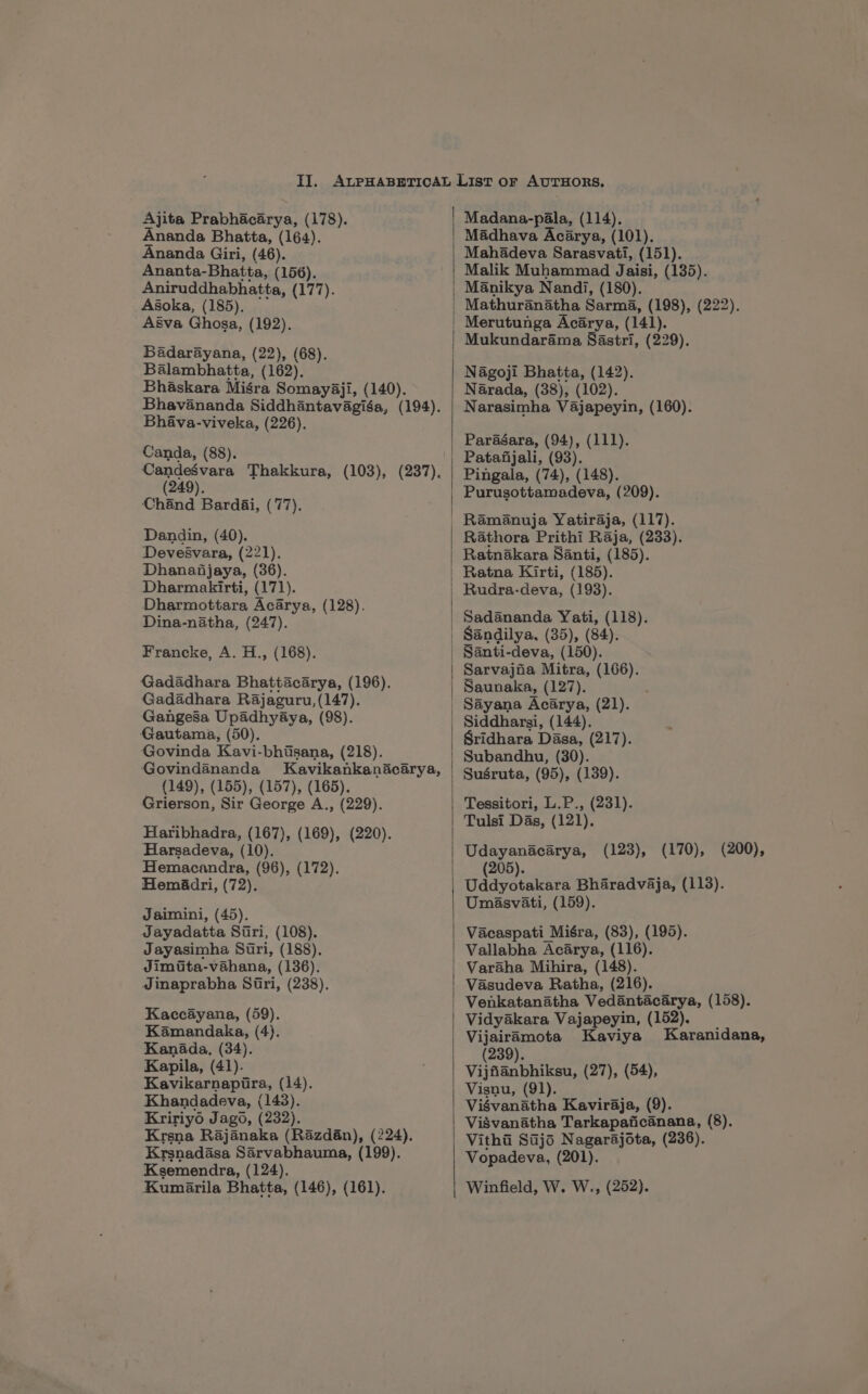 Ajita Prabhacarya, (178). Ananda, Bhatta, (164). Ananda Giri, (46). Ananta-Bhatta, (156). Aniruddhabhatta, (177). Agoka, (185). Asva Ghosa, (192). Badarayana, (22), (68). Balambhatta, (162). Bhaskara Misra Somayaji, (140). Bhavananda Siddhantavagiga, (194). Bhava-viveka, (226). Canda, (88). CandeSvara Thakkura, (103), (237). (249). Chand Bardai, (77). Dandin, (40). Devesvara, (221). Dhanaiijaya, (36). Dharmakirti, (171). Dharmottara Acarya, (128). Dina-natha, (247). Francke, A. H., (168). Gadadhara Bhattacarya, (196). Gadadhara Rajaguru, (147). Gangesa Upadhyaya, (98). Gautama, (50). Govinda Kavi-bhisana, (218). Govindananda Kavikankanacarya, (149), (155), (157), (165). Grierson, Sir George A., (229). Haribhadra, (167), (169), (220). Harsadeva, (10). Hemacandra, (96), (172). Heméadri, (72). Jaimini, (45). Jayadatta Siri, (108). Jayasimha Siri, (188). Jimita-vahana, (136). Jinaprabha Siri, (238). Kaccayana, (59). Kamandaka, (4). Kanada, (34). Kapila, (41). Kavikarnapira, (14). Khandadeva, (143). Kririyo Jago, (232). Krsna Rajanaka (Razdan), (224). Krsnadasa Sarvabhauma, (199). Ksemendra, (124). Kumarila Bhatta, (146), (161). Madana-pala, (114). Madhava Acarya, (101). Mahadeva Sarasvati, (151). Malik Muhammad Jaisi, (135). Manikya Nandi, (180). Mathuranatha Sarma, (198), (222). Merutunga Acarya, (141). Nagoji Bhatta, (142). Narada, (38), (102). Narasimha Vajapeyin, (160). Parasara, (94), (111). Patafijali, (93). Pingala, (74), (148). Purusottamadeva, (209). Rathora Prithi Raja, (233). Ratnakara Santi, (185). Ratna Kirti, (185). Rudra-deva, (193). Sadananda Yati, (118). Sarvajiia Mitra, (166). Saunaka, (127). Sayana Acarya, (21). Siddharsi, (144). Sridhara Dasa, (217). Subandhu, (30). Sugruta, (95), (139). Tessitori, L.P., (231). Tulsi Das, (121). Udayanacarya, (123), (170), (200), (205). Uddyotakara Bharadvaja, (113). Umasvati, (159). Vacaspati Miéra, (83), (195). Vallabha Acarya, (116). Varaha Mihira, (148). Vasudeva Ratha, (216). Vidyakara Vajapeyin, (152). Vijairamota Kaviya Karanidana, (239). Vijfianbhiksu, (27), (54), Visnu, (91). Viévanatha Kaviraja, (9). Visvanatha Tarkapaficanana, (8). Vithai Sajo Nagarajota, (236). Vopadeva, (201). Winfield, W. W., (252).