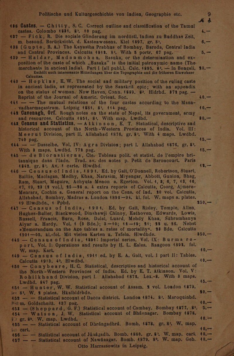 a * P a ee s uf, ae a Ws R k v Na ’ \ F Pr 2 Politische und Kulturgeschichte von Indien, Geographie etc. der ans Dastes. = Chitiy, S.C. Correct outline and classification of the Tamul = ge castes. Colombo 4831. 8°. 40 pag, 437 — Fick,R. Die sociale Gliederung im nordöstl. Indien zu Buddhas Zeit, m. besond. Berücksicht. d. Kastenwesens. Kiel 4897. gr. 8», a 438 (Gupte, B.A.) The Kayastha Prabhus of Bombay, Baroda, Central India &gt; “and Central Provinces. Calcutta 491%. 8°”. With 5 portr. 67 pag. 439 — Haldar, Madanmohan,. Basuka, or the determination and ex- position of the caste of which „Basaka“ is the initial patronymic;name (The: En. merchants in anecient India). Part I (all publ.). Calc. 4895. 8. — In Bengali. ger: ir Nr auch interessante Mitteilungen über die Topographie und die früheren Einwohner NR . alcutias x Br 40 — Hopkins, E.W. The social and military position of the ruling caste in ancient India, as represented by the Sanskrit epic; with an’ appendix Pr Reprint of the Journal of Americ. Orient. Soc. Ei. 4 444 — — The mutual relations of the four castes according to the Mana- DR ne Leipzig 1881. 8°. A444. pag. ER and resources. Calcutta 1851. 8). With map. Lwdbd. 448 Census and Statistics. -— Atkinson, E. T. Statistical, adseriptive and historical account of tha North -Western Provinces of India. Vol. II: &amp; — Meerut Division, part II. Allahabad 4876. gr. 8°. With 4 maps. Lwdbd. 740 pag. dk — — Dasselbe. Vol. IV: Agra Division ; Be l. Allahabad 1876. gr. 8), With 3 maps. Lwdbd. 77% pag. 445-— de Biornstierna, Cte- Tableau Doll et statist. de l’empire bri- tannique dans !’Inde. Trad. av. des notes p. Petit de Baroncourt, Paris 48642. gr. 8). Av. 4 carte. Hliwdbd. 446 — Census-ofIndia,4894. ‘Ed. by Gait, O’Donnell, Robertson, Stuart, Baillie, Maclagan, Medhy, Khan, Narasim, Miyengar, Abbott, Gunion, Bhag, Ram, Stuart, Maguire, Achyuta Menon a. Egerton. Vol. 4,3, 6, 7, 43, 46, 0.47, 49, 23 (8 vol.), 25—28 a. 4 extra reports of Calcutta, Coorg, Ajmere- Menrara, Cochin a. General report on the Cens. of Ind. 20 vol. Calcutta, TEE Allahabad, Bombay, Madras a. London 1893 —94. kl, fol. W. maps a. plates. ES, 49 ‚Hiwdbde., 4 Ppbd. 447 — Census of India, 1904. Ed. by Gait, Risley, Temple, Allen, Hughes-Buller, Biackwood, Dinshawji Chinoy, Eathoven, Edwards, Lowis, Russell, Francis, Burn, Rose, Dalal, Luard, Mehdy Khan, Sübramhanya ‘ Aiyar a. Hardy. Vol. 4 (8 Bde.); 3—10; 42—19; 21; 22 u. 26. Nebst »Memorandum on the Age tables a. rates of mortality«. 28 Bde. Calcutta -4904—05. kl.-fol. Mit vielen Karten u. Tafeln. Hlwdbde. 448 — Consus ofIndia, 4894: Imperial series. Vol. IX: Burma re- 07 u: TER \ CREAEEN na kin _Pstm. Goldschnitt. 437 pag. 453 — (Sheppard, 6.F.) Statistical account of Cambay. Bombay 4877, 8°. 454 — Watson, J. W. Statistical account of Bhävnagar. Bombay 4878, £. gr. 8%. W. map. Lwdbd, Ab — Statistical account of Dhrängadhrä. Bomb. 1878, gr. 8. W. map. 2 cart. = 456 — — Statistical Becouat of Iüadzadh.. Bomb; 1880. gr.8), w. map. cart. 487 - _ — Statistical account of Nawäaagar. Bomb. 4879. 8%. W. map. Geb. t En „Otto Harrassowitz in Leipzig. z port. Vol. I: Operations and results by H. L. Bales. Rangoon 4892, fol. W. map. Kart. - 449 — Census of India, 4941 ed. by E. A. Gait, vol. I part It: Tables. E. Calcutta 4913. 4%. Hiwdbd. 40 — Conybeare,H.C. Statistical, descriptive and historical account of the North-Western Provinces of India. Ed. by E. T. Atkinson. Vol, V: er; Rohilkhand Division, part I. Allahabad 4872. Lex.-8. With 3 maps. je Lwdbd. 847 pag. 454 — Hunter, W.W, Statistical account of Assam. 2 vol. London 1879. ker 8% W. 3 plates. Hkalbldrbde. 459 — — Statistical account of Dacca district. London 4874. 8”. Maroquinbd. Do l Ar, 12.— 40,— .—