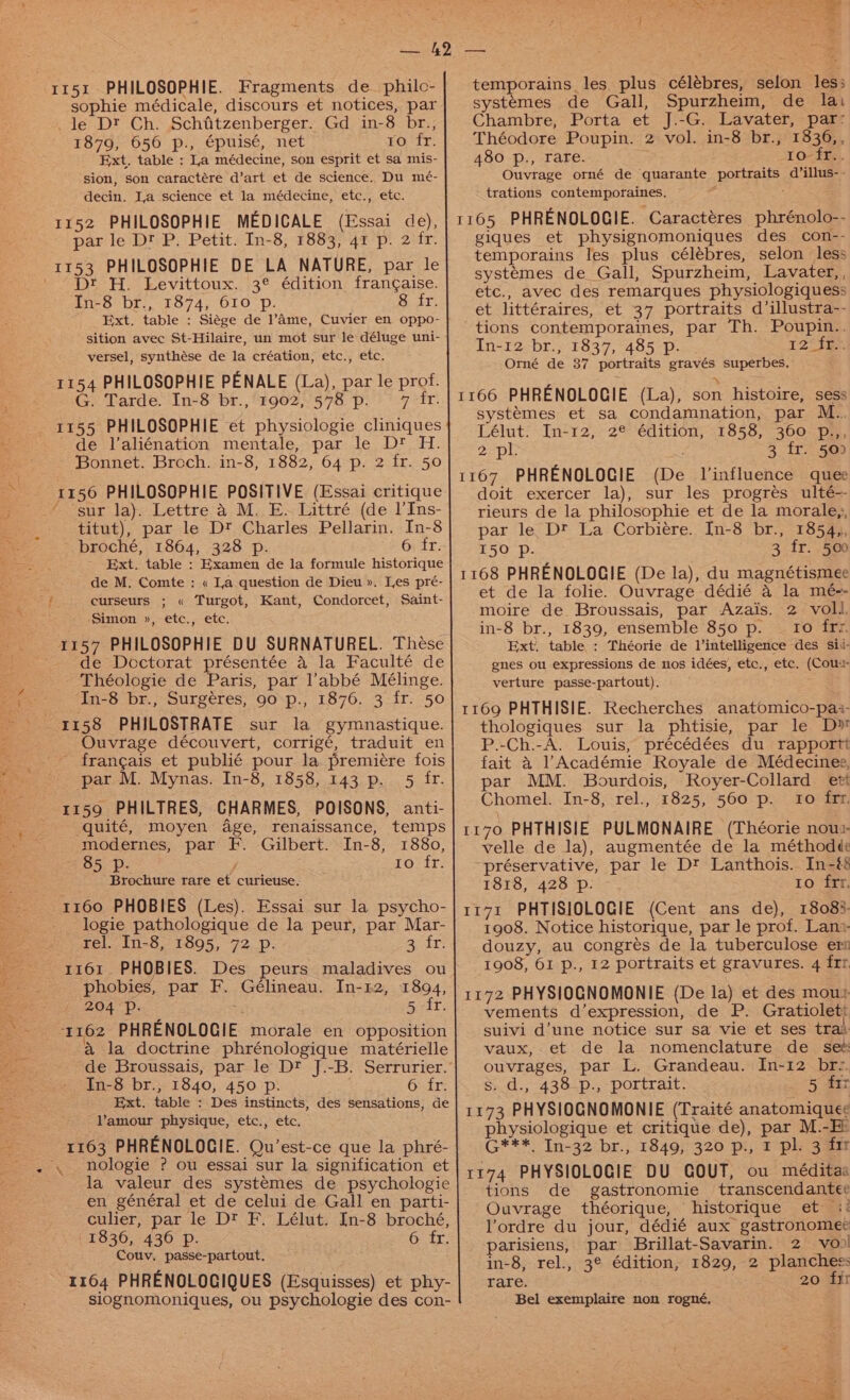1151 PHILOSOPHIE. Fragments de philc- sophie médicale, discours et notices, par le Dt Ch. Schitzenberger. Gd in-8 br., 1879, 656 p., épuisé, net to fr. Ext. table : La médecine, son esprit et sa mis- sion, son caractére d’art et de science. Du mé- decin. La science et la médecine, etc., etc. 1152 PHILOSOPHIE MEDICALE (Essai de), par le Dt P. Petit. In-8, 1883, 41 p. 2 fr. 1153 PHILOSOPHIE DE LA NATURE, par le ' Dt H. Levittoux. 3¢ édition frangaise. In-8 br., 1874, 610 p. 8 fr. Ext. table : Siége de l’Ame, Cuvier en oppo- sition avec St-Hilaire, un mot sur le déluge uni- versel, synthése de la création, etc., etc. 1154 PHILOSOPHIE PENALE (La), par le prof. G. Tarde. In-8 br., 1902, 578 p. —_7_‘fr. 1155 PHILOSOPHIE et physiologie cliniques de l’aliénation mentale, par le D' H. Bonnet. Broch. in-8, 1882, 64 p. 2 fr. 50 1156 PHILOSOPHIE POSITIVE (Essai critique “sur ja);.Lettre:a. M, E~ Littré (de l’Ins- titut), par le Dt Charles Pellarin. In-8 broché, 1864, 328 p. © fr. - xt. table : Examen de la formule historique de M. Comte : « La question de Dieu ». Les pré- ARS curseurs ; « Turgot, Kant, Condorcet, Saint- Simon », etc., etc. . de Doctorat présentée a la Faculté de Théologie de Paris, par l’abbé Mélinge. ‘In-8 br., Surgéres, 90 p., 1876. 3 fr. 50 — 4158 PHILOSTRATE sur la gymnastique. Ouvrage découvert, corrigé, traduit en fran¢ais et publié pour la premiére fois par M. Mynas. In-8, 1858, 143 p. 5 fr. 1159 PHILTRES, CHARMES, POISONS, anti- quité, moyen age, renaissance, temps modernes, par F. Gilbert. In-8, 85 Pp. y Brochure rare et curieuse. 1160 PHOBIES (Les). Essai sur la psycho- logie pathologique de la peur, par Mar- rel. In-8, 1895, 72 p. ao tr: 1161. PHOBIES. Des peurs maladives ou phobies, par F. Gélineau. In-12, 1894, 204 Pp. : 5 fr. 1162 PHRENOLOGIE morale en opposition a la doctrine phrénologique matérielle 1880, To: fr In-8 br., 1840, 450 p. 6 fr. Ext. table : Des instincts, des sensations, de l’amour physique, etc., etc. 1163 PHRENOLOGIE. Qu’est-ce que la phré- *. nologie ? ou essai sur la signification et la valeur des systemes de psychologie en général et de celui de Gall en parti- culier, par le Dt F. Lélut. In-8 broché, 1836, 436 p. 6 ir, Couv, passe-partout. 1164 PHRENOLOGIQUES (Esquisses) et phy- siognomoniques, ou psychologie des con- oo hie Boe se gee a ~ temporains les. plus célébres, selon les: systemes de Gall, Spurzheim, de lat Chambre, Porta et J.-G. Lavater, par: Théodore Poupin. 2 vol. in-8 br., 1836,, 480 p., rare. 10-fr.. Ouvrage orné de quarante portraits dillus-- trations contemporaines, : 1165 PHRENOLOGIE. Caractéres phrénolo-- giques et physignomoniques des con-- temporains les plus célébres, selon less systémes de Gall, Spurzheim, Lavater,, etc., avec des remarques physiologiquess et littéraires, et 37 portraits d/illustra-- tions contemporaines, par Th. Poupin.. In-12 br., 1837, 485 Pp. 12 ten Orné de 37 portraits gravés superbes. 1166 PHRENOLOGIE (La), son histoire, systemes et sa condamnation, par . Lélut. In-12, 2 édition, 1858, 360 p.,, 2 pl. 3 fr. 50) 1167 PHRENOLOGIE (De l’influence quee doit exercer la), sur les progrés ulté-- rieurs de la philosophie et de la morale,, par le Dt La Corbiere. In-8 br., 1854,, 150 p. 3 fr. 500 1168 PHRENOLOGIE (De la), du magnétismee et de la folie. Ouvrage dédié 4 la mé-- moire de Broussais, par Azais. 2 voll, in-8 br., 1839, ensemble 850 p. _ to fre. Ext. table : Théorie de l’intelligence des sii- gnes ou expressions de nos idées, etc., etc. (Cout verture passe-partout). sess M.. 1169 PHTHISIE. Recherches anatomico-paa- thologiques sur la phtisie, par le D? P.-Ch.-A. Louis, précédées du rapportt fait a l Académie Royale de Médecinez, par MM. Bourdois, Royer-Collard ett Chomel. In-8, rel., 1825, 560 p. 10 frr. 1170 PHTHISIE PULMONAIRE (Théorie nour velle de la), augmentée de la méthode “préservative, par le Dt Lanthois. In-&amp; 1818, 428 p. ro frr. 1171 PHTISIOLOGIE (Cent ans de), 18083- 1908. Notice historique, par le prof. Lan» douzy, au congrés de la tuberculose era 1908, 61 p., 12 portraits et gravures. 4 frr. 1172 PHYSIOGNOMONIE (De la) et des mou; vements d’expression, de P. Gratiolet; suivi d’une notice sur sa vie et ses tras vaux,.et de la nomenclature de set: ouvrages, par L. Grandeau. In-12 br:. s. d., 438 p., portrait. 5 fir 1173 PHYSIOGNOMONIE (Traité anatomiquee physiologique et critique de), par M.-E G***, In-32 br., 1849, 320 p., 1 pl. 3 i 1174 PHYSIOLOGIE DU GOUT, ou meéditaa tions de gastronomie transcendantee Ouvrage théorique, historique et i: lYordre du jour, dédié aux gastronomee parisiens, par Brillat-Savarin. 2 vo in-8, rel., 3¢ édition, 1829, 2 planchees rare. 20 fit Bel exemplaire non rogné.