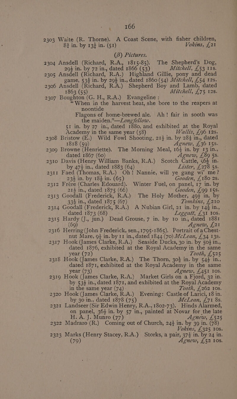 166 2303 Waite (R. Thorne). A Coast Scene, with fisher children, 83 in. by 134 in. (51) Vokins, £21 (8) Pictures. 2304 Ansdell (Richard, R.A., 1815-85). The Shepherd’s Dog, 293 in. by 72 in., dated 1866 (53) Mitchell, £53 its. 2305 Ansdell (Richard, R.A.) Highland Gillie, pony and dead game, 532 in. by 294 in., dated 1860(54) Wztchell, £54 12s. 2306 Ansdell (Richard, R.A.) Shepherd Boy and Lamb, dated 1863 (55) Mitchell, £75 12s. 2307 Boughton (G. H., R.A.) Evangeline : ‘““When in the harvest heat, she bore to the reapers at noontide Flagons of home-brewed ale. Ah! fair in sooth was the maiden.”—Longfellow. 51 in. by 27 in., dated 1880, and exhibited at the Royal Academy in the same year (58) Wallis, £96 12s. 2308 Bristow (E.) Wild Fowl Shooting, 213 in. by 284 in., dated 1818 (59) Agnew, £30 15s. 2309 Browne (Henriette). The Morning Meal, 163 in. by 13 in., dated 1867 (60) Agnew, £89 55. 2310 Davis (Henry William Banks, R.A.) Scotch Cattle, 5,63 in. by 474 in., dated 1883 (64) Lister, £278 5s. 2311 Faed (Thomas, R.A.) Oh! Nannie, will ye gang wi’ me? 234 in. by 183 in. (65) Gooden, £180 2s. 2312 Frére (Charles Edouard). Winter Fuel, on panel, 17 in. by 214 in., dated 1875 (66) Gooden, £99 15s. 2313 Goodall (Frederick, R.A.) The Holy Mother, 494 in. by 33% in., dated 1875 (67) Tomkins, £210 2314 Goodall (Frederick, R.A.) A Nubian Girl, 21 in. by 149 in., ‘dated 1873 (68) Leggatt, £31 10s. 2315 Hardy (J., jun.) Dead Grouse, 7 in. by Io in., dated 1881 (69 Agnew, £21 2316 Herring(John Frederick, sen.,1795-1865). Portrait of a Chest- nut Mare, 94 in. by 11 in., dated 1844 (70) McLean, £34 135. 2317 Hook (James Clarke, R.A.) Seaside Ducks, 30 in. by 503 in., dated 1876, exhibited at the Royal Academy in the same year (72) ; Tooth, £525 2318 Hook (James Clarke, R.A.) The Thorn, 303 in. by 544 in., dated 1871, exhibited at the Royal Academy in the same year (73) Agnew, £451 I0s. 2319 Hook (James Clarke, R.A.) Market Girls on a Fjord, 32 in. by 533 in., dated 1871, and exhibited. at the Royal Academy in the same year (74) : . Tooth, £262 tos. 2320 Hook (James Clarke, R.A.) Evening: Castle of Larici, 18 in. by 30 in., dated 1878 (75) McLean, £71 8s. 2321 Landseer (Sir Edwin Henry, R.A., 1802-73). Hinds Alarmed, on panel, 363 in. by 57 in., painted at Novar for the late H. A. J. Munro (77): Agnew, £525 2322 Madrazo (R.) Coming out of Church, 243 in. by 39 in. (78) Vokins, £325 10s. 2323 Marks (Henry Stacey, R.A.) Storks, a pair, 374 in. by 24 in.