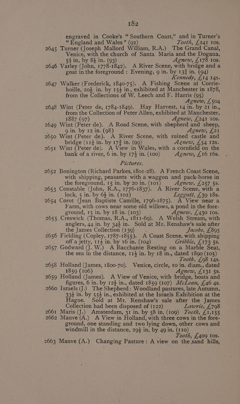 2645 engraved in Cooke’s “Southern Coast,” and in Turner’s “England and Wales” (92) Tooth, £241 Ios. Turner (Joseph Mallord William, R.A.) The Grand Canal, Venice, with the church of Santa Maria and the Dogana, 53 in. by 84 in. (93) Agnew, £178 Ios. 2647 2648 2649 2650 2651 2652 2653 2654 2656 2657 2658 2659 2660 2661 2662 goat in the foreground : Evening, 9 in. by 13? in. (94) | Kennedy, £14 14s. Walker (Frederick, 1840-75). A Fishing Scene at Corrie- hoille, 203 in. by 153 in., exhibited at Manchester in 1878, from the Collections of W. Leech and F. Harris (95) Agnew, £504 Wint (Peter de, 1784-1849). Hay Harvest, 14 in. by 21 in,, from the Collection of Peter Allen, exhibited at Manchester, 1887 (97) Agnew, £241 I0s. Wint (Peter de). A Road Scene, with shepherd and sheep, gin. by 12 in.(98) ° Agnew, £21 Wint (Peter de). A River Scene, with ruined castle and bridge (114 in. by 17? in. (99) Agnew, £54 128. Wint (Peter de). A View in Wales, with a cornfield on the bank of a river, 6 in. by 17% in. (100) Agnew, £16 16s. Pictures. Bonington (Richard Parkes, 1801-28). A French Coast Scene, with shipping, peasants with a waggon and pack-horse in the foreground, 15 in. by 20 in. (101) Agnew, £257 5s. Constable (John, R.A., 1776-1837). A River Scene, with a lock, 5 in. by 6$ in. (102) Leggatt, £39 18s. Corot (Jean Baptiste Camille, 1796-1875). A View near a F'arm, with cows near some old willows, a pond in the fore- ground, 15 in. by 18 in. (103) Agnew, £430 Ios. Creswick (Thomas,’R.A., 1811-69). A Welsh Stream, with anglers, 44 in. by 344 in. Sold at Mr. Renshaw’s sale after the James Collection (139) Jacobs, £895 Fielding (Copley, 1787-1855). A Coast Scene, with shipping off a jetty, 114 in. by 16 in. (104) Gribble, £173 5s. Godward (J. W.) A Bacchante Resting on a Marble Seat, the sea in the distance, 114 in. by 18 in., dated 1890 (105) Tooth, £98 14s. Holland (James, 1800-70). Venice, circle, 10 in. diam., dated 1859 (106) Agnew, £131 5s. Holland (James). A View of Venice, with bridge, boats and figures, 6 in. by 124 in., dated 1859 (107) McLean, £46 4s. Israels (J.) The Shepherd: Woodland pastures, late Autumn, 334 in. by 554 in., exhibited at the Israels Exhibition at the Hague. Sold at Mr. Renshaw’s sale after the James Collection had been disposed of (122) Lawrie, £798 Maris (J.) Amsterdam, 31 in. by 58 in. (109) Zooth, £1,155 Mauve (A.) A View in Holland, with three cows in the fore- ground, one standing and two lying down, other cows and windmill in the distance, 29} in. by 49 in. (110) Tooth, £409 Ios.