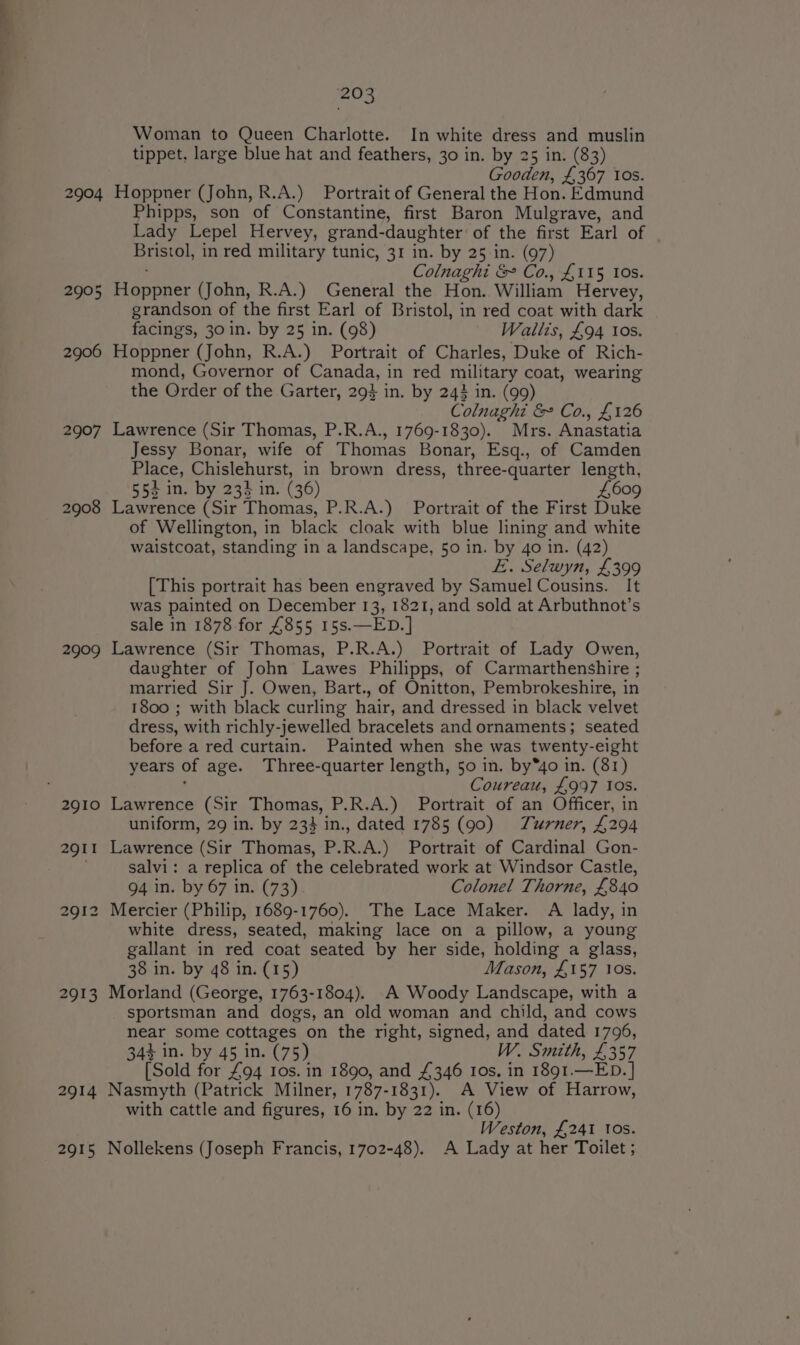 2904 2905 2906 2907 2908 2909 2910 2911 2912 2913 2914 2915 203 Woman to Queen Charlotte. In white dress and muslin tippet, large blue hat and feathers, 30 in. by 25 in. (83) Gooden, £367 Ios. Hoppner (John, R.A.) Portrait of General the Hon. Edmund Phipps, son of Constantine, first Baron Mulgrave, and Lady Lepel Hervey, grand-daughter of the first Earl of Bristol, in red military tunic, 31 in. by 25-in. (97) : Colnaghi &amp; Co., £115 Ios. Hoppner (John, R.A.) General the Hon. William Hervey, grandson of the first Earl of Bristol, in red coat with dark facings, 30 in. by 25 in. (98) Wallis, £94 los. Hoppner (John, R.A.) Portrait of Charles, Duke of Rich- mond, Governor of Canada, in red military coat, wearing the Order of the Garter, 29} in. by 243 in. (99) Colnaghi &amp; Co., £126 Lawrence (Sir Thomas, P.R.A., 1769-1830). Mrs. Anastatia Jessy Bonar, wife of Thomas Bonar, Esq., of Camden Place, Chislehurst, in brown dress, three-quarter length, 552 in. by 235 in. (36) £609 Lawrence (Sir Thomas, P.R.A.) Portrait of the First Duke of Wellington, in black cloak with blue lining and white waistcoat, standing in a landscape, 50 in. by 40 in. (42) E.. Selwyn, £399 [This portrait has been engraved by Samuel Cousins. It was painted on December 13, 1821, and sold at Arbuthnot’s sale in 1878 for £855 15s.—ED.] Lawrence (Sir Thomas, P.R.A.) Portrait of Lady Owen, daughter of John Lawes Philipps, of Carmarthenshire ; married Sir J. Owen, Bart., of Onitton, Pembrokeshire, in 1800 ; with black curling hair, and dressed in black velvet dress, with richly-jewelled bracelets and ornaments; seated before a red curtain. Painted when she was twenty-eight years of age. Three-quarter length, 50 in. by*4o in. (81) ; Coureau, £997 Ios. Lawrence (Sir Thomas, P.R.A.) Portrait of an Officer, in uniform, 29 in. by 234 in., dated 1785 (90) Zurner, £294 Lawrence (Sir Thomas, P.R.A.) Portrait of Cardinal Gon- salvi: a replica of the celebrated work at Windsor Castle, 94 in. by 67 in. (73) Colonel Thorne, £840 Mercier (Philip, 1689-1760). The Lace Maker. A lady, in white dress, seated, making lace on a pillow, a young gallant in red coat seated by her side, holding a glass, 38 in. by 48 in. (15) Mason, £157 10s. Morland (George, 1763-1804). A Woody Landscape, with a sportsman and dogs, an old woman and child, and cows near some cottages on the right, signed, and dated 1796, 343 in. by 45 in. (75) W. Smith, £357 [Sold for £94 Ios. in 1890, and £346 Ios, in 1891.—ED. | Nasmyth (Patrick Milner, 1787-1831). A View of Harrow, with cattle and figures, 16 in. by 22 in. (16) Weston, £241 10s. Nollekens (Joseph Francis, 1702-48). A Lady at her Toilet ;