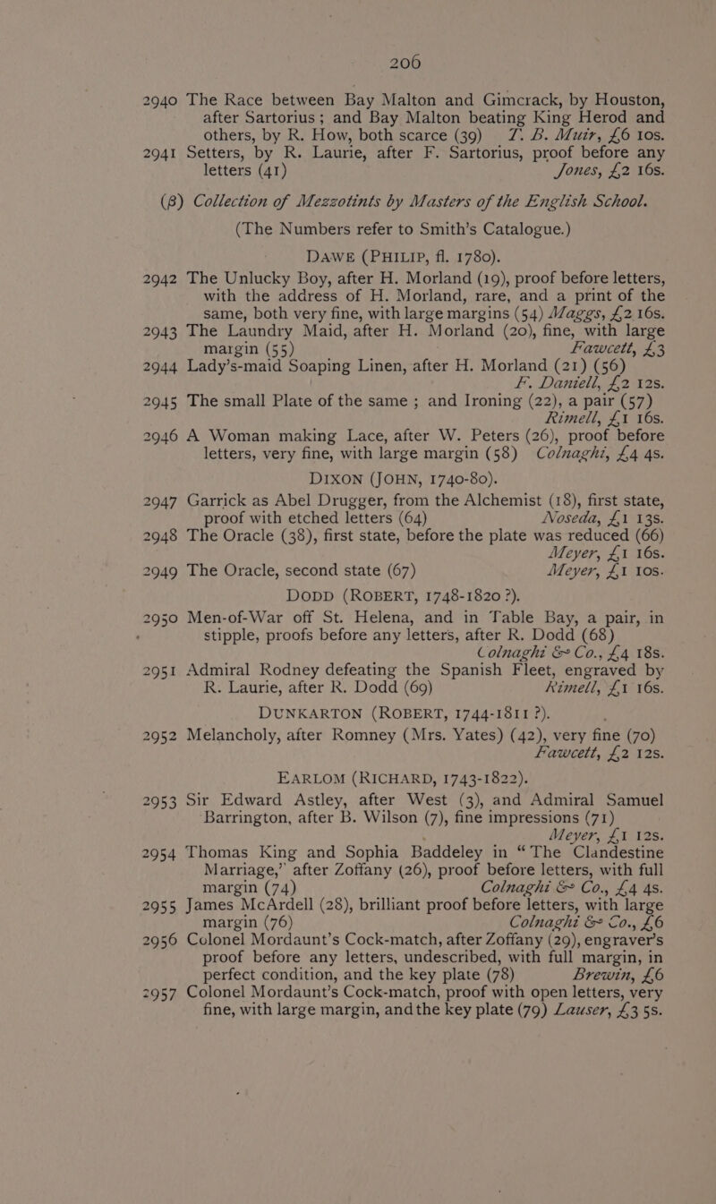 200 2940 The Race between Bay Malton and Gimcrack, by Houston, after Sartorius; and Bay Malton beating King Herod and others, by R. How, both scarce (39) 7. B. Muir, £6 Ios. 2941 Setters, by R. Laurie, after F. Sartorius, proof before any letters (41) Jones, £2 16s. (8) Collection of Mezzotints by Masters of the English School. (The Numbers refer to Smith’s Catalogue.) DAWE (PHILIP, fl. 1780). 2942 The Unlucky Boy, after H. Morland (19), proof before letters, with the address of H. Morland, rare, and a print of the same, both very fine, with large margins (54) JZaggs, £2 16s. 2943 The Laundry Maid, after H. Morland (20), fine, with large margin (55) Fawcett, £3 2944 Lady’s-maid Soaping Linen, after H. Morland (21) (56) F. Daniell, £2 12s. 2945 The small Plate of the same ; and Ironing (22), a pair (57) Rimell, £1 16s. 2946 A Woman making Lace, after W. Peters (26), proof before letters, very fine, with large margin (58) Colnaghi, £4 4s. DIXON (JOHN, 1740-80). 2947 Garrick as Abel Drugger, from the Alchemist (18), first state, proof with etched letters (64) Noseda, £1 138. 2948 The Oracle (38), first state, before the plate was reduced (66) Meyer, £1 16s. 2949 The Oracle, second state (67) Meyer, £1 los. DODD (ROBERT, 1748-1820 ?). 2950 Men-of-War off St. Helena, and in Table Bay, a pair, in : stipple, proofs before any letters, after R. Dodd (68) Colnaght &amp; Co., £4 18s. 2951 Admiral Rodney defeating the Spanish Fleet, engraved by R. Laurie, after k. Dodd (69) Rimell, £1 16s. DUNKARTON (ROBERT, 1744-1811 ?). 2952 Melancholy, after Romney (Mrs. Yates) (42), very fine (70) Fawcett, £2 12s. EARLOM (RICHARD, 1743-1822 2953 Sir Edward Astley, after West (3), and Admiral Samuel Barrington, after B. Wilson (7), fine impressions (71) Meyer, £1 12s. 2954 Thomas King and Sophia Baddeley in “The Clandestine Marriage,’ after Zoffany (26), proof before letters, with full margin (74) Colnaghi &amp; Co., £4 4s. 2955 James McArdell (28), brilliant proof before letters, with large margin (76) Colnaght &amp; Co., £6 2956 Colonel Mordaunt’s Cock-match, after Zoffany (29), engraver’s proof before any letters, undescribed, with full margin, in perfect condition, and the key plate (78) Brewin, £6 2957 Colonel Mordaunt’s Cock-match, proof with open letters, very fine, with large margin, andthe key plate (79) Lauser, £3 5s.