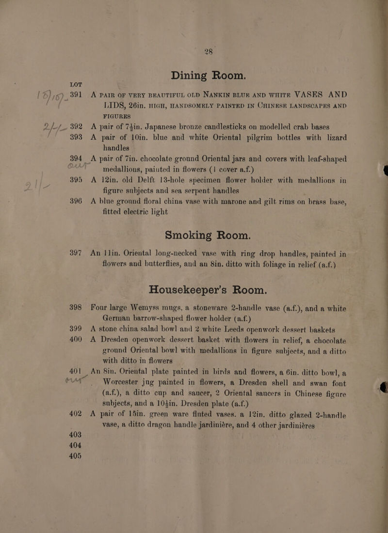 98 Dining Room. LOT /%),<) 891 A PAIR OF VERY BEAUTIFUL OLD NANKIN BLUE AND WHITE VASES AND [ICs a ie LIDS, 26in. HIGH, HANDSOMELY PAINTED IN CHINESE LANDSCAPES AND FIGURES ws | 392 <A pair of 74in. Japanese bronze candlesticks on modelled crab bases 393 A pair of 10in. blue and white Oriental pilgrim bottles with lizard handles 394 A pair of 7in. chocolate ground Oriental jars and covers with leaf-shaped sates medallions, paiuted in flowers (1 cover a.f.) 8 395 A 12in. old Delft !3-hole specimen flower holder with medallions in figure subjects and sea serpent handles 396 A blue ground floral china vase with marone and gilt rims on brass base, | fitted electric light Smoking Room. tae ee ee a 7 397 An I lin. Oriental long-necked vase with ring drop handles, painted in flowers and butterflies, and an 8in. ditto with foliage in relief (a.f.) Housekeeper’s Room. 398 Four large Wemyss mugs, a stoneware 2-handle vase (a.f.), and a white ’ German barrow-shaped flower holder (a.f.) 399 A stone china salad bowl and 2 white Leeds openwork dessert baskets 400 A Dresden openwork dessert basket with flowers in relief, a chocolate ground Oriental bowl with medallions in figure subjects, and a ditto with ditto in flowers 401 An 8in. Oriental plate painted in birds and flowers, a 6in. ditto bowl, a et I Worcester jug painted in flowers, a Dresden shell and swan font (a.f.), a ditto cup and saucer, 2 Oriental saucers in Chinese figure subjects, and a 104in. Dresden plate (a.f.) 402 <A pair of 15in. green ware fluted vases. a 12in. ditto glazed 2-handle — vase, a ditto dragon handle jardiniére, and 4 other jardiniéres 403 404 405 i