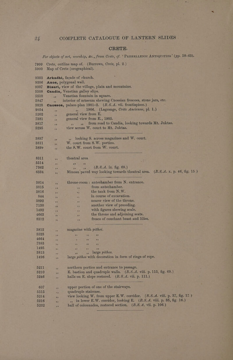 CRETE. 7999 5900 9303 9306 9307 5508 5510 5847 3828 9954 5202 7381 3817 5295 3897 3811 3899 8311 5514 7862 6334 3814 3815 3816 844 3892 7130 1492 4663 8312 3812 5528 4664 7383 1495 3813 1496 5211 5210 5246 607 5515 5214 5216 5232 29 9 - 1906. (Lagrange, Créte Ancienne, pl. 1.) general view from E. general view from E., 1905. wn ;, from road to Candia, looking towards Mt. Juktas. view across W. court to Mt. Juktas. », looking 8. across magazines and W. court. W. court from 8. W. portico. the S.W. court from W. court. theatral area. 7 3 ” ” (B.S.A. axe fig. 69.) Minoan paved way looking towards theatral area. (B.S.A. x. p. 46, fig. 15.) throne-room : antechamber from N. entrance. vs from antechamber. NS the tank from N.W. ~ in course of excavation. F nearer view of the throne. ‘3 another view of preceding. on with figures shewing scale. x the throne and adjoining seats. “ fresco of couchant beast and lilies. 92 a? i) 5 », large pithos. large pithos with decoration in form of rings of rope. northern portico and entrance to passage. E. bastion and quadruple walls. (B.S.A. viii. p. 115, fig. 69.) halls on E. slope restored. (B.S, A. vii. p. 111.) upper portion of one of the stairways. quadruple staircase. view looking W. from upper E. W. corridor. (8.S.A. viii. p. 87, fig. 17.) », in lower E.W. corridor, looking E. (B.S. A. viii. p. 35, fig. 16.) hall of colonnades, restored section. (B.S. A. vii. p. 106:)