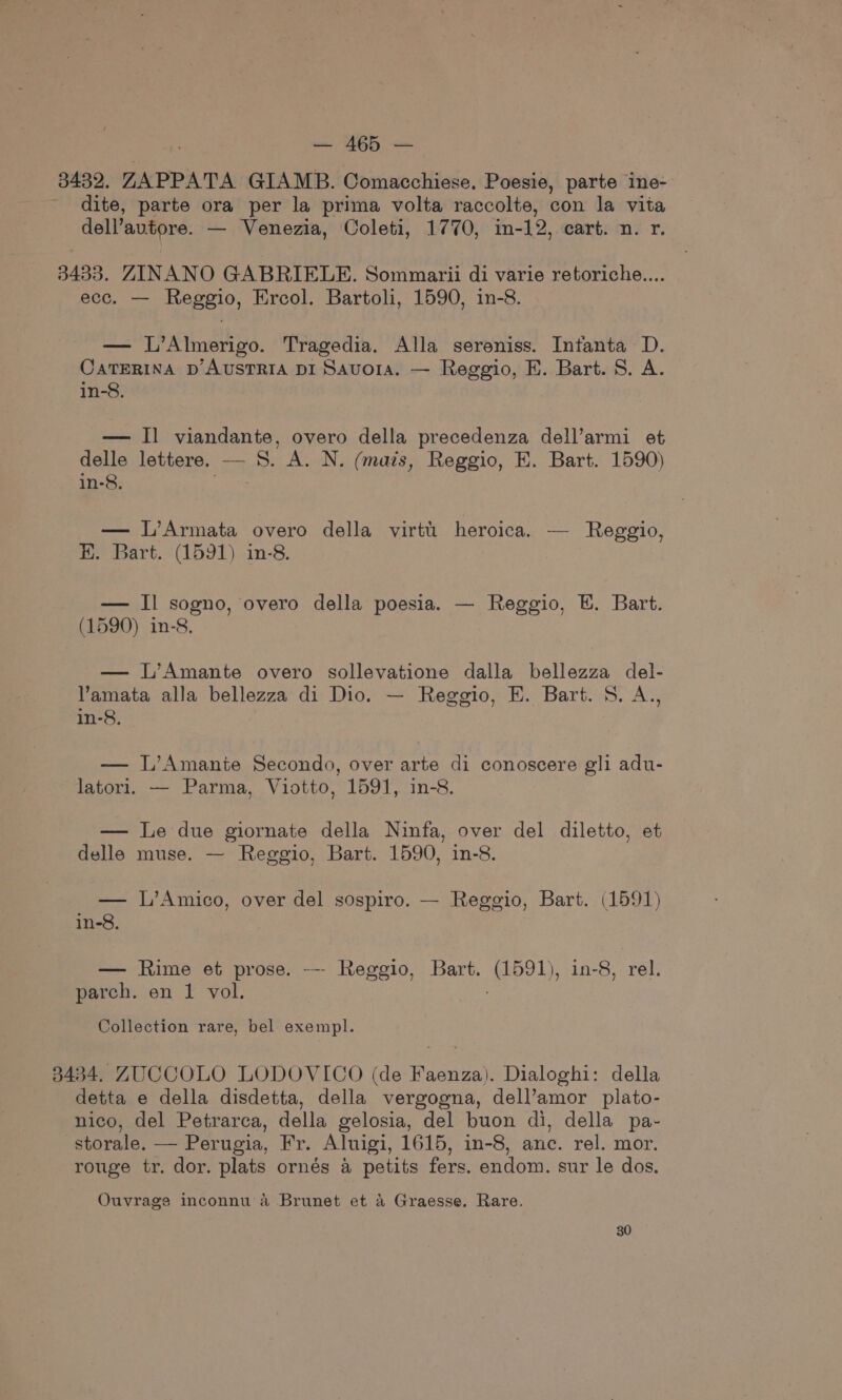 3432. ZAPPATA GIAMB. Comacchiese. Poesie, parte ine- dite, parte ora per la prima volta raccolte, con la vita dell’autore. — Venezia, Coleti, 1770, in-12, cart. n. r. 3433. ZINANO GABRIELE. Sommarii di varie retoriche.... ecc. — Reggio, Ercol. Bartoli, 1590, in-8. — L’Almerigo. Tragedia. Alla sereniss. Intanta D. CATERINA D’ AUSTRIA DI Savoia. — Reggio, E. Bart. 8. A. in-8. — Il viandante, par della precedenza dell’armi et delle lettere, — aS A. N. (mais, Reggio, E. Bart. 1590) in-8. — L’Armata overo della virtt' heroica. — Reggio, E. Bart. (1591) in-8. — Il sogno, overo della poesia. — Reggio, E. Bart. (1590) in-8, — L’Amante overo sollevatione dalla bellezza del- Vamata alla bellezza di Dio. — Reggio, E. Bart. 8. A., in-8. — L’Amanite Secondo, over arte di conoscere gli adu- latori. — Parma, Viotto, 1591, in-8. — Le due giornate della Ninfa, over del diletto, et delle muse. — Reggio, Bart. 1590, in-8. — L’Amico, over del sospiro. — Reggio, Bart. (1591) in-8, — Rime et prose. — Reggio, Bart. Lee in-8, rel. parch. en 1 vol. Collection rare, bel exempl. 3434. ZUCCOLO LODOVICO (de Faenza). Dialoghi: della detta e della disdetta, della vergogna, dell’amor plato- nico, del Petrarca, della gelosia, del buon di, della pa- storale. — Perugia, Fr. Aluigi, 1615, in-8, anc. rel. mor. rouge tr. dor. plats ornés a petits fers. endom. sur le dos. Ouvrage inconnu 4 Brunet et a4 Graesse. Rare. 30
