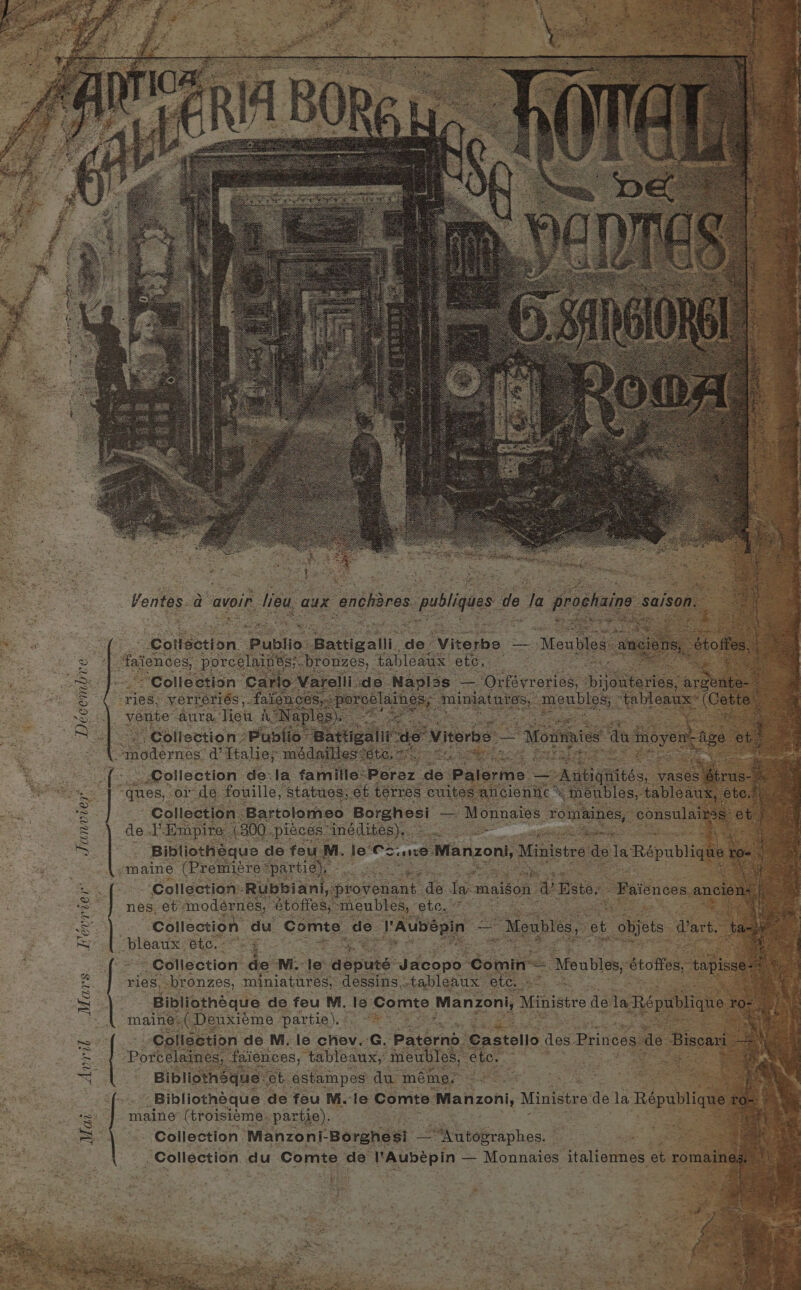 cembre - 2 mo Janvier... De Mars Avrit Mar révrier Colisetion Publio” ‘Betigsih. cle: Vikelbo —- ‘Meubles lli de Naplss — “Orféyreries, hiveitartea: arceleal . celaing ; miniatates,. pentose ae — : ries, verneriés, faion 68, por + Collection? Spates Battigall ; Collection de.la famille® oraz “de: Palerme - — AGtaTites, a a pe Collection. Bartolomeo Borghesi a Monnaies ges kas consulates et - de. Y. Empire. (800. pisces: Tpke ie Pe es hs ‘ Bibliothéque de feu M. le Seu: | maine (Premiére* partie), - eae ee ae ae AN a ‘Collection: Rubbiani, provenant ie. lana maison a’ Esto. Faicnces anciens nes. et modernes, étoffes, meubles, etc. ° % Collection du. Comte de Shade | = “Meubles, eb objets Wart. tan . tanzoniy Ministre de la République Tor _ oA erat © ‘3 i Collection de Mi le: depute ddeape ‘Comin _ ‘Moubles, étoties, tapisse- ay tee ries. bronzes, miniatures, dessins, tableaux ete, 22 a at Bibliothéque de feu M. le Comte Manzoni, Ministre de la République ro- maine. ( Deuxieme Dartia)\t. Ae <<) ee ‘: “Collection de M. le chev. Cc. Patarns: Castello des Princes de Biscari Porbelames faiences, tableaux,’ meubles, ete. Bibliotheque -ct. estampes' du méme, _ Bibliotheque. de feu Mole Comte Manzoni, Ministre de la République rO- tS ah maine (troisiéme: partie). vets Collection: Manzoni-Borghes! - — “Auttographes ee