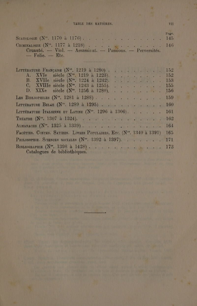 4 ‘ i ABLE DES MATIERES. Vil ie ‘ Page. onpaniemmeicne ee UL ao LO b ae we Ge ok kw) SOR hae arte TAs Commnaniernt UN re jEDC7) &amp; LAU pee oe lilies bial a aah elit PAG Cruauté. — Viol. — Assassinat. — Passions. — Perversités. — Folie. — Ete. brritgarcey baancaee UN SADT. a L280} Por gk Baan emi Le Roy ANB) siecle (NP ialoy a 1Taab ye a) ye Te Bi ville “siecle (NM 1224) ar eee a | or el aS Ue ANI te sidcle: (NR 4 BeBe by Faerie a) Ae nua ae Des Du Rike. siecle: (NM TERS Ae tARO ye i pees ae ERG bas. Dinnioraies CN TARR OPT OBS ye ee corks Bo Ar Sl RG Lirvapatunt’. Banos, (N'% L280 BeOS leis adie dee Chem hak capes tea OD Lrrrérature Irauienne et Latins (N*. 1296 a 1806). . . . . . 161 PHBarhEY (ey, LOT mae) viii oir. Tenniiaw Kava), RehG2 PEMA AGRI GIN di Mada) ey RO Obs geni ou fos ss alee lo: Lath oitec lan eg catn 1bOt Facétres. Conres. Satimes. Livres Porunarres. Erc. (N°. 1340 a 1891) 165 Puiiosopuie. Scrences socrazes (N*. 13892 &amp; 1397). 2. 2. 2 1... 171 PIBLIGQRAPHER, (No sii dash i (dee haces wi nih by, hk ashame ioe Mivciscdiuts vk be Catalogues de bibliothéques.