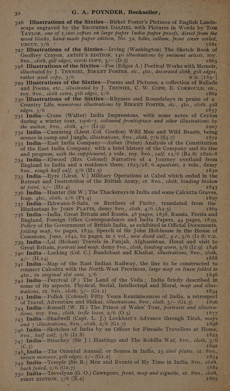 7 /« toy ee a ot AR Bale ye se age : . . ; . An: ier” a Aca 4 9 726 Illustrations of the Sixties—Birket Foster’s Pictures of English Lands “ _ scape engraved by the BROTHERS DALZIEI, with Pictures in Words by Tom TAYLOR, one of 1,000 copies on large paper India paper proofs, direct from the wood blocks, hand- made paper edition, No. 52, folio, vellum, front cover soiled, UNCUT, 7/6 * 188 727 Illustrations of the Sixties—Irving (Washington) The Sketch Book of Geoffrey Crayon, ARTIST’S EDITION, 140. illustvations by eminent artists, roy. 8vo., cloth, gilt edges, GOOD COPY, 5/— (D.5) ~ 1865 728 Illustrations of the Sixties——Poe (Edgar A.) Poetical Works with Memoir, | * illustrated by J. TENNIEL, BIRKET FOSTER, étc., 4to., davorgied cloth, gilt edges, yathey used copy, 3/6 NDAs 9 hs 729 Illustrations of the Sixties—Poems and Pictures; a collection of Ballads ain and Poems, etc., illustrated by J. TENNIEL, C. W. CopE, E. CORBOULD, hoo ae roy. 8vo., cloth extra, gilt edges, 2/6 +B6e 730 Illustrations of the Sixties—Rhymes and Roundelays in praise of a — Country Life, numerous illustvations by BIRKET FOSTER, éic., _4to., cloth, gilt edges, 3/6 Beat 523545 731 India—Crane (Walter) ‘India Impressions, with some notes of Ceylon during a winter tour, 1906-7, coloured frontispiece and other illustrations by es the author, 8vo., cloth, 4/— (11.9) 1907 732 India—Cumming (Lieut.-Col. Gordon) Wild Men and Wild Beasts, being _ scenes in camp and Jungle, z//ustvations, 8vo., cloth, 7/6 (S3.7) E872 733 India—East India Company—Auber (Peter) Analysis of the Constitution — of the East India Company, with a brief history of the Company andits rise _ and progress, with the supplement, 2 vols., roy. 8vo., calf, 12/6 (B2.8) 1826-8 © 734 India—Elwood (Mrs. Colonel) Narrative of a Journey overland from England to India and a residence there, 1825/28, 6 Sgt iow 2 vols., demy 8vo., rough half calf, 3/6 (H1.5) 1830 . 735 India—-Eyre (Lieut. V.) Military Operations at Cabul which ened in the. — Retreat and Destrifction of the British Army, cr. 8vo., cloth, binding broken 2 at joint, 2/— (H1.4) 1843 736 India—Hunter (Sir W.) The Thackerays in India and some Calcutta Graves: ~ fcap. 4to., cloth, 2/6 (F1.4) 1897 . 737 India— Ikhwanu- S-Safa, or Brothers of Purity, translated from the — Hindustani by JOHN PLaTtTs, demy, 8vo., cloth, 4/6 (Az2.5) 1869 83 738 India—India, Great Britain and Russia, 48 pages, 1838, Russia, Persia and England, Foreign Office Correspondence and India Papers, 44 pages, 1839, Policy of the Government of British India, as exhibited in Official Documents, folding map, 60 pages, 1839, Speech of Sir John Hobhouse in the House of Commons, June, 1842, 62 pages, in 1 vol., new diced calf, g.e.,5/6 (11.8) V.D. 739 Indi (Mohan) Travels in. Panjab, Afghanistan, Herat and visit to. Great Britain, portrait and map, demy 8vo., cloth, binding worn, 3/6 (11.9) 1846 740 India—larking (Col. C.) Bandobast and Khabar, illustrations, 8vo., cloth, /- 4) / 1888 a8 dias ota of the East Indian Railway, the line 45 be constructed to connect Calcutta with the North-West Provinces, large map on linen folded to 4to., in original slot case, 3/6 1846 | 742 India—Percival (P:) The Land of the Veda ; ‘India briefly described in| some of its aspects, Physical, Social, Intellectual and Moral; map and illus-. tvations, cr. 8vo., cloth, 5/— (G1.1) 1854 Sa) 743 India— Pollok (Colonel) Fifty Years Reminiscences of India, a retrospect of Travel, Adventure and Shikar, z//ustvations, 8vo', cloth, 5/—(G1.5) 1896 | 744 India—Russell (W. H.) The Prince of Wales’ Tour, portraits and illustva- r . tions, roy. 8vo., cloth, trifie loose, 2/6 (O.5) 1897 745 India—Shadwell (Capt. L. J.) Lockiaet s Advance through Tirah, habe ; and 7 illustrations, 8vo., cloth, 2/6 (Gi.7) «. 1898 746 India—Sketches of India by an Officer for Fireside Travellers at Home, 8vo., half calf, 3/6 (11.8) | 1825 747 India—Strachey (Sir J.) Hastings and The Rohilla War, 8vo., cloth, 3/6 — 1892 ~ a 748, india—The Oriental Annual, or Scenes in India, 25 steél plates, ct. 8vo.,. ~~ brown morocco, gilt edges, 2/— (Cx. 7) es 1834500 749 India—Temple (Sir R.) Men and Events of My Time in India, 8vo.. cloth, Sa back faded, 2/6 (G1.7) 1882, 2 750 India—Trevelyan (G. O.) Cawnpore, Seki map and vignette, cr. 8vo., cloth, © 4 FIRST EDITION, 7/6 (X.2) : 6, i865 2 sae ee * pe