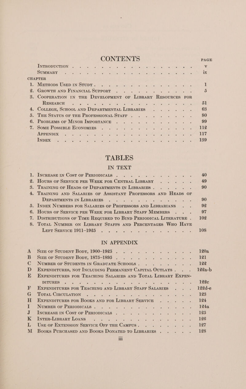 CONTENTS PER ODUOLION cis 3k oe lat teenie GES ea Vay aed Binoradtale ay be odie OY U.S ale SiS Res RMR aise tN Raeeey Tee ORS. ee a Se orc 1. See oe CO 3D OH Hoan S Sonus toy DiEPHONS UsEp EN a TUDS 4 Woke Yn Secanwiust Solara, Pee MS ogee Lain &amp; GROWTH AND FINANCIAL SUPPORT... «2.8 ©.» « @ woke COOPERATION IN THE DEVELOPMENT OF LIBRARY RESOURCES FOR Pe AReee so Rescate, Seat ed ides) 458 ale ue Preah 2s CoLLEGE, SCHOOL AND DEPARTMENTAL LIBRARIES . . ... . Tue STATUS OF THE PROFESSIONAL STAFF . . . . «et Propuns.or Minor IMPORTANCE 2°... 6 20 6 ss DOME F OssinEes ECONOMIES! © or PPS Se OS am OE ay PAP NNEC, Ul alee Tae tee Nae eS ae ne Lee Sag. age Oe, PNR att zr a oo eee ae eee oo gst eR Oa oe BON tg SE dee ae TABLES IN TEXT INCRBASE IN COST OF PERIODICARS |. 4.5 4.&gt; Xo aise ie Gal be Daas Hours oF SERVICE PER WEEK FoR CENTRAL LIBRARY . . .. . Trainine oF Heaps or DEPARTMENTS IN LIBRARIES. . . . . . TRAINING AND SALARIES OF ASSISTANT PROFESSORS AND Habs OF DEPARTMENTS IN-EIBRAREES~ “Gea we 4s tel | Se aks InpEX NUMBERS FOR SALARIES OF PROFESSORS AND LIBRARIANS... Hours or SERVICE PER WEEK FoR Liprary STAFF MEMBERS .. . DisTRIBUTIONS OF TIME REQUIRED TO BIND PERIopIcAL LITERATURE . Tota NumBer on Liprary Starrs AND Percentaces WHo Have RET: Seevich 1Oll- 120. 5 ae Cee eG, BA anaes IN APPENDIX Sizp Or StupmentT Bopy, 1900-1925... 42.2 a Be DIZ OF STUDENT Bopy, 1875-1895 ~. 2.0 3s 6 ee eas NUMBER OF STUDENTS IN GRADUATE SCHOOLS. . . .. . EXPENDITURES, NoT INCLUDING PERMANENT CapiITAL OUTLAYS. .. EXPENDITURES FOR TEACHING SALARIES AND TotaL Liprary EXPEn- DEP ORES eer on ol Pe nec ae a ee ae, ee Nee eens are A Ee ee oes EXPENDITURES FOR TEACHING AND LIBRARY STAFF SALARIES .. OER CARCULATION 6 el ig la) bred Fn ia th ee eeu EXPENDITURES FOR BooKs AND FOR LIBRARY SERVICE . . .. . DME Or PmriOnveaie. 42 0.2 tp ae ee Ae Seis ee Men at Incemasn in Cost. or PeRiopicAIs 0.3) 6. a dipper laeR ee yY LORNG is Coe Ti Seg fl ae 8 AR eee Usr or EXTENSION SERVICE Orr THE CAMPUS. . . . . .. . Booxs PurcHASED AND Books DonaTEep To LIBRARIES . . . . . lil 112 17 139 40 49 90 90 92 97 102 108 120a 121 122 122a-b 122c 122d-e 123 124 124a 125 126 127 128