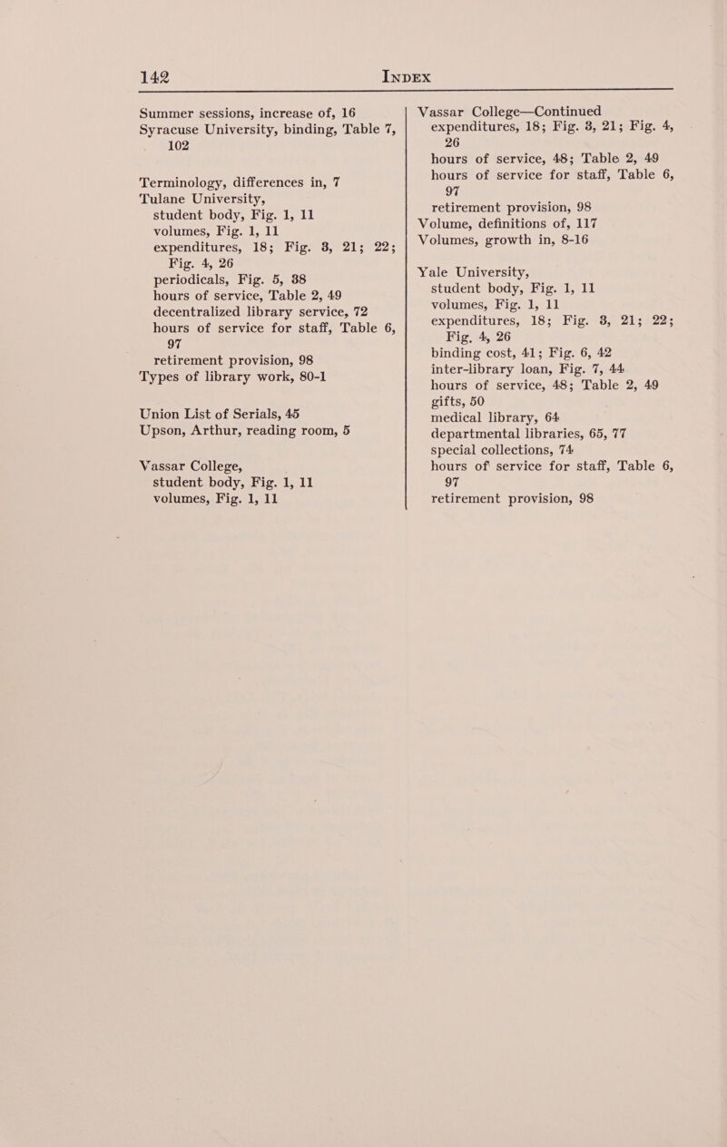 Syracuse University, binding, Table 7, 102 Terminology, differences in, 7 Tulane University, student body, Fig. 1, 11 volumes, Fig. 1, 11 expenditures, 18; Fig. 8, 21; 22; Fig. 4, 26 periodicals, Fig. 5, 88 hours of service, Table 2, 49 decentralized library service, 72 hours of service for staff, Table 6, 97 retirement provision, 98 Types of library work, 80-1 Union List of Serials, 45 Upson, Arthur, reading room, 5 Vassar College, student body, Fig. 1, 11 volumes, Fig. 1, 11 expenditures, 18; Fig. 3, 21; Fig. 4, 26 hours of service, 48; Table 2, 49 hours of service for staff, Table 6, 97 retirement provision, 98 student body, Fig. 1, 11 volumes, Fig. 1, 11 expenditures, 918; Fig. 355 2138225 Fig, 4, 26 binding cost, 41; Fig. 6, 42 inter-library loan, Fig. 7, 44: hours of service, 48; Table 2, 49 gifts, 50 medical library, 64 departmental libraries, 65, 77 special collections, 74 hours of' service for staff, Table 6, 97 retirement provision, 98