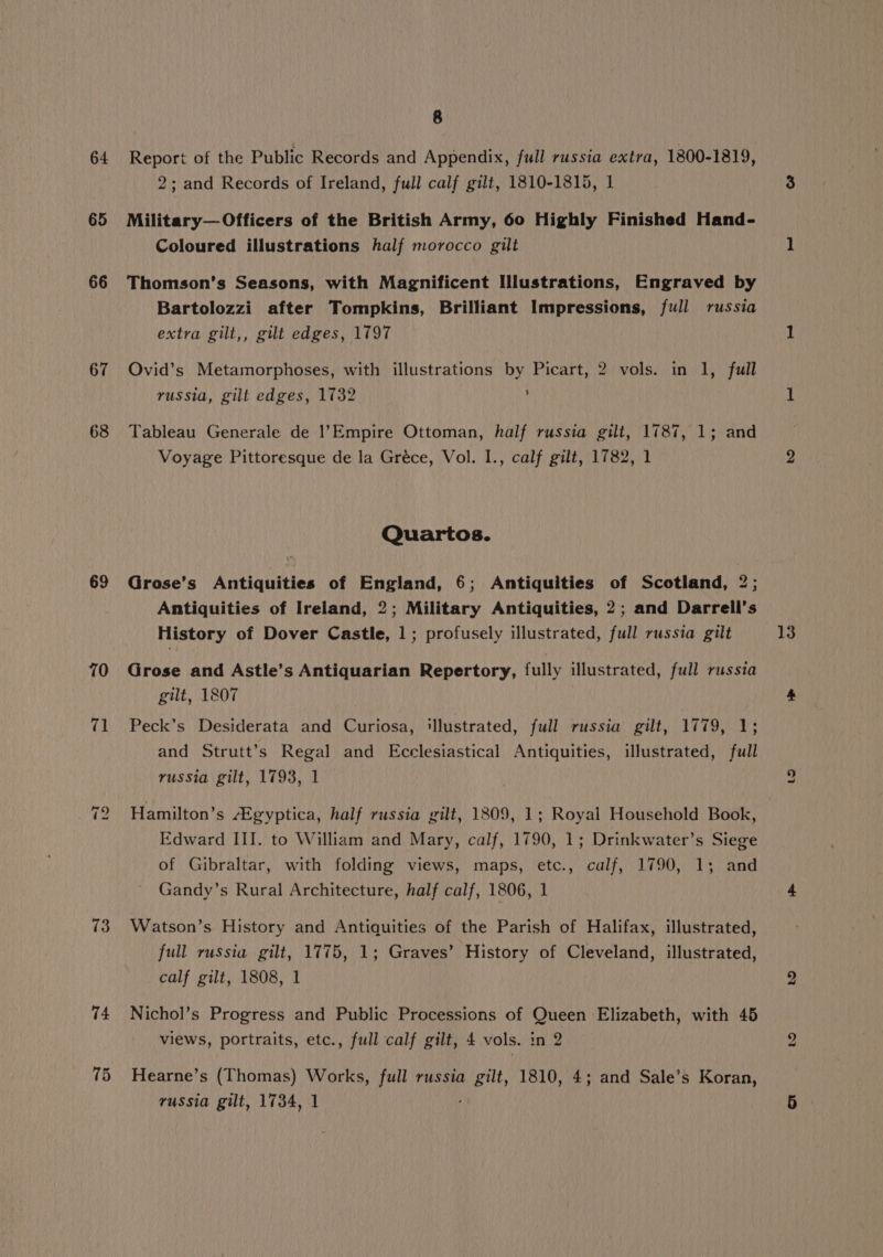 64 65 66 67 68 69 70 ~T bo 74 75 8 Report of the Public Records and Appendix, full russia extra, 1800-1819, 2; and Records of Ireland, full calf gilt, 1810-1815, 1 Military— Officers of the British Army, 60 Highly Finished Hand- Coloured illustrations half morocco gilt Thomson's Seasons, with Magnificent Illustrations, Engraved by Bartolozzi after Tompkins, Brilliant Impressions, full russia extra gilt,, gilt edges, 1797 Ovid’s Metamorphoses, with illustrations by Picart, 2 vols. in 1, full russia, gilt edges, 1732 ; Tableau Generale de 1’Empire Ottoman, half russia gilt, 1787, 1; and Voyage Pittoresque de la Gréce, Vol. I., calf gilt, 1782, 1 Quartos. Grose’s Antiquities of England, 6; Antiquities of Scotland, 2; Antiquities of Ireland, 2; Military Antiquities, 2; and Darrell’s History of Dover Castle, 1; profusely illustrated, full russia gilt Grose and Astle’s Antiquarian Repertory, fully illustrated, full russia gilt, 1807 Peck’s Desiderata and Curiosa, illustrated, full russia gilt, 1779, 1; and Strutt’s Regal and Ecclesiastical Antiquities, illustrated, full russia gilt, 1793, 1 Hamilton’s /Egyptica, half russia gilt, 1809, 1; Royal Household Book, Edward III. to William and Mary, calf, 1790, 1; Drinkwater’s Siege of Gibraltar, with folding views, maps, etc., calf, 1790, 1; and Gandy’s Rural Architecture, half calf, 1806, 1 Watson’s History and Antiquities of the Parish of Halifax, illustrated, full russia gilt, 1775, 1; Graves’ History of Cleveland, illustrated, Nichol’s Progress and Public Processions of Queen Elizabeth, with 45 views, portraits, etc., full calf gilt, 4 vols. in 2 Hearne’s (Thomas) Works, full russia mete 1810, 4; and Sale’s Koran, russia gilt, 1734, 1 13 to