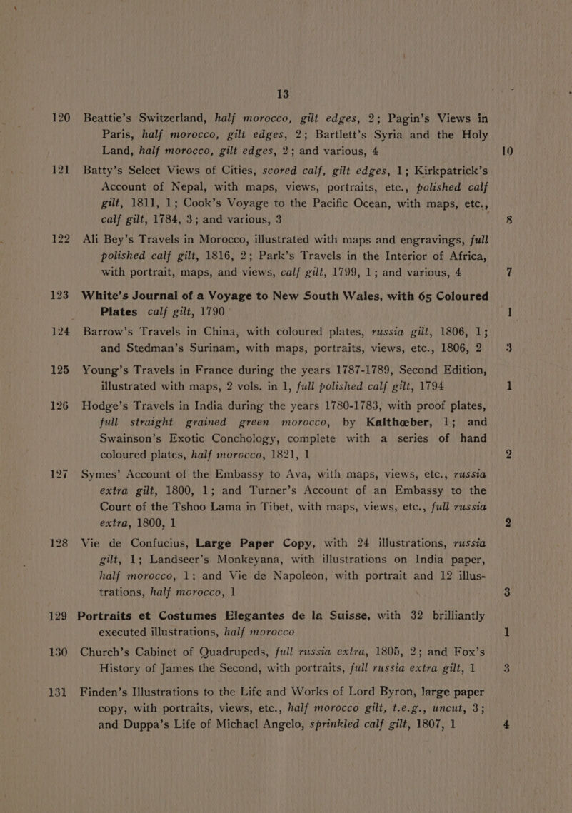120 121 12a 128 129 13 Beattie’s Switzerland, half morocco, gilt edges, 2; Pagin’s Views in Paris, half morocco, gilt edges, 2; Bartlett’s Syria and the Holy Batty’s Select Views of Cities, scored calf, gilt edges, 1; Kirkpatrick’s Account of Nepal, with maps, views, portraits, etc., polished calf gut, 1811, 1; Cook’s Voyage to the Pacific Ocean, with maps, etc., calf gilt, 1784, 3; and various, 3 Ali Bey’s Travels in Morocco, illustrated with maps and engravings, full polished calf gilt, 1816, 2; Park’s Travels in the Interior of Africa, with portrait, maps, and views, calf gilt, 1799, 1; and various, 4 White’s Journal of a Voyage to New South Wales, with 65 Coloured Barrow’s Travels in China, with coloured plates, russia gilt, 1806, 1; and Stedman’s Surinam, with maps, portraits, views, etc., 1806, 2 Young’s Travels in France during the years 1787-1789, Second Edition, illustrated with maps, 2 vols. in 1, full polished calf gilt, 1794 Hodge’s Travels in India during the years 1780-1783, with proof plates, full straight grained green morocco, by Kalthceber, 1; and Swainson’s Exotic Conchology, complete with a series of hand coloured plates, half morecco, 1821, 1 Symes’ Account of the Embassy to Ava, with maps, views, etc., russia extra gilt, 1800, 1; and Turner’s Account of an Embassy to the Court of the Tshoo Lama in Tibet, with maps, views, etc., full russia extra, 1800, 1 Vie de Confucius, Large Paper Copy, with 24 illustrations, russia gilt, 1; Landseer’s Monkeyana, with illustrations on India paper, half morocco, 1; and Vie de Napoleon, with portrait and 12 illus- trations, half mcrocco, 1 Portraits et Costumes Elegantes de la Suisse, with 32 brilliantly executed illustrations, half morocco Church’s Cabinet of Quadrupeds, full russia extra, 1805, 2; and Fox’s History of James the Second, with portraits, full russia extra gilt, 1 Finden’s Illustrations to the Life and Works of Lord Byron, large paper copy, with portraits, views, etc., half morocco gilt, t.e.g., uncut, 3;