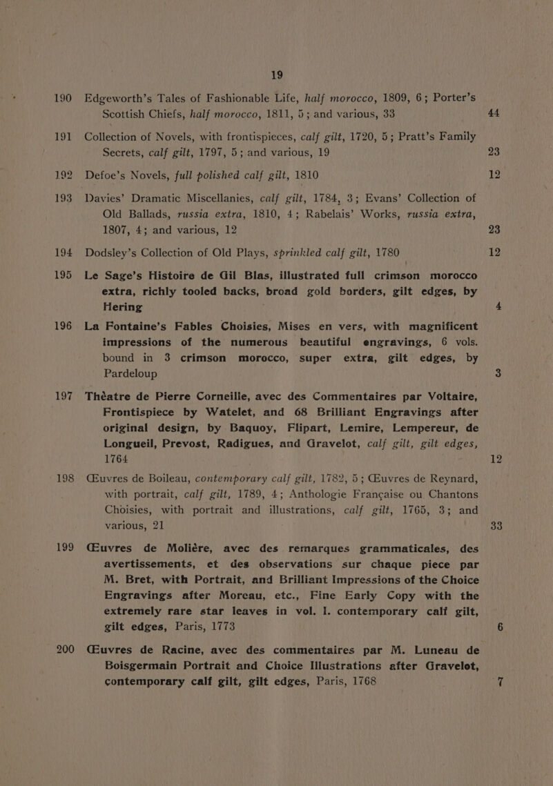 194 195 196 197 198 199 19 Edgeworth’s Tales of Fashionable Life, half morocco, 1809, 6; Porter’s Scottish Chiefs, half morocco, 1811, 5; and various, 33 Collection of Novels, with frontispieces, calf gilt, 1720, 5; Pratt’s Family Secrets, calf gilt, 1797, 5; and various, 19 Defoe’s Novels, full polished calf gilt, 1810 Old Ballads, russia extra, 1810, 4; Rabelais’ Works, russia extra, 1807, 4; and various, 12 Dodsley’s Collection of Old Plays, sprinkled calf gilt, 1780 Le Sage’s Histoire de Gil Blas, illustrated full crimson morocco extra, richly tooled backs, broad gold borders, gilt edges, by Hering La Fontaine’s Fables Choisies, Mises en vers, with magnificent impressions of the numerous beautiful engravings, 6 vols. bound in 3 crimson morocco, super extra, gilt edges, by Pardeloup Theatre de Pierre Corneille, avec des Commentaires par Voltaire, Frontispiece by Watelet, and 68 Brilliant Engravings after original design, by Baquoy, Flipart, Lemire, Lempereur, de Longueil, Prevost, Radigues, and Gravelot, calf gilt, gilt edges, 1764 (Euvres de Boileau, contemporary calf gilt, 1782, 5; GEuvres de Reynard, with portrait, calf gilt, 1789, 4; Anthologie Francaise ou. Chantons Choisies, with portrait and illustrations, calf gilt, 1765, 3; and various, 21 . (Euvres de Moliére, avec des remarques grammaticales, des avertissements, et des observations sur chaque piece par M. Bret, with Portrait, and Brilliant Impressions of the Choice Engravings after Moreau, etc., Fine Early Copy with the extremely rare star leaves in vol. I. contemporary calf gilt, gilt edges, Paris, 1773 CEuvres de Racine, avec des commentaires par M. Luneau de Boisgermain Portrait and Choice Illustrations after Gravelot, contemporary calf gilt, gilt edges, Paris, 1768 44 23 23 12 12 33