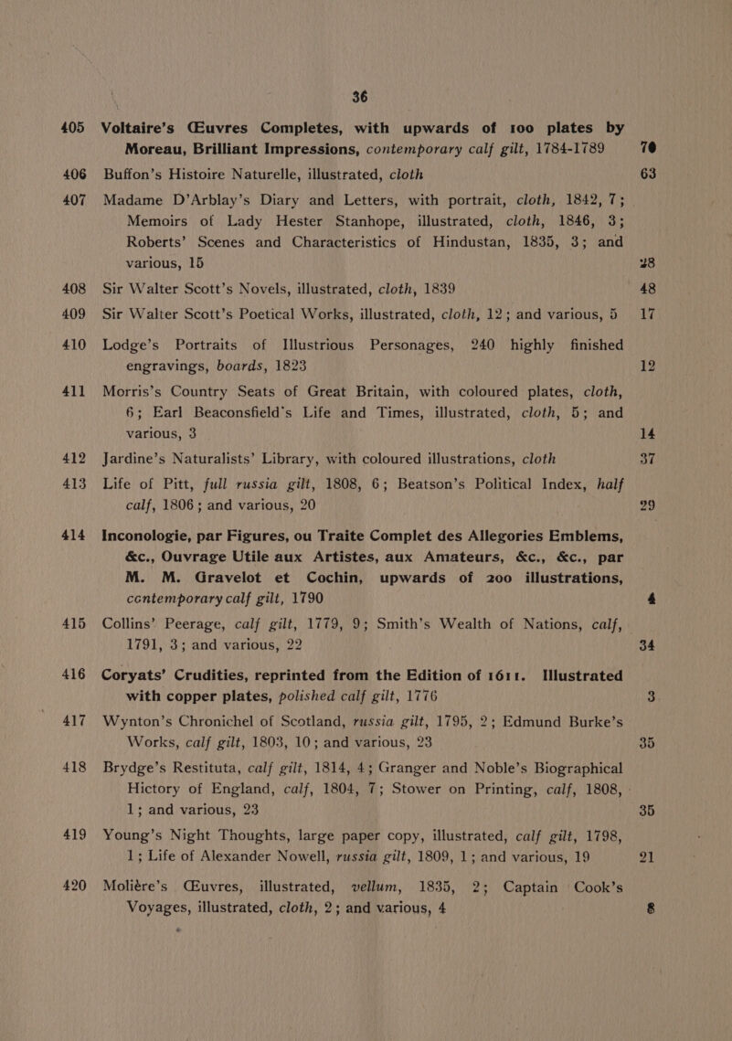 405 406 407 408 409 410 411 412 413 414 415 416 418 419 420 36 Voltaire’s CEuvres Completes, with upwards of roo plates by Moreau, Brilliant Impressions, contemporary calf gilt, 1784-1789 Buffon’s Histoire Naturelle, illustrated, cloth Memoirs ot Lady Hester Stanhope, illustrated, cloth, 1846, 3; Roberts’ Scenes and Characteristics of Hindustan, 1835, 3; and various, 15 Sir Walter Scott’s Novels, illustrated, cloth, 1839 Sir Walter Scott’s. Poetical Works, illustrated, cloth, 12; and various, 5 Lodge’s Portraits of Illustrious Personages, 240 highly finished engravings, boards, 1823 Morris’s Country Seats of Great Britain, with coloured plates, cloth, 6; Earl Beaconsfield’s Life and Times, illustrated, cloth, 5; and various, 3 Jardine’s Naturalists’ Library, with coloured illustrations, cloth Life of Pitt, full russia gilt, 1808, 6; Beatson’s Political Index, half calf, 1806 ; and various, 20 Inconologie, par Figures, ou Traite Complet des Allegories Emblems, &amp;c., Ouvrage Utile aux Artistes, aux Amateurs, &amp;c., &amp;c., par M. M. Gravelot et Cochin, upwards of 200 illustrations, contemporary calf gilt, 1790 Collins’ Peerage, calf gilt, 1779, 9; Smith’s Wealth of Nations, calf, 1791, 3; and various, 22 Coryats’ Crudities, reprinted from the Edition of 1611. lustrated with copper plates, polished calf gilt, 1776 Wynton’s Chronichel of Scotland, russia gilt, 1795, 2; Edmund Burke’s Works, calf gilt, 1803, 10; and various, 23 Brydge’s Restituta, calf gilt, 1814, 4; Granger and Noble’s Biographical 1; and various, 23 Young’s Night Thoughts, large paper copy, illustrated, calf gilt, 1798, 1; Life of Alexander Nowell, russia gilt, 1809, 1; and various, 19 Moliére’s CEuvres, illustrated, vellum, 1835, 2; Captain Cook’s Voyages, illustrated, cloth, 2; and various, 4 70 63 37 29 34 35 35