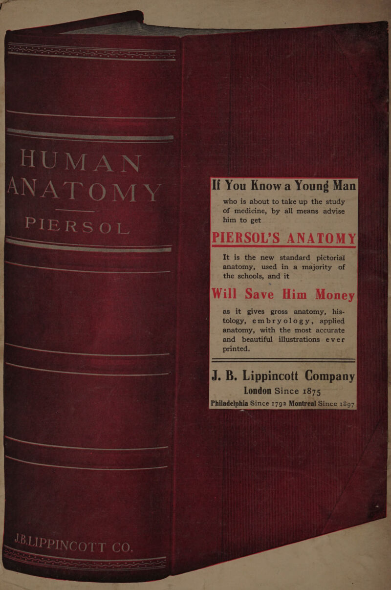 If You Know a Young Manj who is about to take up the study of medicine, by all means advise him to get It is the new standard pictorial anatomy, used in a majority of the schools, and it as it gives gross anatomy, his- tology, embryology, applied anatomy, with the most accurate and beautiful illustrations ever printed. J. B. Lippincott Company London Since 1875 Philadelphia Since 1792 Montreal Since 1897 ““IPPINCOTT CO. ett ater eat e