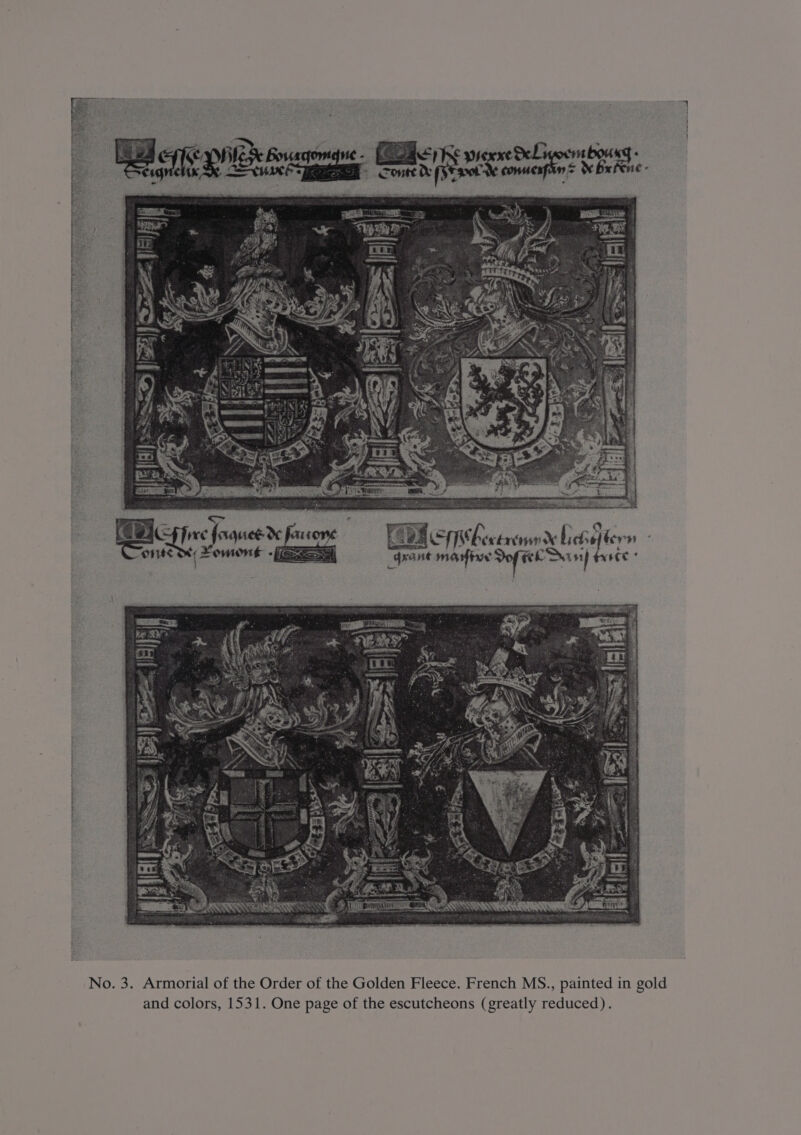 ee , ecenunenn 2 yp anon sich fi Ep bexercnind Licheflern ONES { zemioné “ES grant mafic Dof ELD nj wee’ AS SAanStaeannuanaannaanna sensnns SKA unAMaannnannnnsenenaaanans No. 3. Armorial of the Order of the Golden Fleece. French MS., painted in gold and colors, 1531. One page of the escutcheons (greatly reduced). eect |