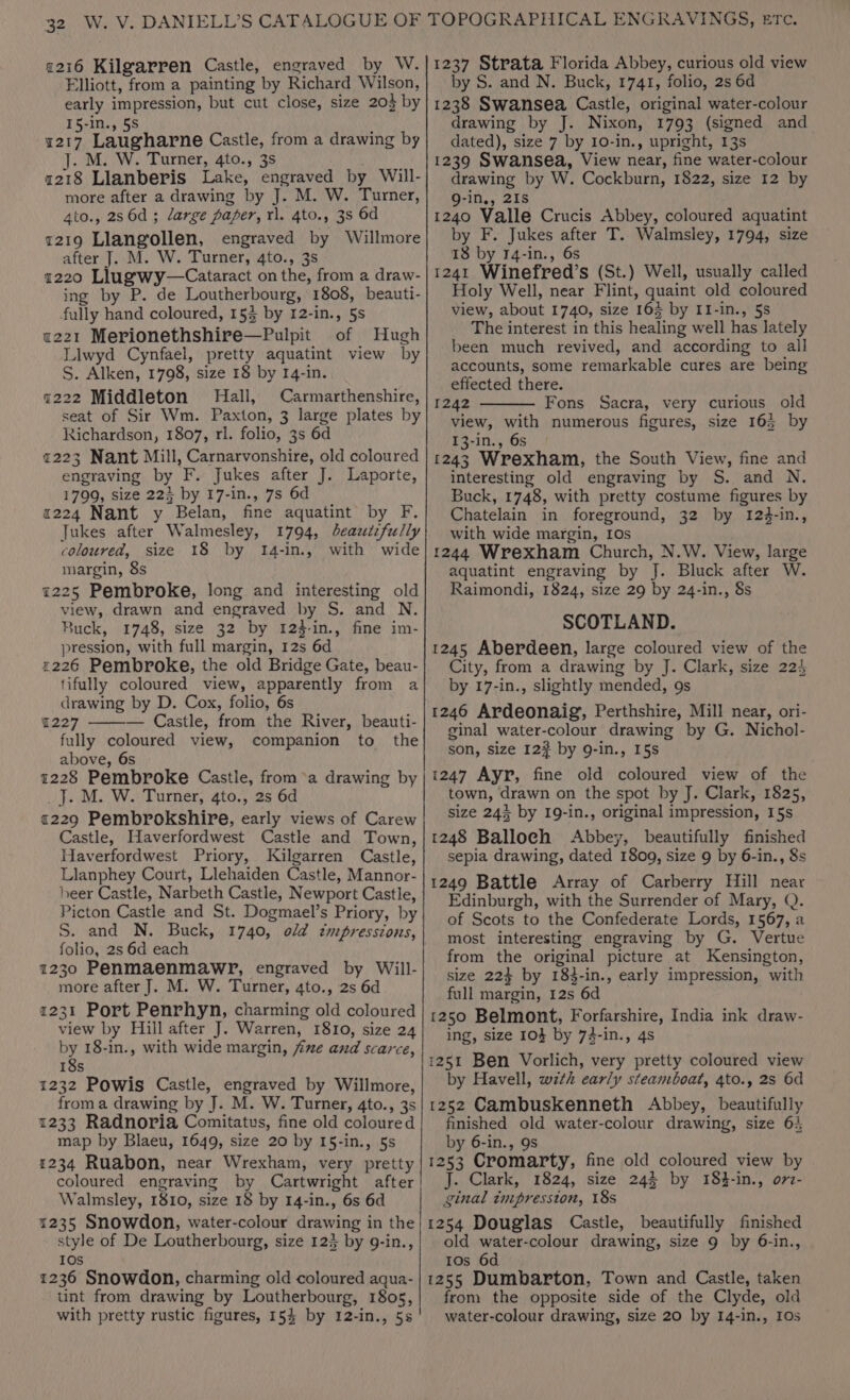 Elliott, from a painting by Richard Wilson, early impression, but cut close, size 203 by 15-in., 5S 1217 Laugharne Castle, from a drawing by J. M. W. Turner, 4to., 3s z218 Llanberis Lake, engraved by Will- more after a drawing by J. M. W. Turner, 4to., 286d; large paper, rl. 4to., 3s 6d r219 Llangollen, engraved by Willmore after J. M. W. Turner, 4to., 3s a220 Llugwy—Cataract on the, from a draw- ing by P. de Loutherbourg, 1808, beauti- fully hand coloured, 153 by 12-in., 5s e221 Merionethshire—Pulpit of Hugh Llwyd Cynfael, pretty aquatint view by S. Alken, 1798, size 18 by I4-in. 7222 Middleton Hall, Carmarthenshire, seat of Sir Wm. Paxton, 3 large plates by Richardson, 1807, rl. folio, 3s 6d &lt;223 Nant Mill, Carnarvonshire, old coloured engraving by F. Jukes after J. Laporte, 1799, size 224 by 17-In., 7s 6d 2224 Nant y Belan, fine aquatint by F. Jukes after Walmesley, 1794, deaztefully coloured, size 18 by 14-in., with wide margin, 8s 7225 Pembroke, long and interesting old view, drawn and engraved by S. and N. Ruck, 1748, size 32 by 124-in., fine im- pression, with full margin, 12s 6d £226 Pembroke, the old Bridge Gate, beau- tifully coloured view, apparently from a drawing by D. Cox, folio, 6s 1227 — Castle, from the River, beauti- fully coloured view, companion to the above, 6s 1228 Pembroke Castle, froma drawing by J. M. W. Turner, 4to., 2s 6d 2229 Pembrokshire, early views of Carew Castle, Haverfordwest Castle and Town, Haverfordwest Priory, Kilgarren Castle, Llanphey Court, Llehaiden Castle, Mannor- heer Castle, Narbeth Castle, Newport Castle, Picton Castle and St. Dogmael’s Priory, by S. and N. Buck, 1740, old ctmipressions, folio, 2s 6d each 1230 Penmaenmawr, engraved by Will- more after J. M. W. Turner, 4to., 2s 6d 231 Port Penrhyn, charming old coloured view by Hill after J. Warren, 1810, size 24 by 18-in., with wide margin, fixe and scarce, 18s 1232 Powis Castle, engraved by Willmore, froma drawing by J. M. W. Turner, 4to., 3s 1233 Radnoria Comitatus, fine old coloured map by Blaeu, 1649, size 20 by I5-in., 5s 1234 Ruabon, near Wrexham, very pretty Walmsley, 1810, size 18 by 14-in., 6s 6d #235 Snowdon, water-colour drawing in the style of De Loutherbourg, size 123 by 9-in., 10s 1236 Snowdon, charming old coloured aqua- tint from drawing by Loutherbourg, 1805, with pretty rustic figures, 154 by 12-in., 5s by S. and N. Buck, 1741, folio, 2s 6d 1238 Swansea Castle, original water-colour drawing by J. Nixon, 1793 (signed and dated), size 7 by 10-in., upright, 13s 1239 Swansea, View near, fine water-colour drawing by W. Cockburn, 1822, size 12 by Q-in,, 21s 1240 Valle Crucis Abbey, coloured aquatint by F. Jukes after T. Walmsley, 1794, size 18 by 14-in., 6s 1241 Winefred’s (St.) Well, usually called Holy Well, near Flint, quaint old coloured view, about 1740, size 163 by II-in., 5s The interest in this healing well has lately been much revived, and according to all accounts, some remarkable cures are being effected there. 1242 Fons Sacra, very curious old view, with numerous figures, size 163 by I3-in., 6s 1243 Wrexham, the South View, fine and interesting old engraving by S. and N. Buck, 1748, with pretty costume figures by Chatelain in foreground, 32 by 124-in., With wide margin, IOs 1244 Wrexham Church, N.W. View, large aquatint engraving by J. Bluck after W. Raimondi, 1824, size 29 by 24-in., §s SCOTLAND. 1245 Aberdeen, large coloured view of the City, from a drawing by J. Clark, size 224 by 17-in., slightly mended, 9s 1246 Ardeonaig, Perthshire, Mill near, ori- ginal water-colour drawing by G. Nichol- son, size 12? by 9-in., 15s 1247 Ayr, fine old coloured view of the town, drawn on the spot by J. Clark, 1825, size 243 by 19-in., original impression, 15s 1248 Balloch Abbey, beautifully finished sepia drawing, dated 1809, size 9 by 6-in., 8s 1249 Battle Array of Carberry Hill near Edinburgh, with the Surrender of Mary, Q. of Scots to the Confederate Lords, 1567, a most interesting engraving by G. Vertue from the original picture at Kensington, size 224 by 183-in., early impression, with full margin, 12s 6d 1250 Belmont, Forfarshire, India ink draw- ing, size 104 by 74-in., 4s 1251 Ben Vorlich, very pretty coloured view by Havell, with early steamboat, 4to., 2s 6d 1252 Cambuskenneth Abbey, beautifully finished old water-colour drawing, size 64 by 6-in., 9s 1253 Cromarty, fine old coloured view by J. Clark, 1824, size 245 by 18%-in., o7z- ginal tupression, 18s 1254 Douglas Castle, beautifully finished old water-colour drawing, size 9 by 6-in., Ios 6d 1255 Dumbarton, Town and Castle, taken from the opposite side of the Clyde, old water-colour drawing, size 20 by I4-in., IOs