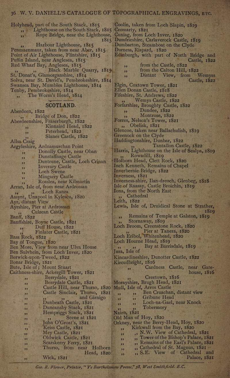 Colin, taken from Toth n Stapin, 1819 a ae vf “y Harbour Lighthouse, 1815 Penmaenmaur, taken from near Aber, 1815 Point of Air Lighthouse, Flintshire, 1815 Puffin Island, near Anglesea, 1815 Red Wharf Bay, Anglesea, 1815 St, Donat? s, Glamorganshire, 1814 Solva, near St. David’s, Pembrokeshire, 1814 Swansea Bay, Mumbles Lighthouse, 1 STA Tenby, Pembrokeshire, 1814 The Worm’s Head, 1814 SCOTLAND. Aberdeen, 1822 - ‘5, &gt;. Bridge of Don, 1822 Aberdeenshire, Fraserburgh, 1822 Kinnaird Head, 1822 Peterhead, 1822 ‘ Slanes Castle, 1822 99 93 99 39 Ailsa Craig Argyleshire, Ardnamurchan Point Donolly Castle, near Oban Dunstaffnage Castle Duntrune, Castle, Loch Crinan Inverary Castle Loch Swene Mingarry Castle ~ Rosslea, near Kilmartin Arran, Isle of, from near Ardrossan 3, Loch Ranza Assynt, Unapool in Kylescu, 1820 Ayr, distant View Ayrshire, Pier at Ardrossan “4 Culzean Castle ~ Banff, 1822 Bantishie, Boyne Castle, 1821 ae Duff House, 1822 sf Finlater Castle, 1821 Bass Rock, 1822 . ’ Bay of Tongue, 1820 Ben More, View from near Ulva House Ben Sulvhein, from Loch Inver, 1820 Berwick-upon-Tweed, 1822 _ Bonar Bridge, 1821 Bute, Isle of ; Mount Stuart Caithness-shire, Ackergill Tower, 1821 Berrydale, 1821 . Berrydale Castle, 1821 Castle Hill, near Thurso, 1820 Castle Sinclair, Thurso, 1821 and Girnigo Dunbeath Castle, 1821 Duncansby Stack, 1821 Hempriggs Stack, 1821 Scene at 1821 John O’Groat’s, 1821 Keiss Castle, 1821 Mey Castle, 1821 -Oldwick Castle, 1821 Scarskerry Ferry, 1821 Thurso, from near Wick, 1821 Dumbarton, Steamboat on the Clyde Durness, Rispard, . 1820 maeburgh, with part of North Bridge and - *- Castle, 1822 from the Castle, 1822 = from the Calton Hill, 1822 Distant View, from Wemyss Castle, 1822 © ;  99 Elgin, Coxtown Tower, 1821 Ellen Donan Castle, 1818 Fifeshire, St. Andrews, 1822 Bios Wemys Castle, 1822 Forfarshire, Broughty Castle, 1822 4 Dundee, 1822 7 Montrose, 1822 F orres, Nelson’s Tower, 1821 », Obelisk, 1821 +a Glencoe, taken near Ballachulish, 1819 ai Greenock on the Clyde és ne eer eons, Dunbar, 1822 &gt; Tantallon.Castle, 1822 », Rowadill, 1819 Holborn Head, Clett Rock, 1820 Inch Kenneth, Remains of Chapel bee Inverbernie Bridge, 1822 Inverness-shire, Ilan-dreoch, Glenbeg, 1818. Isle of Raasay, Castle Broichin, 1819 », Cathedral . Leith, 1822 ie tewis, Isle of, Diiica Stone at Strather, . I _y, Remains of Temple at Galston, 1819 es 4, Stornaway, 1819 Loch Broom, Creenstone Rock, 1820 ae Pier at Tanera, 1820 PE boda och Eribol, Whitenhead, 1820 pea Loch Hourne Head, 1819 oe S5ny fs sy 2 9) , Bay at -Barrisdale, 19. Jura, Isle of near Ges tae house, 1816 , Creetown, 1816 “ ae Morayshire, Brugh Head, 1821 ga Mull, Isle of, Arros Castle Thies ae Ben Cruachan, distant view == Gribune Head ot 'y Sao Loch-na-Gael, near Kubek so eee Tobermory 1 ie ris Cardness_ Castle, 99 99 93 99 93 Niim, 1821 Sains x, Orkney, near the Berry-Head, Hoy, 1820 © ee: Kirkwall from the Bay, 1820 ' , » N.W. View of Cathedral, 1821 as 3» Tower of the Bishop’s Palace, 19a: Shee », Remains of the Earl’s Palace, 1821 », Cathedral of St. Magnus, 1821 fine View | of Cathedral and =~ f ~ Palace, 1821 Se