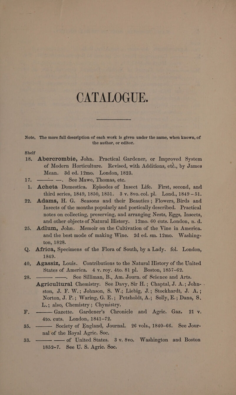CATALOGUE. Note, The more full description of each work is given under the name, when known, of the author, or editor. Shelf 18. Abercrombie, John. Practical Gardener, or Improved System of Modern Horticulture. Revised, with Additions, eté., by James Mean. 3ded.12mo. London, 1823. —. See Mawe, Thomas, etc. Acheta Domestica. Episodes of Insect Life. First, second, and third series, 1849, 1850, 1851. 3 -v. 8vo.col. pl. Lond., 1849 —51. 22. Adams, H. G. Seasons and their Beauties; Flowers, Birds and Insects of the months popularly and poetically described. Practical notes on collecting, preserving, and arranging Nests, Eggs, Insects, and other objects of Natural History. 12mo. 60 cuts. London, n. d. 25. Adlum, John. Memoir on the Cultivation of the Vine in America. and the best mode of making Wine. 2d ed.sm.12mo. Washing- ton, 1828. Q. Africa, Specimens of the Flora of South, by a Lady. fol. London, 1849. 40. Agassiz, Louis. Contributions to the Natural History of the United States of America. 4 v. roy. 4to. 81 pl. Boston, 1857-62. 28. See Silliman, B., Am. Journ. of Science and Arts. Agricultural Chemistry. See Davy, Sir H.; Chaptal, J. A.; John- . ston, J. F. W.; Johnson, S. W.; Liebig, J.; Stockhardt, J. A. ; Norton, J. P.; Waring, G. E.; Petzholdt, A.; Solly, E.; Dana, S. L.; also, Chemistry ; Chymistry. F. Gazette. Gardener’s Chronicle and Agric. Gaz. 21 v. 4to. cuts. London, 1841-72. 35. Society of England, Journal. 26 vols., 1840-66. See Jour- nal of the Royal Agric. Soc. 33. of United States. 3 v. 8vo. Washington and Boston 1852-7. See U.S. Agric. Soc.