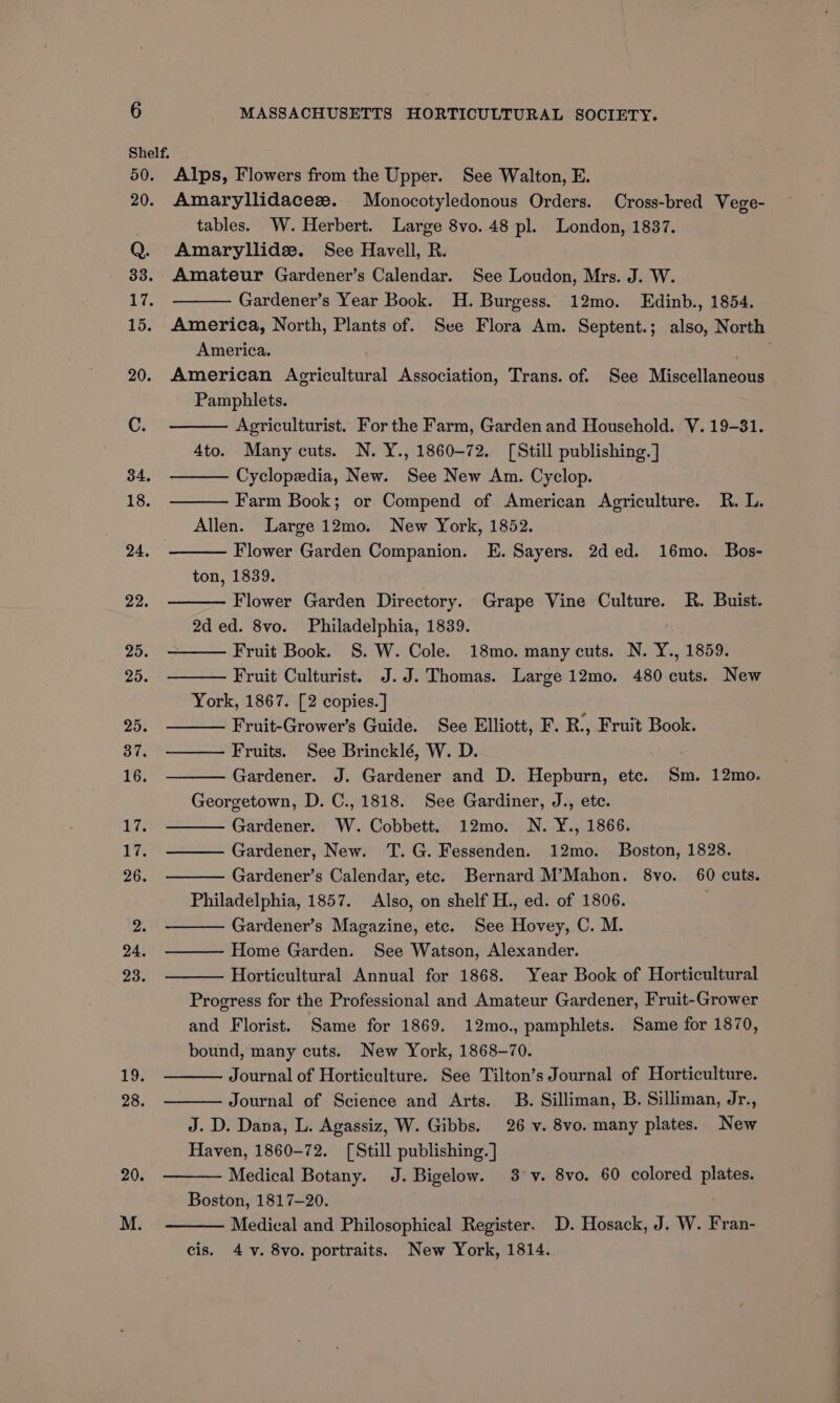 20. MASSACHUSETTS HORTICULTURAL SOCIETY. Alps, Flowers from the Upper. See Walton, E. Amaryllidaceze.- Monocotyledonous Orders. Cross-bred Vege- tables. W. Herbert. Large 8vo. 48 pl. London, 1837. Amaryllidee. See Havell, R. Amateur Gardener’s Calendar. See Loudon, Mrs. J. W. Gardener’s Year Book. H. Burgess. 12mo. Edinb., 1854. America, North, Plants of. See Flora Am. Septent.; also, North America. American Agricultural Association, Trans. of. See Miscellaneous Pamphlets. Agriculturist. For the Farm, Garden and Household. V. 19-31. 4to. Many cuts. N. Y., 1860-72. [Still publishing. ] Cyclopedia, New. See New Am. Cyclop. Farm Book; or Compend of American Agriculture. R. L. Allen. Large 12mo. New York, 1852. Flower Garden Companion. E. Sayers. 2d ed. 16mo. Bos- ton, 1839. Flower Garden Directory. Grape Vine Culture. R. Buist. 2d ed. 8vo. Philadelphia, 1839. . Fruit Book. S. W. Cole. 18mo. many cuts. N. Y., 1859. Fruit Culturist. J.J. Thomas. Large 12mo. 480 cuts. New York, 1867. [2 copies.] Fruit-Grower’s Guide. See Elliott, F. R., Fruit Book. Fruits. See Brincklé, W. D. ) Gardener. J. Gardener and D. Hepburn, etc. Sm. 12mo. Georgetown, D. C., 1818. See Gardiner, J., etc. Gardener. W. Cobbett. 12mo. N. ¥., 1866. Gardener, New. T.G. Fessenden. 12mo. Boston, 1828. Gardener’s Calendar, etc. Bernard M’Mahon. 8vo. 60 cuts. Philadelphia, 1857. Also, on shelf H., ed. of 1806. Gardener’s Magazine, etc. See Hovey, C. M. Home Garden. See Watson, Alexander. | Horticultural Annual for 1868. Year Book of Horticultural Progress for the Professional and Amateur Gardener, Fruit-Grower and Florist. Same for 1869. 12mo., pamphlets. Same for 1870, bound, many cuts. New York, 1868-70. Journal of Horticulture. See Tilton’s Journal of Horticulture. J. D. Dana, L. Agassiz, W. Gibbs. 26 v. 8vo. many plates. New Haven, 1860-72. [Still publishing. ] Medical Botany. J. Bigelow. 3'v. 8vo. 60 colored plates. Boston, 1817-20. Medical and Philosophical Register. D. Hosack, J. W. Fran- cis. 4 v. 8vo. portraits. New York, 1814.