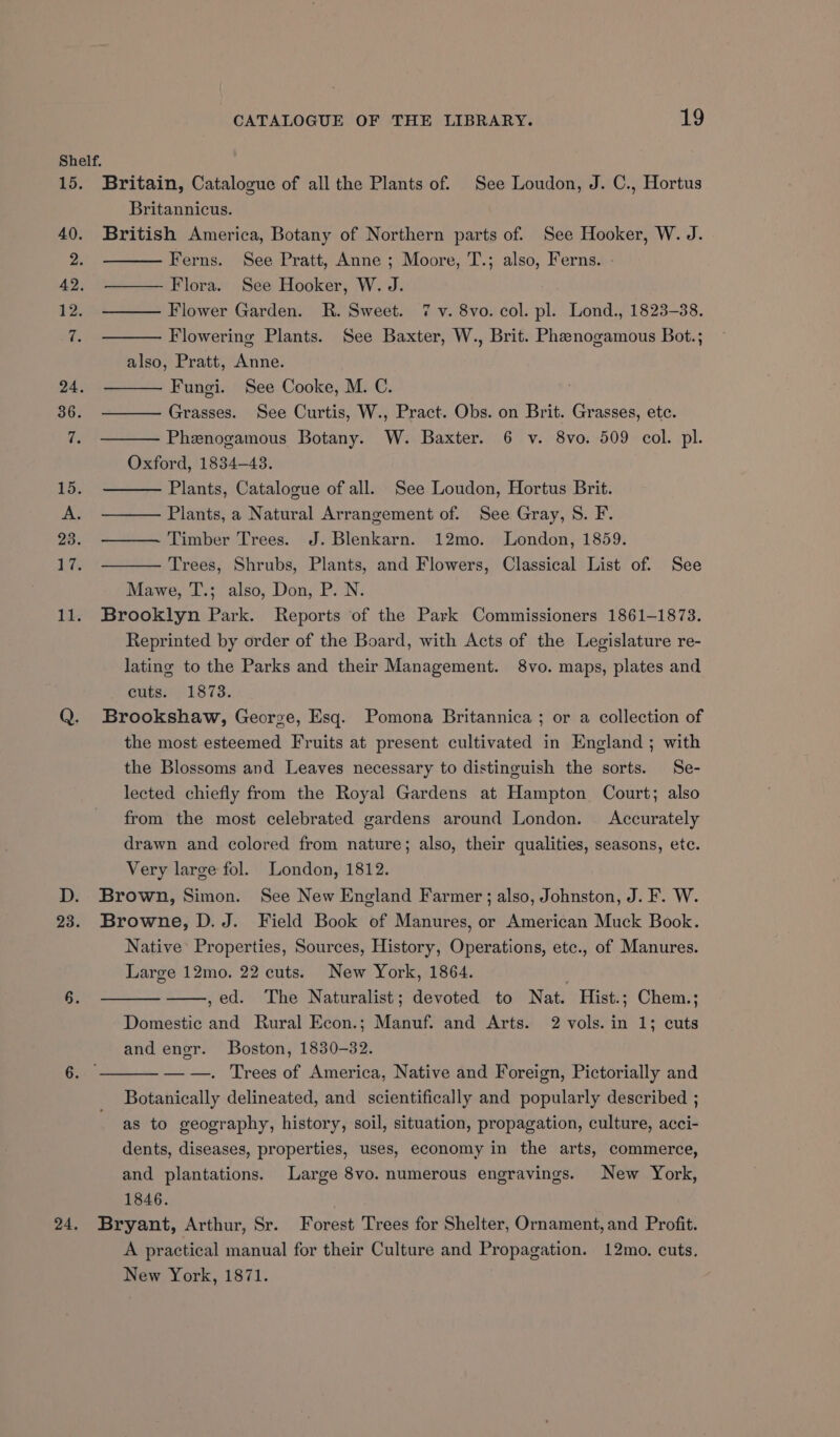 Britain, Catalogue of all the Plants of. See Loudon, J. C., Hortus Britannicus. British America, Botany of Northern parts of. See Hooker, W. J. Ferns. See Pratt, Anne ; Moore, T.; also, Ferns. Flora. See Hooker, W. J. Flower Garden. R. Sweet. 7 v. 8vo. col. pl. Lond., 1823-38. Flowering Plants. See Baxter, W., Brit. Phanogamous Bot.; also, Pratt, Anne. Fungi. See Cooke, M. C. Grasses. See Curtis, W., Pract. Obs. on Brit. easiee ete. Phenogamous Botany. W. Baxter. 6 v. 8vo. 509 col. pl. Oxford, 1834-43. Plants, Catalogue of all. See Loudon, Hortus Brit. Plants, a Natural Arrangement of. See Gray, S. F. Timber Trees. J. Blenkarn. 12mo. London, 1859. Trees, Shrubs, Plants, and Flowers, Classical List of. See Mawe, T.; also, Don, P. N. Brooklyn Park. Reports of the Park Commissioners 1861-1873. Reprinted by order of the Board, with Acts of the Legislature re- lating to the Parks and their Management. 8vo. maps, plates and cuts. 1873. Brookshaw, George, Esq. Pomona Britannica ; or a collection of the most esteemed Fruits at present cultivated in England ; with the Blossoms and Leaves necessary to distinguish the sorts. Se- lected chiefly from the Royal Gardens at Hampton Court; also from the most celebrated gardens around London. Accurately drawn and colored from nature; also, their qualities, seasons, etc. Very large fol. London, 1812. Brown, Simon. See New England Farmer ; also, Johnston, J. F. W. Browne, D. J. Field Book of Manures, or American Muck Book. Native’ Properties, Sources, History, Operations, etc., of Manures. Large 12mo. 22 cuts. New York, 1864. , ed. The Naturalist; devoted to Nat. Hist.; Chem.; Domestic and Rural Econ.; Manuf. and Arts. 2 vols. in 1; cuts and ener. Boston, 1830-32. —w—. Trees of America, Native and Foreign, Pictorially and Botanically delineated, and scientifically and popularly described ; as to geography, history, soil, situation, propagation, culture, acci- dents, diseases, properties, uses, economy in the arts, commerce, and plantations. Large 8vo. numerous engravings. New York, 1846. . Bryant, Arthur, Sr. Forest Trees for Shelter, Ornament, and Profit. A practical manual for their Culture and Propagation. 12mo. cuts. New York, 1871.