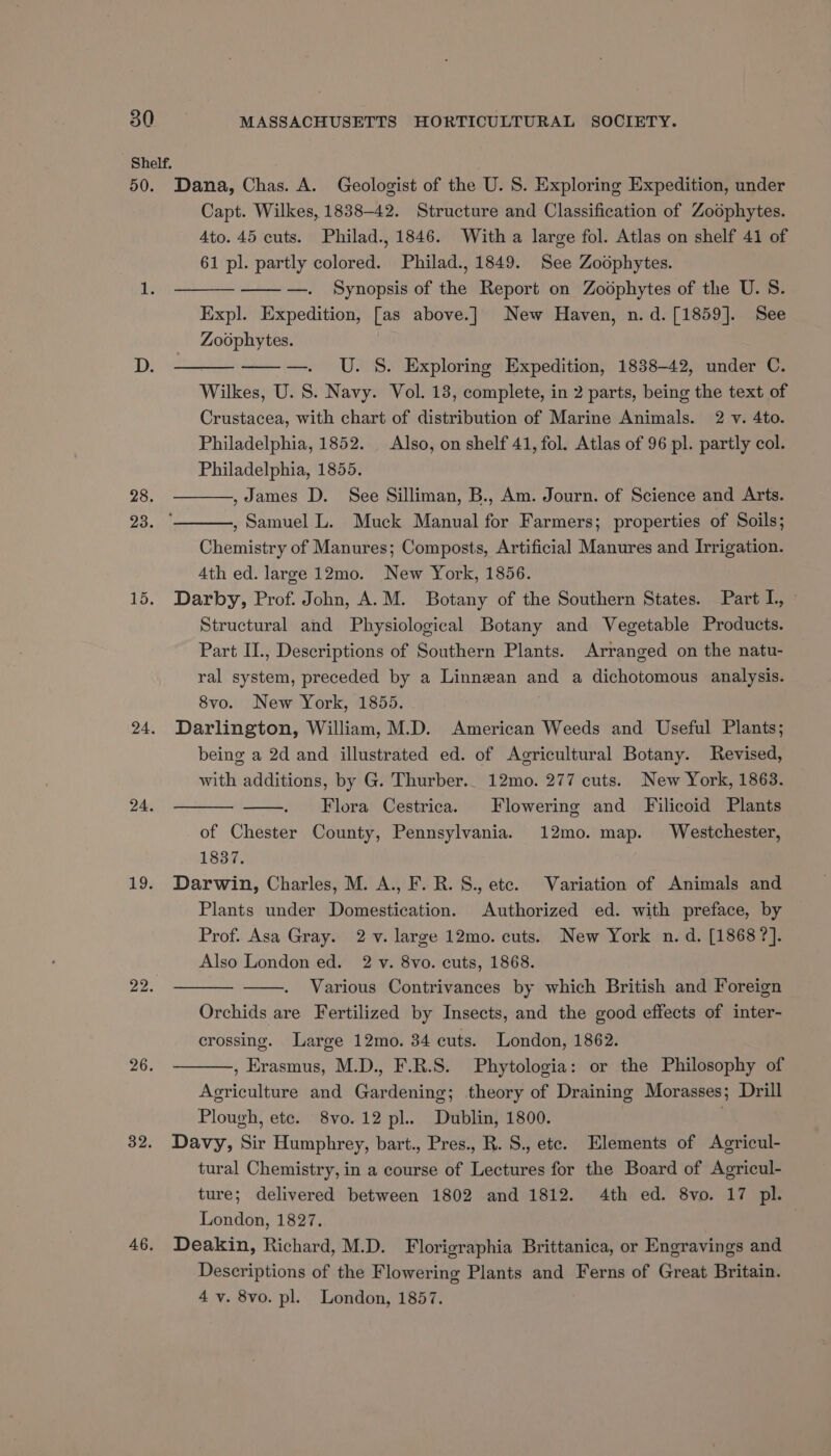 50. 28. 23. 15. 24. 24. 19. 22. 26. 32. 46. Dana, Chas. A. Geologist of the U. S. Exploring Expedition, under Capt. Wilkes, 1838-42. Structure and Classification of Zoophytes. Ato. 45 cuts. Philad., 1846. With a large fol. Atlas on shelf 41 of 61 pl. partly colored. Philad., 1849. See Zoophytes. —. Synopsis of the Report on Zoodphytes of the U. 8. Expl. Expedition, [as above.] New Haven, n.d. [1859]. See Zoophytes. ——. U. S. Exploring Expedition, 1838-42, under C. Wilkes, U. S. Navy. Vol. 13, complete, in 2 parts, being the text of Crustacea, with chart of distribution of Marine Animals. 2 v. 4to. Philadelphia, 1852. | Also, on shelf 41, fol. Atlas of 96 pl. partly col. Philadelphia, 1855. , James D. See Silliman, B., Am. Journ. of Science and Arts. , Samuel L. Muck Manual for Farmers; properties of Soils; Chemistry of Manures; Composts, Artificial Manures and Irrigation. 4th ed. large 12mo. New York, 1856. Darby, Prof. John, A.M. Botany of the Southern States. Part I, Structural and Physiological Botany and Vegetable Products. Part II., Descriptions of Southern Plants. Arranged on the natu- ral system, preceded by a Linnean ns a dichotomous analysis. 8vo. New York, 1855. Darlington, William, M.D. American Weeds and Useful Plants; being a 2d and illustrated ed. of Agricultural Botany. Revised, with additions, by G. Thurber.. 12mo. 277 cuts. New York, 1863. Flora Cestrica. Flowering and Filicoid Plants of Chester County, Pennsylvania. 12mo. map. Westchester, 1837. Darwin, Charles, M. A., F. R. S., ete. Variation of Animals and Plants under Domestication. Authorized ed. with preface, by Prof. Asa Gray. 2 v. large 12mo. cuts. New York n. d. [1868 ?]. Also London ed. 2 v. 8vo. cuts, 1868. Various Contrivances by which British and Foreign Orchids are Fertilized by Insects, and the good effects of inter- crossing. Large 12mo. 34 cuts. London, 1862. , Erasmus, M.D., F.R.S. Phytologia: or the Philosophy of Agriculture and Gardening; theory of Draining Morasses; Drill Plough, ete. 8vo. 12 pl.. Dublin, 1800. Davy, Sir Humphrey, bart., Pres., R. S., ete. Elements of Agricul- tural Chemistry, in a course of Lectures for the Board of Agricul- ture; delivered between 1802 and 1812. 4th ed. 8vo. 17 pl. London, 1827. Deakin, Richard, M.D. Florigraphia Brittanica, or Engravings and Descriptions of the Flowering Plants and Ferns of Great Britain. 4 v. 8vo. pl. London, 1857.
