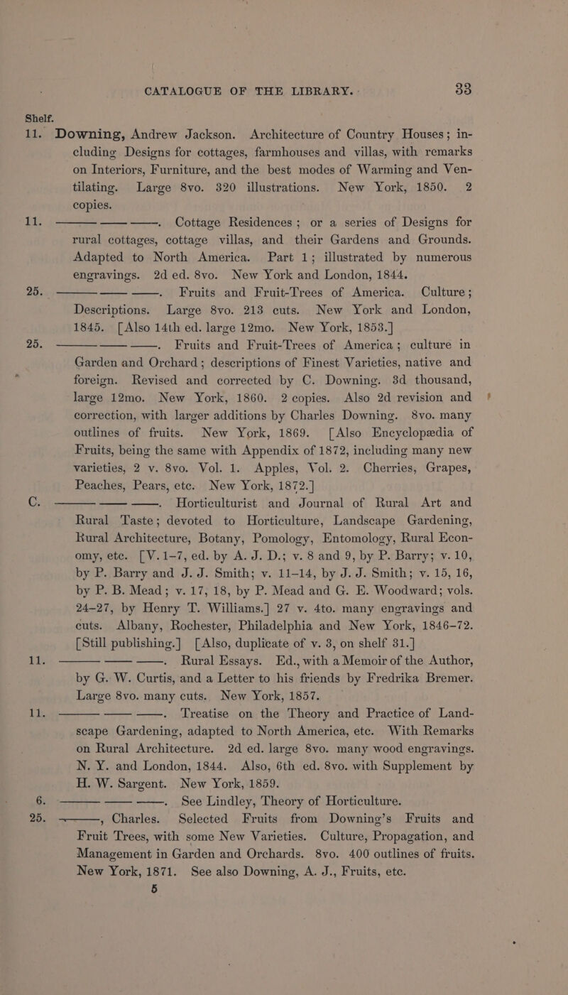 Shelf. 11. Downing, Andrew Jackson. Architecture of Country Houses; in- cluding Designs for cottages, farmhouses and villas, with remarks on Interiors, Furniture, and the best modes of Warming and Ven- tilating. Large 8vo. 320 illustrations. New York, 1850. 2 copies. ; BL —-. Cottage Residences; or a series of Designs for rural cottages, cottage villas, and their Gardens and Grounds. Adapted to North America. Part 1; illustrated by numerous engravings. 2d ed. 8vo. New York and London, 1844. Fruits and Fruit-Trees of America. Culture; Descriptions. Large 8vo. 213 cuts. New York and London, 1845. [Also 14th ed. large 12mo. New York, 1853.] Fruits and Fruit-Trees of America; culture in Garden and Orchard; descriptions of Finest Varieties, native and foreign. Revised and corrected by C. Downing. 38d thousand, large 12mo. New York, 1860. 2 copies. Also 2d revision and correction, with larger additions by Charles Downing. 8vo. many outlines of fruits. New York, 1869. [Also Encyclopedia of Fruits, being the same with Appendix of 1872, including many new varieties, 2 v. 8vo. Vol. 1. Apples, Vol. 2. Cherries, Grapes, Peaches, Pears, etc. New York, 1872. ] Horticulturist and Journal of Rural Art and Rural Taste; devoted to Horticulture, Landscape Gardening, Rural Architecture, Botany, Pomology, Entomology, Rural Econ- omy, etc. [V.1-7, ed. by A. J. D.; v. 8 and 9, by P. Barry; v.10, by P. Barry and J. J. Smith; v. 11-14, by J. J. Smith; v. 15, 16, by P. B. Mead; v. 17, 18, by P. Mead and G. E. Woodward; vols. 24-27, by Henry T. Williams.] 27 v. 4to. many engravings and cuts. Albany, Rochester, Philadelphia and New York, 1846-72. [Still publishing.] [ Also, duplicate of v. 3, on shelf 31.] Rural Essays. Ed., with a Memoir of the Author, by G. W. Curtis, and a Letter to his friends by Fredrika Bremer. Large 8vo. many cuts. New York, 1857. Treatise on the Theory and Practice of Land- scape Gardening, adapted to North America, etc. With Remarks on Rural Architecture. 2d ed. large 8vo. many wood engravings. N. Y. and London, 1844. Also, 6th ed. 8vo. with Supplement by H. W. Sargent. New York, 1859. See Lindley, Theory of Horticulture. 25. ——, Charles. Selected Fruits from Downing’s Fruits and Fruit Trees, with some New Varieties. Culture, Propagation, and Management in Garden and Orchards. 8vo. 400 outlines of fruits. New York, 1871. See also Downing, A. J., Fruits, ete. 5 25. 25. Ly Ads 6. —————