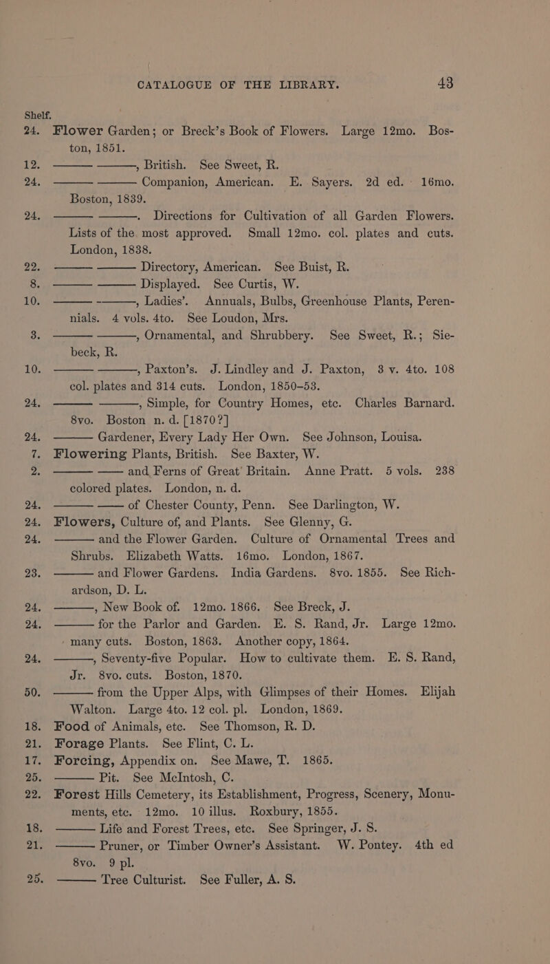 Shelf. 24, Flower Garden; or Breck’s Book of Flowers. Large 12mo. Bos- ton, 1851. 12. , British. See Sweet, R. 24. Companion, American. E. Sayers. 2d ed. 16mo. Boston, 1839. 24. Directions for Cultivation of all Garden Flowers. Lists of the. most approved. Small 12mo. col. plates and cuts. London, 1838. 22. Directory, American. See Buist, R. 8. ———— ——— Displayed. See Curtis, W. 10. - , Ladies’. Annuals, Bulbs, Greenhouse Plants, Peren- nials. 4 vols. 4to. See Loudon, Mrs. 3. , Ornamental, and Shrubbery. See Sweet, R.; Sie- beck, R. 10. , Paxton’s. J. Lindley and J. Paxton, 3 v. 4to. 108 col. plates and 314 cuts. London, 1850-53. 24. , Simple, for Country Homes, etc. Charles Barnard. 8vo. Boston n. d. [1870?] 24. Gardener, Every Lady Her Own. See Johnson, Louisa. 7. Flowering Plants, British. See Baxter, W. and Ferns of Great’ Britain. Anne Pratt. 5 vols. 238 colored plates. London, n. d. of Chester County, Penn. See Darlington, W. 24. Flowers, Culture of, and Plants. See Glenny, G. 24. and the Flower Garden. Culture of Ornamental Trees and Shrubs. Elizabeth Watts. 16mo. London, 1867. 23. and Flower Gardens. India Gardens. 8vo. 1855. See Rich- ardson, D. L. 24. , New Book of. 12mo. 1866. See Breck, J. 24, for the Parlor and Garden. E. S. Rand, Jr. Large 12mo. -many cuts. Boston, 1863. Another copy, 1864. 24. , Seventy-five Popular. How to cultivate them. KE. S. Rand, Jr. 8vo. cuts. Boston, 1870. 50. from the Upper Alps, with Glimpses of their Homes. Elijah Walton. Large 4to. 12 col. pl. London, 1869. 18. Food of Animals, ete. See Thomson, R. D. 21. Forage Plants. See Flint, C. L. 17. Forcing, Appendix on. See Mawe, T. 1865. Pit. See McIntosh, C. 22. Forest Hills Cemetery, its Establishment, Progress, Scenery, Monu- ments, etc. 12mo. 10 illus. Roxbury, 1855. 18. Life and Forest Trees, etc. See Springer, J. S. 21 Pruner, or Timber Owner’s Assistant. W.Pontey. 4th ed 8vo. 9 pl. 25. Tree Culturist. See Fuller, A. S.