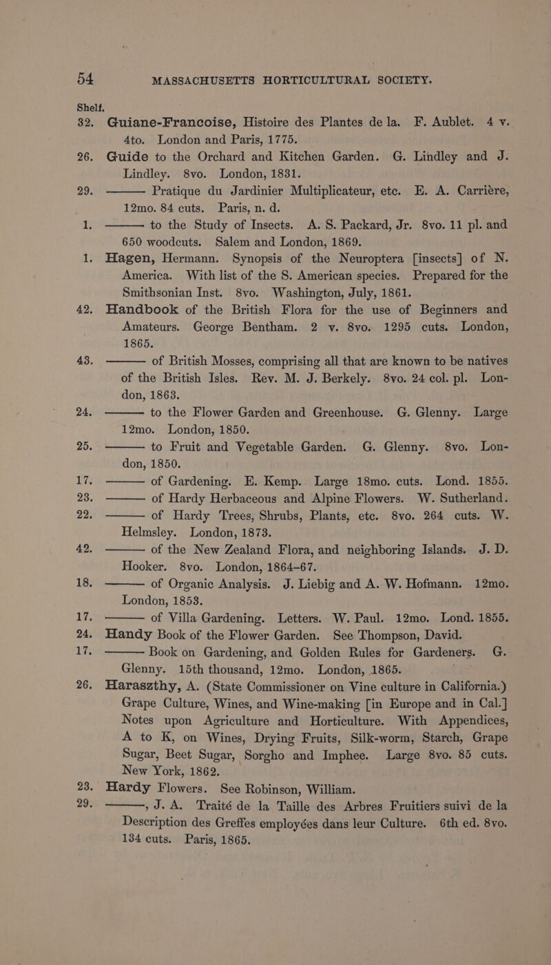Shelf. 32. 26. 29. 42. 43, 24. 25. Lis 23. 22. 42. 18. 17, 24. 17. 26. 23. 29, Guiane-Francoise, Histoire des Plantes dela. F. Aublet. 4 v. Ato. London and Paris, 1775. Guide to the Orchard and Kitchen Garden. G. Lindley and J. Lindley. 8vo. London, 1831. Pratique du Jardinier Multiplicateur, etc. E. A. Carriere, 12mo. 84 cuts. Paris, n. d. to the Study of Insects. A. §. Packard, Jr. 8vo. 11 pl. and 650 woodcuts. Salem and London, 1869. Hagen, Hermann. Synopsis of the Neuroptera [insects] of N. America. With list of the S. American species. Prepared for the Smithsonian Inst. 8vo. Washington, July, 1861. Handbook of the British Flora for the use of Beginners and Amateurs. George Bentham. 2 v. 8vo. 1295 cuts. London, 1865. of British Mosses, comprising all that are known to be natives of the British Isles. Rev. M. J. Berkely. 8vo. 24 col. pl. Lon- don, 1863. to the Flower Garden and Greenhouse. G. Glenny. Large 12mo. London, 1850. to Fruit and Vegetable Garden. G. Glenny. 8vo. Lon- don, 1850. ; of Gardening. E. Kemp. Large 18mo. cuts. Lond. 1855. of Hardy Herbaceous and Alpine Flowers. W. Sutherland. of Hardy Trees, Shrubs, Plants, etc. 8vo. 264 cuts. W. Helmsley. London, 1878. of the New Zealand Flora, and neighboring Islands. J. D. Hooker. 8vo. London, 1864-67. of Organic Analysis. J. Liebig and A. W. Hofmann. 12mo. London, 1853. of Villa Gardening. Letters. W. Paul. 12mo. Lond. 1855. Book on Gardening, and Golden Rules for Gardeners. G. Glenny. 15th thousand, 12mo. London, 1865. Haraszthy, A. (State Commissioner on Vine culture in California.) Grape Culture, Wines, and Wine-making [in Europe and in Cal.] Notes upon Agriculture and Horticulture. With Appendices, A to K, on Wines, Drying Fruits, Silk-worm, Starch, Grape Sugar, Beet Sugar, Sorgho and Imphee. Large 8vo. 85 cuts. New York, 1862. Hardy Flowers. See Robinson, William. ,J.A. Traité de la Taille des Arbres Fruitiers suivi de la Description des Greffes employées dans leur Culture. 6th ed. 8vo. 134 cuts. Paris, 1865.