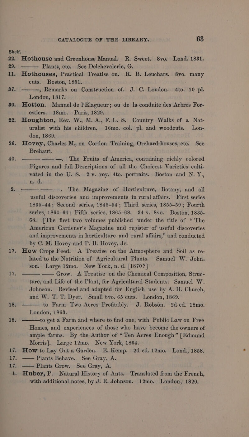 Hothouse and Greenhouse Manual. R. Sweet. 8vo. Lond. 1831. Plants, etc. See Delchevalerie, G. Hothouses, Practical Treatise on. R. B. Leuchars. 8vo. many cuts. Boston, 1851. , Remarks on Construction of. J. C. Loudon. 4to. 10 pl. London, 1817. Hotton. Manuel de l’Elagueur; ou de la conduite des Arbres For- estiers. 18mo. Paris, 1829. Houghton, Rev. W., M. A., F. L. S. Country Walks of a Nat- uralist with his children. 16mo. col. pl. and woodcuts. Lon- don, 1869. Hovey, Charles M., on Cordon Training, Orchard-houses, etc. See Bréhbaut. —. The Fruits of America, containing richly colored Figures and full Descriptions of all the Choicest Varieties culti- vated in the U. 8S. 2-v. roy. 4to. portraits. Boston and N. Y., n. d. —. The Magazine of Horticulture, Botany, and all useful discoveries and improvements in rural affairs. First series 1835-44; Second ‘series, 1845-54; Third series, 1855-59; Fourth series, 1860-64; Fifth series, 1865-68. 34 v. 8vo. Boston, 1835- 68. [The first two volumes published under the title of “The American Gardener’s Magazine and register of useful discoveries and improvements in horticulture and rural affairs,” and conducted by C. M. Hovey and P. B. Hovey, Jr. How Crops Feed. A Treatise on the Atmosphere and Soil as re- lated to the Nutrition of Agricultural Plants. Samuel W. John- son. Large 12mo. New York, n. d. [1870?] Grow. A Treatise on the Chemical Composition, Struc- ture, and Life of the Plant, for Agricultural Students. Samuel W. Johnson. Revised and adapted for English use by A. H. Church, and W. T. T. Dyer. Small 8vo. 65 cuts. London, 1869. to Farm Two Acres Profitably. J. Robson. 2d-ed. 18mo. London, 1863. to get a Farm and where to find one, with Public Law on Free Homes, and experiences of those who have become the owners of ample farms. By the Author of “Ten Acres Enough” [Edmund Morris]. Large 12mo. New York, 1864. How to Lay Out a Garden. E. Kemp. 2ded.12mo. Lond., 1858. —— Plants Behave. See Gray, A. — Plants Grow. See Gray, A. Huber, P. Natural History of Ants. Translated from the French, with additional notes, by J. R. Johnson. 12mo. London, 1820.
